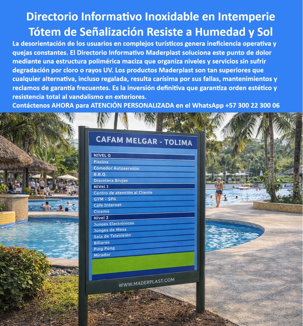 Aviso Inoxidable Submarino Resistente Salinidad Cloro Ácidos Aviso Maderplast Avisos piscinas que no se oxidan Avisos acuáticos que soportan cloro y sal Señales piscinas resistentes a químicos Señales centros recreativos Aviso Señalización Submarina Inoxidable Maderplast: La Ingeniería que Desafía los Límites del Agua, En la gestión de escenarios recreativos de alto nivel, como parques acuáticos, resorts de lujo y piscinas olímpicas, la señalética enfrenta el entorno más hostil inimaginable: la inmersión permanente en agentes químicos. El Aviso Inoxidable Submarino Resistente Salinidad Cloro Ácidos Maderplast no es una simple placa informativa; es una pieza de ingeniería en polímero técnico de alta densidad diseñada para anular la oxidación y el desprendimiento. Mientras que la señalética convencional falla por pérdida de legibilidad o corrosión galvánica en pocos meses, los avisos de alto relieve Maderplast constituyen la única solución definitiva para zonas sumergidas, eliminando por completo los ciclos de reposición por corrosión química., Inmunidad Total: Más Allá del Acero Inoxidable, Un ingeniero jefe de mantenimiento sabe que el término "inoxidable" en metales es relativo cuando se enfrenta al cloro y la salinidad extrema. Los polímeros de alta densidad utilizados por Maderplast son intrínsecamente inmunes a ácidos y químicos, manteniendo una estética impecable y seguridad normativa por décadas sin mantenimiento. Esta señalización submarina técnica garantiza una legibilidad permanente sin desprendimientos en entornos acuáticos críticos, lo que permite a las empresas cumplir con las normas de seguridad sin preocuparse por el deterioro del material., Resistencia Química Absoluta: Fabricados en polímeros inmunes al cloro y la sal, estos letreros son eternos., Mantenimiento Cero: Su diseño inalterable elimina la necesidad de vaciar piscinas o contratar buzos para reparaciones constantes., Sostenibilidad Técnica: Avisos de baja huella de carbono diseñados para una vida útil extraordinaria bajo el agua sin liberar químicos nocivos., Seguridad Normativa: Garantizan que la señalización de emergencia y reglamentaria sea visible permanentemente, evitando sanciones y riesgos operativos., El Cierre Técnico: La Decisión Inteligente para el Presupuesto, Para un profesional de la infraestructura, comprar barato bajo el agua es la ruta más rápida al fracaso financiero. El Costo Total de Propiedad (TCO) de Maderplast es el más bajo del mercado porque anula los gastos recurrentes de buceo y reparación que exige la señalización tradicional. Es una inversión única que protege la imagen corporativa y la seguridad del usuario bajo condiciones de hostilidad química permanente.,  TESTIMONIO DE ÉXITO:, "En nuestras piscinas, la señalización convencional era un desastre financiero; el cloro oxida todo y los avisos se desprendían en meses. Implementamos los avisos inoxidables submarinos de Maderplast y el cambio fue definitivo: llevamos años con señalética que parece nueva. Como afirma nuestro equipo: 'Cualquier otra opción, aunque sea regalada, sale carísima por su corta vida bajo el agua'. Maderplast nos dio la tranquilidad de una inversión única que cumple con la norma ``., — Ing. Francisco Javier Matiz, Ingeniero Jefe de Mantenimiento de Parques Acuáticos., Cuando se trata de señalética sumergida, Maderplast es el fabricante que convierte la vulnerabilidad en durabilidad eterna. No arriesgue la seguridad de sus usuarios ni la integridad de sus activos con materiales que el agua devorará., ¿Le gustaría que preparemos un diseño virtual de su logotipo en alto relieve sumergido para que vea cómo transformará su piscina hoy mismo?, Hable directamente con nuestro Departamento de Ingeniería:, Ing. Soporte Técnico: (+57) 300 22 300 06 | ingenieria@maderplast.co