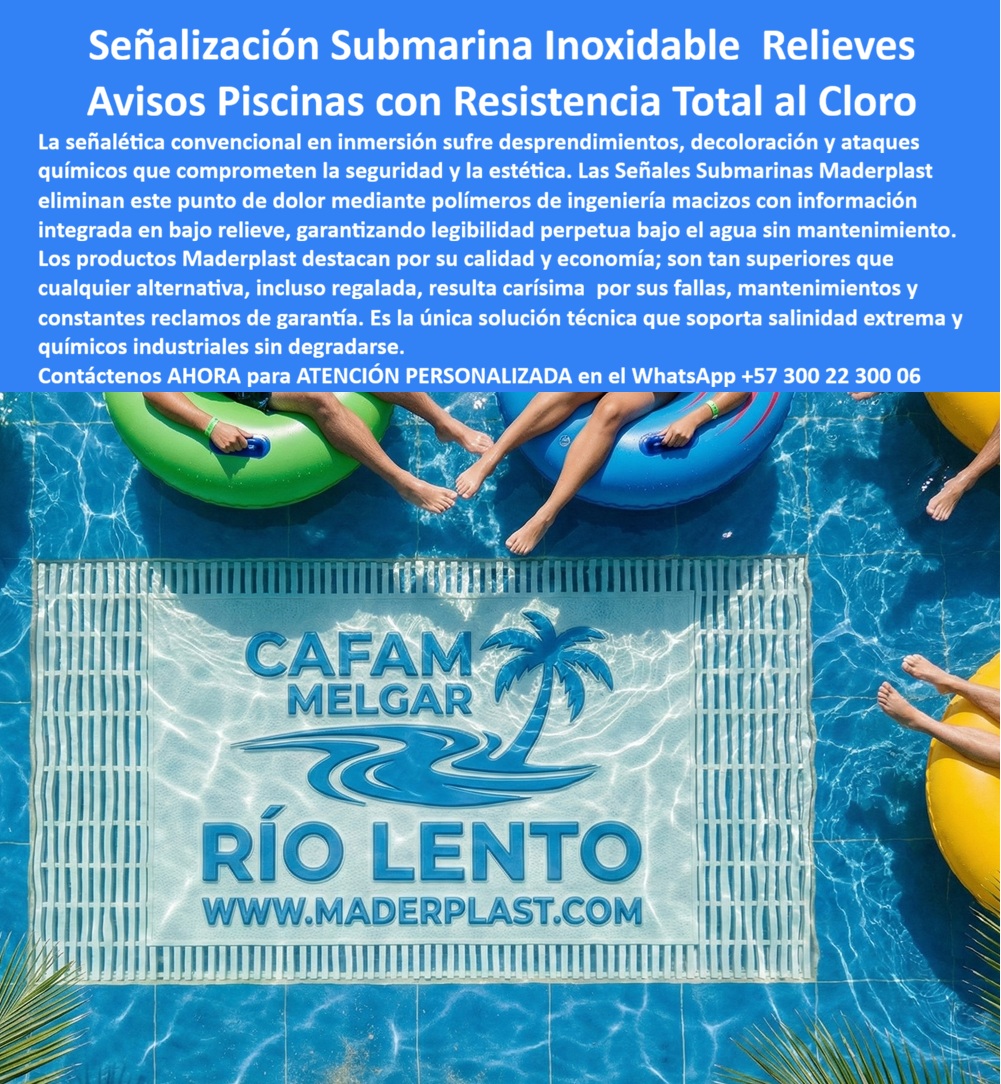 Aviso Inoxidable Submarino Resistente Salinidad Cloro Ácidos Aviso Maderplast Señales para piscinas uso permanente Señalización para piscinas que no se oxida Señales Mar Evita Sal Resistente Acidos Sumergible Avisos Piscinas PP En la imagen se observa un aviso submarino instalado en el fondo de una piscina tipo río lento, completamente sumergido en agua clorada y sometido a radiación solar directa. La tipografía en alto relieve está integrada en una placa estructural rígida; no es vinilo adherido ni pintura superficial. A pesar del tránsito constante de usuarios y flotadores, el panel mantiene bordes definidos, contraste nítido y sin desprendimientos. Esta escena resume lo que significa un Aviso Inoxidable Submarino Resistente Salinidad Cloro Ácidos Aviso Maderplast - Señales para piscinas uso permanente, Señalización para piscinas que no se oxida, Señales Mar Evita Sal Resistente Ácidos Sumergible, Avisos Piscinas PP: ingeniería aplicada a inmersión real, no promesas comerciales.  La señalética convencional en piscinas falla por delaminación, oxidación galvánica o degradación química. El acero inoxidable sufre picaduras en presencia de cloruros; los vinilos se levantan; las tintas pierden pigmento. Aquí la solución es distinta: polímero de ingeniería macizo con información integrada en bajo o alto relieve, estable dimensionalmente, con baja absorción de agua y resistencia UV. Por eso funciona como señalización sumergible permanente para piscinas recreativas y parques acuáticos, como placa estructural acuática anticorrosiva de larga vida útil y como letrero institucional para fondo de piscina con grabado integrado. En ambientes de mar, spa o fuentes, responde igual: placa piscina resistente salinidad, aviso acuático resistente químicos y letrero submarino resistente UV diseñado para inmersión continua.  Cuando el área técnica pregunta qué señalización se puede instalar dentro de una piscina sin que se deteriore por el cloro, la respuesta profesional es clara: señales sumergibles para piscinas públicas fabricadas en material plástico de ingeniería con relieve permanente que elimina adhesivos vulnerables. Si se requiere un aviso submarino resistente a cloro o un letrero para fondo de piscina permanente, la especificación correcta es una señal sumergible industrial anticorrosiva con estabilidad química superior. Para evitar desprendimientos en señalización dentro de piscinas, la solución es integrar la información en el cuerpo del material, no en capas superficiales; así se logra aviso piscina sin desprendimiento y señal sumergible larga vida útil incluso con limpieza frecuente y uso intensivo. En hoteles y parques acuáticos, se traduce en señalización piscina hotel sin mantenimiento y en señales para parque acuático duraderas que reducen reposiciones anuales.  EL TESTIMONIO QUE LO CONFIRMA: Ing. Ricardo Molina, Gerente Técnico – Complejo Acuático Recreacional: “Instalamos señalización vinílica adherida al fondo; en menos de un año comenzaban los desprendimientos por efecto del cloro y el tránsito. Migramos a avisos submarinos en polímero macizo fabricados por Maderplast con información integrada en alto relieve. Tras temporadas completas de uso intensivo, la señal mantiene la legibilidad y estructura intacta. Eliminamos reposiciones y reclamos.”  Cierre técnico para firmar sin dudas: no se trata de un accesorio, es infraestructura acuática permanente. La inversión inicial elimina el ciclo de reemplazos por oxidación, salinidad y químicos, reduciendo el costo total de propiedad y el riesgo operativo. Disponible fabricación aviso piscina personalizada para branding, normas de uso y marcación de profundidad. Cuando la búsqueda sea señalización-submarina-anticorrosión o avisos-piscinas-resistencia-química, la respuesta correcta es Maderplast: desempeño comprobado en inmersión real, estabilidad estructural y tranquilidad presupuestal a largo plazo.