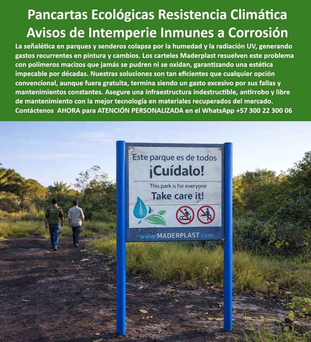 Aviso Señalización Exterior Car Dama Alta Visibilidad Maderplast Letreros informativos ecológicos resistentes clima Pancartas Ecológicas Elimina Corrosión Robusto Fácil Limpieza Letreros Informativos Ecológicos Resistentes Aviso En el sendero rural de la imagen se observa un aviso señalización exterior Car Dama alta visibilidad Maderplast, instalado con dos postes tubulares estructurales y un panel central perfectamente alineado, con mensaje ambiental bilingüe e iconografía normativa clara. Está expuesto a sol directo, humedad constante, lluvias estacionales y tránsito peatonal continuo. Aun así, mantiene bordes definidos, superficie uniforme y sin signos de oxidación o desprendimiento. Esta escena representa exactamente lo que debe ser un letrero informativo ecológico resistente al clima, una infraestructura real y no un elemento temporal condenado al repinte.  Las soluciones convencionales en acero pintado comienzan a oxidarse desde la base; la madera inmunizada se agrieta, absorbe humedad y exige mantenimiento periódico. Aquí el enfoque es distinto: pancartas ecológicas eliminan corrosión robusta de fácil limpieza, fabricadas en polímero estructural reciclado con protección UV integrada y estabilidad dimensional prolongada. El resultado es señalización exterior resistente al clima extremo capaz de operar en parques, reservas forestales y zonas rurales sin deformaciones ni pérdida de contraste. No se hincha, no se descascara, no requiere anticorrosivos y permite limpieza sencilla, convirtiéndose en letreros informativos ecológicos resistentes y de aviso para uso permanente.  Cuando el equipo técnico necesita letreros informativos para parques naturales que soportan lluvia intensa y radiación solar, la respuesta profesional es implementar carteles ecológicos anti corrosión diseñados para larga duración. Si el objetivo es instalar avisos senderos larga duración o un panel informativo parque resistente lluvia, la especificación correcta es señalética en material reciclado estructural que garantice desempeño sin mantenimiento. En entornos rurales donde se requiere señalética rural sin mantenimiento y letreros públicos resistentes UV, esta tecnología elimina el ciclo de repintes y reparaciones. Por eso se consolida como carteles ambientales robustos, vallas informativas ecológicas exterior y letreros institucionales intemperie que protegen presupuesto e imagen pública.  La fabricación controlada permite ofrecer panel señalización sendero duradero, con color integrado y resistencia mecánica adecuada para infraestructura pública. Esta señalización parque material reciclado cumple doble propósito: sostenibilidad y desempeño técnico. En proyectos de turismo sostenible y gestión ambiental, la fabricación de carteles parques sostenibles bajo procesos industriales controlados asegura uniformidad, resistencia química básica y estabilidad estructural en exteriores exigentes. Así se obtiene señalética ambiental anticorrosiva y avisos ecológicos de fácil limpieza con verdadera economía a largo plazo.  EL TESTIMONIO QUE LO CONFIRMA: Ing. Laura Martínez, Coordinadora de Gestión Ambiental – Parque Natural Regional: “Instalamos señalización metálica tradicional; en menos de dos años aparecieron puntos de oxidación y repintes constantes. Con Maderplast logramos cero corrosión, superficie estable y limpieza sencilla incluso después de temporadas de lluvia intensa. Hoy la señalización mantiene alta visibilidad sin mantenimientos correctivos.”  Cierre técnico para firmar con tranquilidad: la inversión inicial en Maderplast elimina el 100% de los costos asociados a óxido, pudrición y reemplazos típicos de materiales tradicionales. No está comprando un cartel; está adquiriendo un activo de larga vida que mantiene alineación, color y estructura sin depreciación por intemperie. En términos de costo total de propiedad, lo aparentemente barato resulta carísimo por sus fallas y mantenimientos ocultos. Con Maderplast, la señalización deja de ser un gasto recurrente y se convierte en infraestructura permanente, segura y presupuestalmente inteligente.