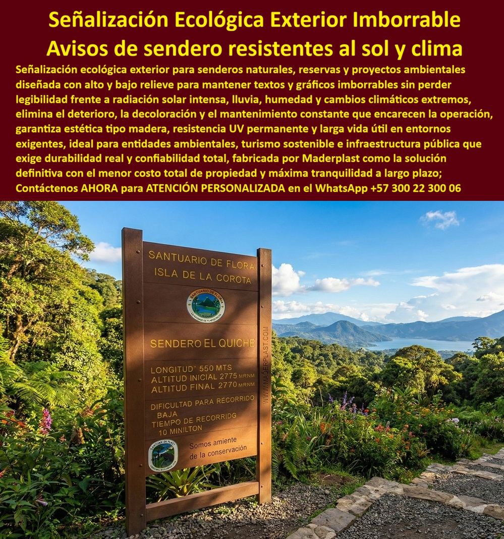 Aviso Señalización Exterior Imborrables Alto Y Bajo Relieve Maderplast Señalización Sendero Ecológico Anticorrosiva Duradera Lista Para Instalar Letreros Informativos Naturales Soluciona Exposición Solar Inalterable Resistencia UV En la imagen se aprecia un Aviso Señalización Exterior Imborrables Alto y Bajo Relieve Maderplast instalado en un entorno de montaña con exposición solar intensa, humedad permanente y variaciones térmicas marcadas. El letrero, con acabado tipo madera natural, integra textos grabados directamente en el material, combinando alto y bajo relieve para garantizar lectura profunda, contraste estable y permanencia gráfica. No hay adhesivos, no hay pintura superficial, no existen capas susceptibles a desprendimiento. La información del sendero, longitud, altitud y nivel de dificultad forma parte estructural del panel, lo que convierte esta pieza en verdadera señalización ecológico anticorrosiva duradera lista para instalar letreros informativos naturales soluciona exposición solar inalterable resistencia UV.  En senderos naturales y reservas ambientales, la madera tradicional se agrieta y decolora; el acero termina oxidándose en uniones y anclajes. Aquí la ingeniería cambia la ecuación: polímero estructural reciclado con estabilización UV permanente, baja absorción de humedad y estabilidad dimensional prolongada. Por eso esta señalización senderos ecológicos resistente sol responde con solvencia técnica donde otros materiales fracasan. Los letreros reserva natural anti corrosión fabricados bajo procesos industriales controlados no requieren barnices ni repintes. Son avisos parque montaña larga vida útil diseñados para décadas, no temporadas.  Los carteles ecológicos grabados con relieve exterior mantienen información legible aun después de lluvia constante y radiación acumulada. Este panel sendero resistente a lluvia y UV elimina mantenimiento correctivo y reduce el costo total de propiedad. Cuando se especifica señalética ambiental sin mantenimiento, la respuesta profesional es una estructura maciza con textos mecanizados en el propio cuerpo del material. Así se logran letreros naturales imitación madera durable que conservan estética y rigidez estructural en proyectos de fabricación, señalización parques nacionales y turismo de naturaleza.  El aviso sendero grabado permanente evita la decoloración progresiva que compromete la seguridad del visitante. Cada cartel informativo montaña resistente clima cumple función crítica en orientación y prevención de riesgos. La señalización turística rural anticorrosiva deja de ser un gasto anual para convertirse en infraestructura estable. Con un panel ecológico resistente a la exposición solar se garantiza identidad institucional intacta y coherente con políticas ambientales. Este letrero reserva forestal de alta durabilidad representa una decisión técnica responsable en términos de sostenibilidad y presupuesto. La señalética sendero bajo costo mantenimiento demuestra que lo verdaderamente económico es lo que no exige reposiciones constantes. Es, en esencia, infraestructura señalización turismo sostenible aplicada con criterio ingenieril.  EL TESTIMONIO QUE LO CONFIRMA: Bióloga Mariana Torres, Coordinadora de Ecoturismo – Santuario Natural Andino: “Nuestros letreros de madera requerían mantenimiento anual y aún así perdían legibilidad por radiación solar. Instalamos señalización grabada en relieve fabricada por Maderplast y, tras temporadas completas de lluvia y sol intenso, los textos permanecen claros y la estructura intacta. Eliminamos repintes y reposiciones.”  Cierre técnico para decisión sin riesgo: la inversión en Maderplast elimina los costos derivados de agrietamiento, oxidación y pérdida de información crítica. No es una compra estética, es una especificación estructural con respaldo técnico, orientada a bajo costo total de propiedad y máxima tranquilidad operativa. Cuando se trata de señalización de senderos ecológicos de alta exposición, Maderplast convierte diseño y fabricación en una solución definitiva, estable, predecible y jurídicamente defendible ante cualquier auditoría técnica.