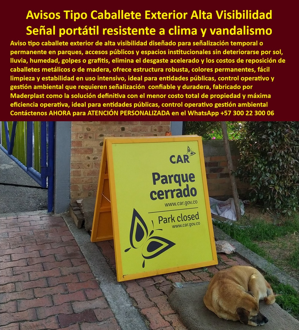 Aviso Señalización Exterior Inoxidable Alta Visibilidad Maderplast Letreros Informativos Naturales Soluciona Deterioro Clima Resistencia Grafitis Señalización ambiental exterior alta durabilidad Letreros Informativos Naturales En la imagen se observa un Aviso Señalización Exterior Inoxidable Alta Visibilidad Maderplast en formato tipo caballete A-frame, instalado en acceso peatonal urbano. El panel frontal amarillo de alta reflectancia garantiza lectura inmediata a distancia, mientras su estructura autoportante mantiene estabilidad sobre superficie irregular. Este no es un caballete convencional; es una pieza diseñada para señalización operativa real en exteriores, donde sol, lluvia, humedad y manipulación constante deterioran rápidamente soluciones metálicas o de madera.  Los caballetes tradicionales fallan en el punto crítico: bisagras que se oxidan, tornillería que se afloja, marcos que se hinchan, pintura que se descascara. Aquí la diferencia es estructural. El letrero tipo A frame anti corrosión fabricado en polímero estructural elimina corrosión, absorción de agua y deformaciones por cambios térmicos. Es un caballete plástico estructural exterior con estabilidad dimensional y color integral, no pintura superficial. Esto significa que el caballete exterior resistente a la lluvia mantiene su apariencia y funcionalidad aun bajo uso intensivo institucional.  Cuando se requiere señal portátil para el parque de alta visibilidad para control de acceso, cierre temporal o gestión ambiental, la exigencia no es estética sino operativa. Este aviso portátil control acceso parque ofrece lectura clara, superficie lisa de fácil limpieza y resistencia básica a graffiti, reduciendo reprocesos y reposiciones. Como señalización móvil resistente graffiti, soporta limpieza frecuente sin degradar el mensaje. El resultado es un letrero portátil sin mantenimiento correctivo periódico.  En entidades públicas y gestión ambiental, la rotación de caballetes es un gasto oculto constante. Este caballete institucional de larga vida útil cambia la lógica financiera: menos compras recurrentes, menor almacenamiento de reemplazos y mejor imagen institucional. Para eventos o cierres temporales, el aviso plegable resistente clima extremo mantiene rigidez estructural sin oxidación en articulaciones. Es un caballete para entidades públicas durable, pensado para uso continuo y transporte repetitivo.  La señal portátil anticorrosiva institucional responde con desempeño predecible frente a exposición UV prolongada. Cómo letrero temporal exterior resistente UV, no pierde contraste ni se deforma. En aplicaciones de turismo, parques o control operativo, el caballete señalizacion ambiental exterior cumple función crítica sin convertirse en problema logístico. Este aviso móvil uso intensivo es una herramienta profesional, no un elemento descartable. La fabricación caballete institucional resistente se realiza bajo procesos industriales controlados y experiencia en plásticos técnicos, garantizando coherencia dimensional y resistencia mecánica.  EL TESTIMONIO QUE LO CONFIRMA: Administrador Operativo – Entidad Ambiental Regional: “Nuestros caballetes metálicos requerían reemplazo frecuente por oxidación en bisagras y deterioro de pintura. Con los caballetes estructurales Maderplast eliminamos compras recurrentes y mejoramos la presentación institucional en accesos públicos.”  Cierre técnico para decisión segura: la inversión inicial en este sistema elimina el ciclo repetitivo de reposición, mantenimiento y reclamos asociados a estructuras metálicas económicas. No se trata de comprar un caballete barato, sino de especificar una solución con bajo costo total de propiedad, estabilidad estructural y desempeño comprobado en intemperie. Cuando una entidad necesita señalización portátil confiable, Maderplast convierte un elemento temporal en un activo duradero, reduciendo riesgo operativo y protegiendo la imagen institucional.
