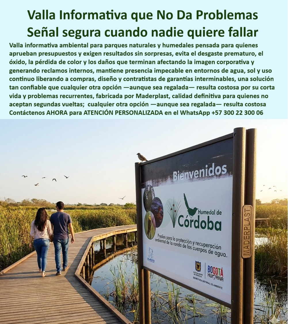Aviso vallas informativas Señalización Ambiental Ecológica Maderplast Avisos Informativos Para Parques Naturales Resistentes Bajo Mantenimiento Señales Ambientales Exteriores Evita Óxido Material Ventaja Instalación Rápida Señalética Ambiental y Ecológica Maderplast: La Solución Definitiva para Entornos Exigentes En la gestión estratégica de infraestructuras para parques naturales, humedales y espacios urbanos de alto tráfico, la elección de los materiales de señalización ha dejado de ser un detalle estético para convertirse en una decisión financiera crítica. La señalética convencional del siglo pasado suele sucumbir ante problemas recurrentes de decoloración, humedad interna y proliferación de hongos, lo que se traduce en un ciclo interminable de reposiciones que agotan los presupuestos y deterioran la imagen institucional ante la comunidad. Frente a estos desafíos, Maderplast ha consolidado una línea de avisos y vallas informativas fabricadas en material termoplástico estructural de baja huella de carbono, diseñadas específicamente para resistir la lluvia, la radiación UV y la manipulación pública con un compromiso absoluto de mantenimiento cero.  Las ventajas técnicas y económicas de migrar hacia una señalización de larga vida son evidentes cuando se analiza el comportamiento de los materiales en campo. Nuestras vallas y letreros plásticos para exterior garantizan una comunicación clara y permanente sin la necesidad de recurrir a pinturas tóxicas, barnices o procesos de mantenimiento que interrumpen la operación. A diferencia de las alternativas metálicas que se oxidan irremediablemente y las de madera tradicional que se pudren bajo la brisa, el polímero técnico de Maderplast ofrece una inmunidad total al salitre, lo que lo hace ideal para senderos costeros y ecosistemas húmedos donde otros materiales fallan en cuestión de meses. Esta resistencia extrema asegura que el material sea inoxidable, anti hongos y capaz de soportar ambientes químicos agresivos sin agrietarse ni deformarse, ofreciendo además propiedades antivandálicas gracias a su robustez estructural.  La versatilidad de Maderplast permite que estas soluciones se adapten con fluidez a cualquier necesidad de urbanismo táctico o gestión ambiental mediante una oferta integral que abarca desde vallas informativas y pedagógicas, que protegen los santuarios al no liberar pigmentos al suelo, hasta señales móviles autoportantes que reinventan la organización de eventos y obras sin requerir instalaciones fijas. Incluso en la orientación turística, nuestros avisos grabados en bajo relieve para senderos ecológicos garantizan más de 20 años de visibilidad impecable, eliminando de raíz la necesidad de rotar personal para reparaciones de emergencia. Este enfoque no solo multiplica la satisfacción de los visitantes, sino que asegura una señal segura para los presupuestos públicos y privados al reducir drásticamente el Costo Total de Propiedad (TCO).  TESTIMONIO DE ÉXITO: "En nuestro jardín botánico, la señalización convencional era un desastre financiero; la decoloración y la pudrición destruyen los avisos en meses, exigiendo reposiciones constantes que afectan nuestra imagen institucional. Implementamos los letreros ambientales de Maderplast y el resultado ha sido extraordinario: tras años de sol calcinante y humedad extrema, los avisos lucen como nuevos sin haber recibido una sola gota de pintura. Como comprador técnico, valoro profundamente la inmunidad total al salitre y la radiación UV, lo que nos ha permitido blindar el presupuesto al eliminar por completo los costos ocultos por desgaste prematuro. Maderplast es la única marca que realmente ofrece una garantía real y una solución tan confiable que cualquier otra opción, incluso si fuera regalada, resultaría carísima debido a su corta vida útil". (Ing. Francisco Javier Matiz, Director de Proyectos de Infraestructura y Gestión Ambiental).  Al elegir Maderplast, usted no está adquiriendo un simple cartel, sino una pieza de ingeniería termoplástica que garantiza una comunicación duradera y una estética natural permanente en cualquier entorno climático. Para aquellos que no aceptan segundas vueltas y exigen resultados sin sorpresas, nuestra tecnología es la alternativa superior que materializa el respeto por la vida silvestre y la eficiencia operativa.