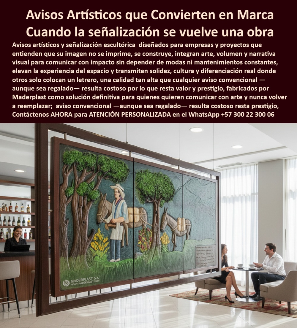 Avisos Artísticos Carteles Obra De Arte Señalización 3d Artistica Maderplast Avisos Fachada 3D Exterior Sin Mantenimiento Letreros Señalización Artística Tallada Impactos Fácil Instalación Únicos Señalización Fachada Corporativa Avisos Artísticos Carteles Obra de Arte Señalización 3D Artística Maderplast – Avisos Fachada 3D Exterior Sin Mantenimiento, Letreros Señalización Artística Tallada Impactos Fácil Instalación Únicos, Señalización Fachada Corporativa  La imagen muestra un mural tridimensional tallado en alto relieve, suspendido en marco estructural dentro de un espacio corporativo de alto nivel. No es un cuadro decorativo convencional; es señalización 3D artística Maderplast diseñada para comunicar identidad, historia y prestigio con volumen real. Cuando la señalización se convierte en obra de arte, deja de ser un gasto operativo y pasa a ser un activo reputacional permanente.  El problema técnico de los avisos tallados tradicionales en madera natural o metal es su vulnerabilidad estructural. La humedad genera hongos, el salitre acelera la corrosión, la radiación UV degrada barnices y los cambios térmicos producen grietas. En fachadas costeras o interiores con variación ambiental, la restauración se vuelve recurrente: lijado, sellado, repinte, reposición parcial. Cada intervención afecta presupuesto y percepción de marca. Un aviso deteriorado no sólo envejece el material; envejece la imagen corporativa.  Los Avisos Artísticos Carteles Obra de Arte Señalización 3D Artística Maderplast se fabrican en polímero macizo de ingeniería, tallado con precisión milimétrica para lograr bajo relieve profundo y texturas realistas. Los Avisos Fachada 3D Exterior Sin Mantenimiento no dependen de barnices ni pinturas superficiales; el color y la estructura están integrados en el material, lo que elimina pudrición, oxidación y descascarar. Esta señalización fachada corporativa mantiene su detalle artístico intacto frente a radiación UV intensa, humedad constante y limpieza frecuente.  Desde el punto de vista técnico, el material es dimensionalmente estable, resistente a impactos moderados y sin corrosión galvánica. Los letreros de señalización artística tallada de impactos de fácil instalación únicos pueden diseñarse con anclajes estructurales calculados para interiores o exteriores, incluyendo fachadas de hoteles, restaurantes, centros culturales y desarrollos turísticos. El polímero no tiene valor de chatarra, reduciendo el riesgo de hurto en espacios públicos.  En términos financieros, la decisión debe evaluarse en costo total de propiedad. Los Avisos decorativos sin mantenimiento eliminan ciclos anuales de restauración y reposición. Un mural 3D en polímero macizo puede superar ampliamente los 20 años de vida útil sin intervenciones correctivas mayores, mientras que la madera tradicional exige mantenimiento periódico. Por eso afirmamos con criterio técnico que los productos Maderplast son tan superiores que cualquier alternativa convencional —aunque parezca económica— termina siendo más costosa por fallas estructurales y pérdida de estética.  Para soportar la decisión ante arquitectos, gerencias o comités directivos, Maderplast suministra ficha técnica descargable en PDF con propiedades mecánicas, recomendaciones de instalación y sistema de anclaje; soporte de ingeniería para integración arquitectónica; y desarrollo personalizado desde boceto artístico hasta modelado 3D previo a fabricación. Puede solicitar cotización formal, renders y producción exclusiva para proyectos de alta gama.  Si su proyecto requiere Señalización escultórica de alto impacto, cuadros artísticos exteriores resistentes o Imagen corporativa artística inmune al tiempo y al clima, solicite ahora la ficha técnica PDF y una cotización personalizada. Con datos técnicos claros, la señalización deja de ser decoración y se convierte en infraestructura de marca permanente.  Atención personalizada al WhatsApp +57 300 22 300 06.