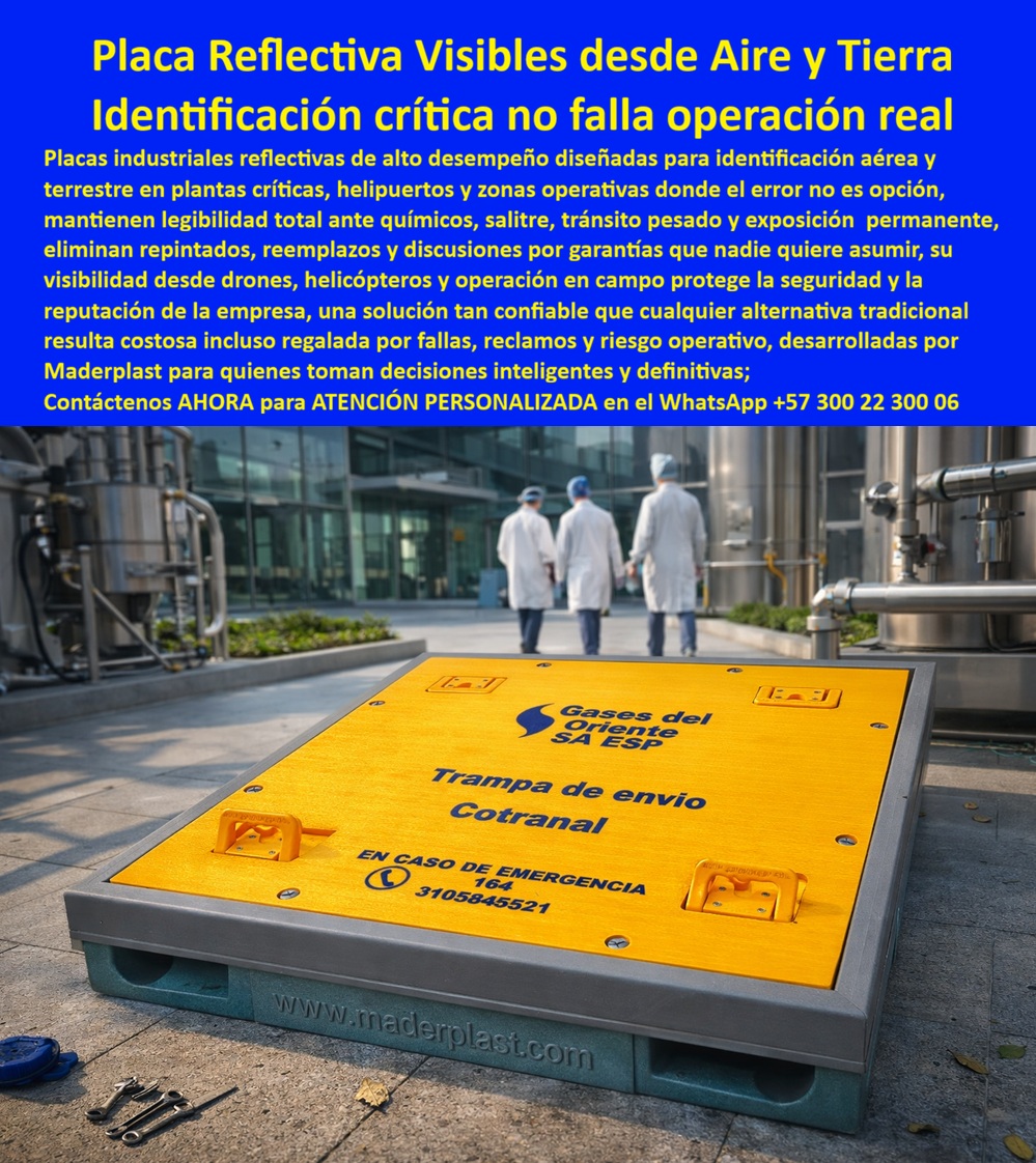 Avisos Corporativos Reflectivos Señales Aéreas Placas Helipuerto Maderplast Avisos Reflectivos Pisos Industriales Contra Químicos Y Salitre Señales industriales visibles desde drones y helicópteros Placas industriales reflectivas La imagen muestra una placa reflectiva visible desde aire y tierra instalada en el piso técnico de una planta industrial, con acabado amarillo de alto contraste, información grabada permanente y fijación mecánica reforzada. El entorno evidencia operación real: tránsito constante, equipos industriales, exposición a químicos y condiciones ambientales exigentes. No es una señal decorativa; es una solución de identificación crítica diseñada para que la operación no falle. Estamos ante Avisos Corporativos Reflectivos Señales Aéreas Placas Helipuerto Maderplast - Avisos Reflectivos Pisos Industriales Contra Químicos Y Salitre, Señales industriales visibles desde drones y helicópteros Placas industriales reflectivas, desarrolladas para escenarios donde el error no es una opción.  En plantas petroquímicas, PTAR, PTAP, helipuertos y zonas energéticas, la señalización convencional metálica se oxida, pierde contraste y obliga a repintados constantes. Eso no solo incrementa costos; genera riesgo operativo y observaciones HSEQ. Una placa reflectiva industrial alta resistencia química fabricada en polímero técnico estructural elimina corrosión, salitre y degradación por rayos UV. El color es integral, no pintura superficial; el texto está grabado en relieve permanente. Esto garantiza que la identificación aérea para infraestructura industrial se mantenga legible desde drones, helicópteros y supervisión terrestre continua.  Cuando un responsable técnico afirma: “Busco una señal aérea visible desde drones industriales para planta crítica con exposición química”, la respuesta es precisa: una señal reflectiva estructural para plantas energéticas con fijación robusta, superficie antideslizante y resistencia a tránsito pesado. Si la necesidad es “identificación piso helipuerto resistente UV”, la solución correcta es una placa industrial anticorrosiva de tránsito pesado que no pierda contraste ni integridad estructural. Para operación 24/7, se requiere señalización de piso reflectiva para operación 24/7, no una lámina metálica susceptible a deterioro.  Estas placas técnicas para redes de gas industrial y zonas críticas ofrecen reflectividad optimizada para supervisión aérea, eliminando mantenimiento anual y sustituciones prematuras. En ambientes con salinidad o químicos agresivos, la identificación reflectiva resistente al salitre proteja la seguridad y la reputación corporativa. La estructura maciza soporta cargas dinámicas y vibración constante; la superficie antideslizante aporta seguridad adicional en tránsito peatonal o vehicular. La placa industrial antideslizante para zonas críticas no se deforma ni se desprende bajo uso continuo.  Frente a alternativas tradicionales, esta solución reduce drásticamente el costo total de propiedad. Lo que parece económico en metal termina siendo costoso por corrosión, repintes y fallas estructurales. Una placa piso industrial sin mantenimiento anual representa inversión inteligente: menos intervenciones, menos reclamos, mayor continuidad operativa. Por eso cada placa reflectora industrial de alta resistencia química se convierte en activo permanente y no en gasto recurrente.  Desde la perspectiva técnica, el cierre es contundente: la señalización debe cumplir normativas internas de seguridad, soportar exposición UV continua y resistir químicos industriales sin perder contraste. Maderplast fabrica estas soluciones bajo procesos industriales controlados, con experiencia en plásticos técnicos y desarrollo a medida. El cliente puede solicitar planos, renders, fichas descargables y producción en serie adaptada a su infraestructura. La documentación técnica respalda la decisión del ingeniero que firma la orden de compra.  Cuando la exigencia es señalización aérea permanente para operación crítica, la elección no puede basarse en precio inicial sino en desempeño comprobado. Estas placas industriales de grabado permanente de alta durabilidad aseguran legibilidad total desde aire y tierra, protegiendo activos estratégicos y evitando sanciones o incidentes. La inversión inicial se traduce en eliminación de corrosión, cero repintes y estabilidad estructural prolongada.  Para proyectos en plantas químicas, energéticas o logísticas que demanden señal reflectiva para plantas petroquímicas, identificación aérea robusta o señalización técnica visible desde helicóptero, la solución está diseñada para operar sin fallar.  Asesoría técnica especializada y cotización estructurada disponible en WhatsApp +57 300 22 300 06. Con Maderplast, la señalización crítica deja de ser un punto débil y se convierte en garantía operativa permanente