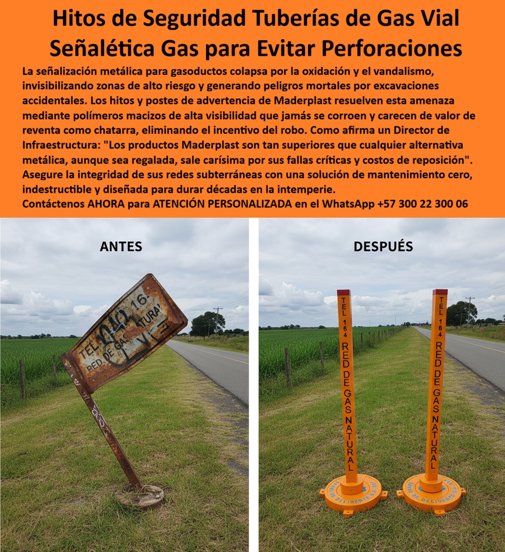 Avisos Preventivos Gas Subterráneo Postes De Advertencia Maderplast Hitos de seguridad para tuberías de gas Señales de gas para evitar perforaciones avisos de gasoductos para prevenir accidentes Polín Seguridad Tubería Gas Vial En la imagen se evidencia un contraste contundente en infraestructura crítica: a la izquierda, un poste metálico inclinado, corroído y prácticamente ilegible; a la derecha, dos Avisos Preventivos Gas Subterráneo Postes De Advertencia Maderplast en color naranja de alta visibilidad, perfectamente verticales, con tipografía negra integrada que identifica la red y el número de contacto. Esta comparación no es estética, es técnica: representa la diferencia entre riesgo latente y prevención efectiva en campo.  Los sistemas tradicionales en acero pintado para gasoductos colapsan por oxidación, vandalismo y pérdida de anclaje. Cuando la placa se desprende o el texto desaparece, la red queda invisible y aumenta la probabilidad de excavaciones accidentales. Aquí entran los Hitos de seguridad para tuberías de gas desarrollados en polímero estructural macizo con protección UV permanente. No se oxidan, no se deforman por humedad, no requieren repinte y, crucialmente, no tienen valor como chatarra, eliminando el incentivo de robo que afecta a la señalización metálica convencional.  Estas Señales de gas para evitar perforaciones están diseñadas con geometría vertical de lectura inmediata y contraste normativo, optimizando la detección por operadores de retroexcavadora, cuadrillas de obra y contratistas de mantenimiento vial. Los avisos de gasoductos para prevenir accidentes cumplen una función preventiva real: advertir antes de que la maquinaria toque el subsuelo. Cada Polín Seguridad Tubería Gas Vial actúa como punto de referencia permanente sobre corredores energéticos críticos.  Cuando se busca hitos para red de gas natural que soporten radiación solar intensa, lluvia continua y ambientes rurales abiertos, la solución debe ser estructural, no superficial. Estos postes advertencia gasoducto resistente al clima mantienen estabilidad dimensional por décadas. La señalización preventiva de gas subterráneo durable evitar reposiciones periódicas. Los marcadores red gas anticorrosión conservan color integral sin descascaramiento. El poste naranja alta visibilidad gas cumple con códigos cromáticos de advertencia. Las señales para evitar perforar tuberías gas protegen vidas y activos estratégicos. Los hitos seguridad ductos rurales permanecen verticales y legibles pese a vibraciones y variaciones térmicas. Los postes sin valor chatarra anticorrosivos reducen pérdidas por hurto. La señalización gas natural larga vida útil disminuye el costo total de propiedad. El polín advertencia red subterránea reemplaza soluciones frágiles. El marcador de infraestructura energética resistente UV mantiene un desempeño técnico estable. El poste señal gas mantenimiento cero elimina cuadrillas de repinte. La señal preventiva de ductos subterráneos durables reduce la exposición legal. La fabricación de hitos red gas institucional bajo procesos industriales controlados garantiza uniformidad. En conjunto, es una infraestructura señalización energética anticorrosiva pensada para utilities exigentes.  Testimonio operativo que respalda la decisión: Ing. Andrés Velásquez, Director de Operaciones – Empresa Regional de Gas Natural: “Sustituimos postes metálicos por hitos Maderplast en polímero estructural. La visibilidad permanece intacta tras ciclos de lluvia y radiación intensa, y al no tener valor metálico se eliminó el robo. Desde su instalación no programamos mantenimiento correctivo.”  Cierre técnico para aprobación sin dudas: invertir en Maderplast no es comprar un poste, es blindar la integridad de la red subterránea y reducir riesgo operativo y jurídico. Se elimina corrosión, reposición recurrente y pérdida de visibilidad crítica. El resultado es continuidad preventiva, menor costo total de propiedad y respaldo defendible ante auditorías y aseguradoras. Cuando se trata de señalización para redes de gas, Maderplast convierte un punto vulnerable en un sistema permanente de seguridad.