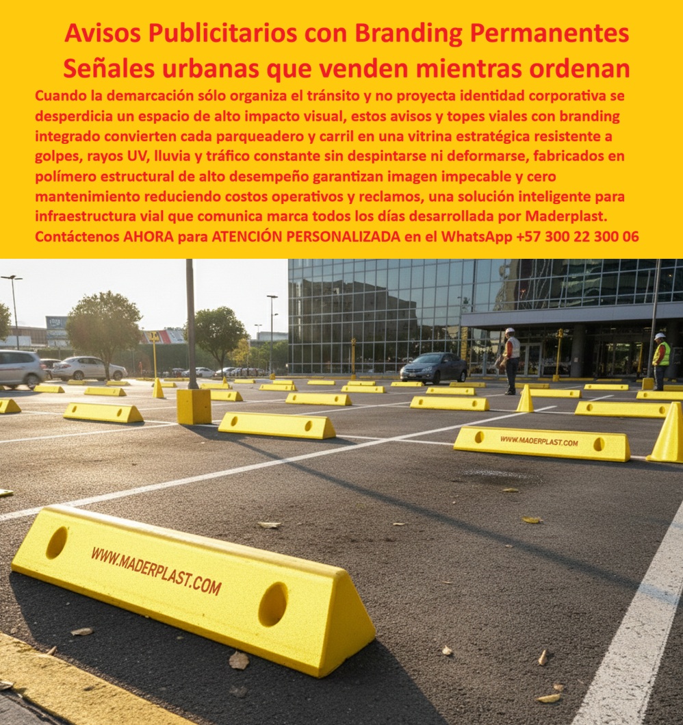 Branding Publicitario Aviso Con Branding Urbano Señaletica Publicitaria Maderplast Demarcación vial con branding publicitario funcional Señales de Infraestructura vial con branding publicitario Señal Hitos Demarcación Branding En la imagen se observa un parqueadero corporativo de gran formato perfectamente organizado con módulos amarillos alineados en cada puesto y carril. No son simples topes; son Branding Publicitario Aviso Con Branding Urbano Señalética Publicitaria Maderplast - Demarcación vial con branding publicitario funcional, Señales de Infraestructura vial con branding publicitario, Señal Hitos Demarcación Branding convertidos en infraestructura estratégica. Cada pieza, tipo tope separador modular de parqueadero, presenta geometría prismática baja, perforaciones para anclaje mecánico y drenaje, y un acabado en color integral de alta visibilidad que no depende de pintura superficial. El resultado es una señalización física para estacionamiento exterior que ordena, protege y comunica marca todos los días.  Cuando la demarcación tradicional solo pinta líneas que se borran con la abrasión, se pierde presupuesto en repintados constantes y la imagen corporativa se deteriora. Aquí la lógica cambia: los topes separadores parqueadero alta visibilidad funcionan como separadores viales para ordenamiento de tráfico interno, y al mismo tiempo como soporte de identidad permanente. El branding integrado —grabado o incorporado en el cuerpo— transforma cada separador de carril con branding integrado en una vitrina funcional que trabaja 24/7. Esto es verdadera señalización vial corporativa para parqueos grandes, diseñada para soportar tráfico continuo, lluvia, rayos UV y limpieza frecuente sin decoloración.  El cliente técnico que busca delimitadores de carril para estacionamiento exterior necesita algo más que estética; exige estabilidad dimensional, resistencia a impacto y cero corrosión. Por eso estos delimitadores de parqueadero para centros comerciales están fabricados en polímero estructural de alto desempeño, ofreciendo comportamiento anticorrosivo y larga vida útil. Frente a soluciones metálicas o pintadas, esta propuesta elimina el mantenimiento anual y reduce el costo total de propiedad. Es infraestructura vial parqueadero bajo mantenimiento, no un gasto recurrente.  Las respuestas son claras y profesionales. Ante la necesidad de “¿Qué topes de parqueadero no se despintan con el sol?”, la afirmación técnica es directa: topes viales con logo corporativo permanente fabricados en material de color integral resistente a UV. Si el objetivo es evitar repintar cada año, la solución son separadores modulares para parqueo tráfico constante que comunican sin depender de pintura. Cuando se requiere demarcación de parqueadero durable resistente UV, estos módulos reemplazan líneas efímeras por estructura física robusta.  Cada tope vial resistente a UV y tráfico está pensado para operación 24/7 en centros comerciales, aeropuertos, universidades y complejos empresariales. Son topes de parqueadero resistentes a lluvia y abrasión, ideales como separadores de estacionamiento color integral y como tope delimitador carril parqueadero instalación rápida gracias a su sistema de fijación mecánica. En proyectos donde se exige coherencia visual, estos topes delimitadores con branding funcional elevan la percepción de orden y profesionalismo.  Desde la perspectiva financiera, el mensaje es contundente: la inversión inicial se convierte en ahorro inmediato al eliminar repintados, corrosión y reemplazos prematuros. Los demás productos, aunque parezcan económicos, resultan costosos por mantenimiento oculto, pérdida de imagen y reposiciones frecuentes. Aquí se adquiere un activo duradero, una señalización física de parqueaderos sin repintado que protege la marca y la operación simultáneamente.  Maderplast desarrolla estas soluciones bajo procesos industriales controlados, con experiencia en plásticos técnicos y capacidad de personalización. El cliente puede solicitar cotización, planos de implantación, renders, prototipos o producción en serie para proyectos de gran escala. Cuando se trata de señalización vial corporativa sin mantenimiento, Maderplast es el fabricante que convierte ideas en piezas reales listas para instalar.  El cierre técnico es simple y sólido: el ingeniero que firma la orden de compra necesita respaldo y tranquilidad. Aquí obtiene un sistema resistente, anticorrosivo, estable frente a tráfico y clima, con branding permanente y documentación técnica disponible. No es una compra emocional; es una decisión racional que protege presupuesto, imagen y operación.  Asesoría especializada y acompañamiento técnico directo en WhatsApp +57 300 22 300 06. Con Maderplast, el parqueadero deja de ser solo un espacio funcional y se convierte en una infraestructura inteligente que ordena, comunica y vende todos los días.