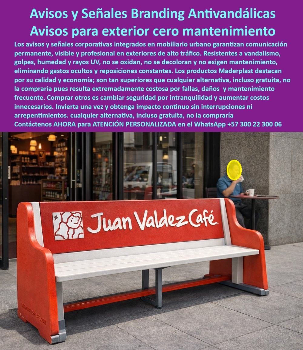 Publicidad Urbana Funcional Avisos Corporativos Antivandálicos Maderplast avisos y señales de Cero Mantenimiento Letras Gigantes Parques Y Espacios Públicos Letras 3D Gigantes Sin Óxido Ligeras Todo Clima Figuras 3D Publicidad Urbana Funcional Avisos Corporativos Antivandálicos Maderplast – Avisos y Señales de Cero Mantenimiento, Letras Gigantes Parques y Espacios Públicos, Letras 3D Gigantes Sin Óxido Ligeras Todo Clima, Figuras 3D, La imagen muestra mobiliario urbano funcional con branding integrado en volumen real: una banca publicitaria con identidad corporativa en relieve mecánico permanente. No es un adhesivo ni pintura superficial; es un sistema estructural en polímero macizo diseñado para exteriores de alto tráfico. Cuando la marca se integra en la masa del material, deja de depender del mantenimiento y se convierte en infraestructura permanente., El problema de los avisos metálicos o de madera en espacio público es técnico y financiero: corrosión galvánica, desprendimiento de pintura, vandalismo, salinidad, dilataciones térmicas y ciclos constantes de repinte. Cada intervención incrementa el costo total de propiedad y deteriora la percepción de la marca. Un banco oxidado o un letrero pelado no comunica prestigio; comunica abandonó., Los Avisos y Señales de Cero Mantenimiento Maderplast están fabricados en polímero estructural de alta densidad, 100% inoxidable, resistente a radiación UV extrema, humedad permanente y ambientes costeros. Las Letras 3D Gigantes Sin Óxido Ligeras Todo Clima y el mobiliario urbano publicitario integran el logotipo mediante relieve permanente, eliminando adhesivos, vinilos y capas superficiales que fallan con el tiempo. El material no tiene valor de chatarra, reduciendo el riesgo de hurto en espacios públicos. Desde el punto de vista estructural, el sistema soporta impactos moderados, limpieza frecuente y uso continuo sin deformarse ni agrietarse. La estabilidad dimensional frente a cambios térmicos evita fisuras y desprendimientos. Esto convierte a las Figuras 3D y letras monumentales en activos urbanos de larga vida útil, superando ampliamente al acero pintado o MDF exterior. Financieramente, la diferencia es clara: mantenimiento cero significa eliminación de ciclos anuales de pintura, restauración o reposición. En proyecciones a 10–20 años, la inversión inicial resulta significativamente más baja que alternativas convencionales debido al ahorro operativo acumulado. Por eso, cualquier opción “económica” termina siendo más costosa cuando se analiza el TCO real., Para respaldo técnico y aprobación institucional, Maderplast entrega:, – Ficha técnica en PDF con propiedades mecánicas, resistencia UV y comportamiento ante humedad., – Planos de anclaje estructural para instalación en concreto o suelo compactado., – Renders personalizados y modelado 3D previo a fabricación., – Producción en serie o fabricación a medida para Smart Cities, parques, plazas y centros comerciales., Si su proyecto requiere Letras gigantes parques públicos, Publicidad urbana funcional duradera o Señalética técnica polímero macizo sin riesgo de corrosión, esta no es decoración; es infraestructura urbana permanente., Solicite ahora cotización técnica y ficha PDF para su comité de compras., Atención directa por ingeniería comercial: WhatsApp +57 300 22 300 06.