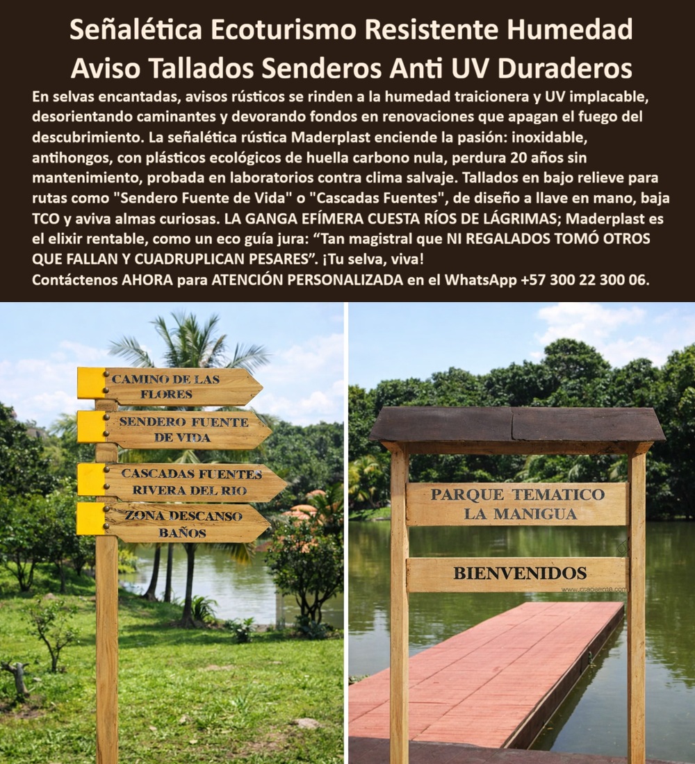 Señalización Turística Cartes Señales Bajo Relieve Avisos Madera Maderplast Señalética Rústica Resistente Humedad Avisos Tallados Señales Turísticas Ecológicas Tipo Poste Carteles Parques Informativos Químicos Instalar Señalización Turística y Ambiental Maderplast: La Ingeniería de la Perennidad en el Ecoturismo En la gestión de infraestructuras para la conservación, la señalización turística rústica de madera plástica Maderplast se posiciona como la solución técnica definitiva para senderos, humedales y santuarios de flora. A diferencia de los materiales convencionales que sucumben ante la humedad traicionera y la radiación UV implacable, estos sistemas fabricados con termoplástico estructural de alta densidad ofrecen una estética natural superior con una resistencia propia de la ingeniería de vanguardia.  La superioridad de esta tecnología radica en su capacidad para enfrentar climas salvajes sin degradarse. Nuestras placas y postes son intrínsecamente inoxidables, antihongos e inmunes a la humedad permanente, lo que evita la pudrición interna que suele destruir la madera natural en pocos meses. Al ser un material con protección anti-UV integrada, los carteles mantienen su color y legibilidad bajo el sol calcinante sin necesidad de recurrir a barnices tóxicos o pinturas que contaminan el ecosistema. Esta durabilidad extrema, probada para superar los 20 años de vida útil, garantiza que la imagen institucional permanezca impecable, eliminando de raíz los costos operativos por reparaciones anuales.  El diseño de estos avisos incluye un sistema de tallado en bajo relieve mediante tecnología CNC que asegura una comunicación clara y permanente. Al ser grabados directamente sobre el polímero, los textos no se borran ni se emborronan con la lluvia, lo que resulta vital para rutas pedagógicas y turísticas en áreas de alta montaña o zonas costeras. Además, la robustez del material termoplástico actúa como una barrera contra el vandalismo y, al carecer de valor de reventa para recicladores, mitiga el riesgo de robo que afecta constantemente a la señalética metálica en parques públicos.  TESTIMONIO DE ÉXITO: "En nuestras reservas y senderos, la señalización convencional era un desastre financiero; la madera se pudría y los letreros metálicos se oxidaban en solo seis meses por la brisa marina. Implementamos las señales rústicas de Maderplast y la historia cambió radicalmente: pasamos de cambiar avisos cada semestre a tener una infraestructura que parece nueva tras tres años de sol calcinante y lluvia permanente. Como ingeniero que exige resultados sin sorpresas, valoro que sea un material que no se oxida, no se borra y elimina el dolor de cabeza de las reposiciones constantes. Es la apuesta ganadora para cualquier gestor que quiera un mapa vivo e impecable sin desperdiciar presupuesto en reparaciones inútiles". (Ing. Francisco Javier Matiz, Director de Infraestructura y Gestión Ambiental).  Elegir Maderplast es realizar una inversión económicamente inteligente que protege el presupuesto al reducir drásticamente el Costo Total de Propiedad (TCO). Al suprimir las rotaciones de personal para mantenimiento y las compras recurrentes de materiales de baja calidad, permitimos que los recursos se enfoquen en la verdadera misión del proyecto: la conservación y el disfrute del visitante.  ¿Desea que un especialista de Maderplast diseñe hoy mismo una propuesta técnica para su red de senderos o prefiere que avancemos con el siguiente producto de su catálogo?