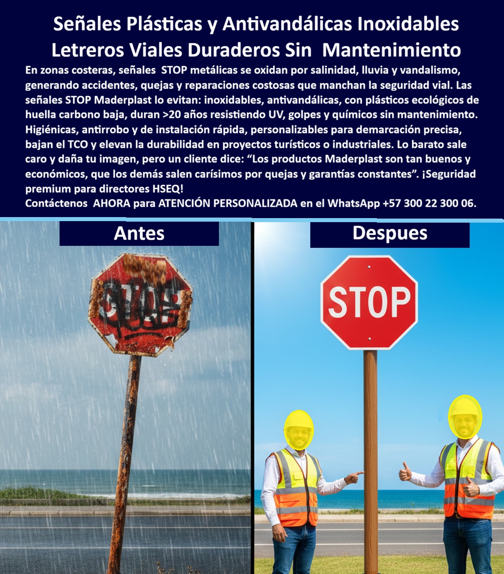Señalética Kilométrica Señal Hitos Carretera Demarcación Vial Maderplast Hitos Kilométricos Carreteros Alta Visibilidad Larga Vida Señalización Kilométrica Vial Alta Durabilidad Exterior Hitos Viales Kilométricos Precisión Visual La imagen muestra un contraste técnico incuestionable en infraestructura vial costera. A la izquierda, una señal STOP metálica deteriorada por salinidad, lluvia constante y vandalismo: oxidación visible en el poste, pérdida de pintura, grafitis y reducción crítica de legibilidad. A la derecha, la solución moderna: una señal reglamentaria instalada frente al mar, perfectamente vertical, con placa de alto contraste rojo intenso y tipografía blanca nítida, soportada por poste estructural estable. Esta comparación no es estética; es un análisis de desempeño real en ambiente marino agresivo.  En zonas costeras, la señalización metálica tradicional fracasa por corrosión acelerada. La combinación de brisa salina, radiación UV y humedad permanente provoca desprendimientos, repintes anuales y pérdida de seguridad visual. La alternativa técnica es la señal fabricada en polímero estructural reciclado con estabilización UV integrada. Esta solución elimina oxidación, no requiere mantenimiento correctivo y resiste impactos químicos ambientales y exposición solar continua. Una señal STOP anticorrosiva para zonas costeras y portuarias no es un lujo; es una obligación técnica cuando se busca continuidad operativa.  El sistema Maderplast integra placa y poste en material anticorrosivo, ofreciendo señalización vial estructural sin mantenimiento correctivo. El poste vial reglamentario resistente a salinidad y radiación UV no tiene valor como chatarra, reduciendo robo y vandalismo. La placa reglamentaria exterior de alta visibilidad mantiene estabilidad dimensional sin deformaciones por calor o humedad. Esto convierte la señal reglamentaria anticorrosión industrial en infraestructura vial anticorrosiva permanente, ideal para malecones, vías turísticas, zonas portuarias y corredores industriales.  Cuando se requiere señal STOP resistente salinidad, poste vial anticorrosivo zona costera o señalización tránsito frente al mar durable, la respuesta técnica es clara: sustituir acero galvanizado por poste tránsito plástico estructural con protección UV integrada. La placa STOP larga vida útil exterior elimina repintes, la señal vial sin mantenimiento costero reduce TCO, y la fabricación señal STOP resistente UV garantiza desempeño prolongado. En ambientes húmedos, la placa reglamentaria resistente a la humedad y la señal tránsito alta durabilidad marina aseguran precisión visual constante. El poste vial reciclado resistente al clima extremo y el poste vial sin valor chatarra consolidan seguridad física y financiera.  TESTIMONIO OPERATIVO QUE RESPALDA LA DECISIÓN: ING. CAMILO DUARTE, JEFE DE MANTENIMIENto – Concesión Vial Costera: “Las señales STOP metálicas requerían repinte anual por corrosión salina. Con Maderplast eliminamos oxidación y mantenimiento recurrente. Tras varias temporadas con brisa marina, la visibilidad permanece intacta”.  Cierre técnico para aprobación inmediata: la inversión en señalización Maderplast sustituye un ciclo infinito de corrosión, repinte y reposición por una solución de larga vida útil con estabilidad estructural comprobada. Se reduce el riesgo de accidentes por pérdida de legibilidad, se minimizan intervenciones correctivas y se protege la imagen institucional. En entornos marinos o industriales, elegir acero es programar mantenimiento; elegir Maderplast es establecer permanencia. Cuando la seguridad vial depende de visibilidad constante y resistencia real al clima extremo, la decisión profesional es implementar sistemas viales anticorrosivos diseñados para durar décadas.