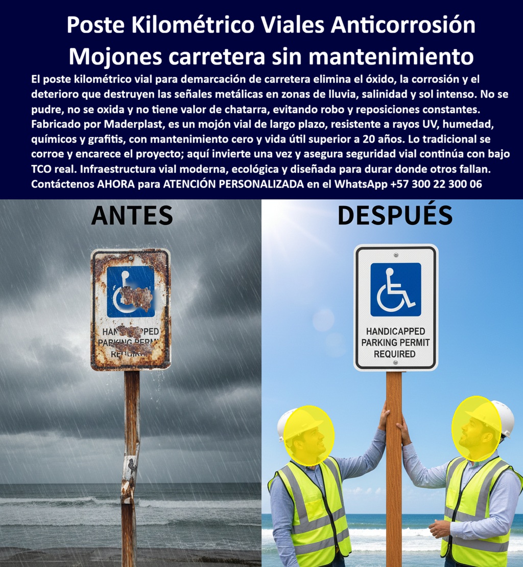 Señalética Kilométrica Señal Hitos Carretera Demarcación Vial Maderplast Poste Kilométrico Vial Durable Sin Mantenimiento Mojones Demarcación Largo Plazo Mojones Kilométricos de Carretera Antigrafiti Exterior Marcadores Viales Poste Kilométrico Vial Durable Sin Mantenimiento Maderplast: La Revolución de la Infraestructura Inoxidable, En el desarrollo de proyectos de infraestructura vial modernos, el Poste Kilométrico Vial Durable Sin Mantenimiento Maderplast se posiciona como el estándar de oro para la demarcación técnica en redes viales nacionales y rutas turísticas. Esta pieza de ingeniería estructural está fabricada íntegramente en polímeros de ingeniería macizos, una tecnología que anula cualquier posibilidad de oxidación, corrosión galvánica o degradación biológica, incluso en los entornos industriales más críticos. A diferencia de las señales metálicas convencionales que colapsan prematuramente bajo el ataque de la salinidad, la lluvia y el sol intenso, este mojón mantiene su integridad mecánica por más de 20 años. Su diseño de sección cuadrada con remate piramidal estético no solo es funcional, sino que incorpora una superficie anti graffiti resistente a químicos de limpieza, garantizando que la información técnica, como logotipos y distancias, permanezca impecable frente a la radiación UV., Cierre Técnico: Eliminando el Riesgo para el Ingeniero y el Inversionista, El verdadero valor de la tecnología Maderplast reside en la eliminación del miedo al fallo estructural y al robo. Un ingeniero profesional sabe que los hitos de metal o concreto representan un drenaje constante de presupuesto debido a que el óxido los destruye y el vandalismo los desaparece en cuestión de meses. Al ser de naturaleza no ferrosa, los hitos Maderplast son inherentemente antirrobo, ya que carecen de valor de reventa como chatarra, blindando así la inversión pública y privada contra el mercado negro de metales. Invertir en esta tecnología es la única forma de blindar el presupuesto operativo; mientras lo barato sale carísimo por reparaciones y reposiciones infinitas, Maderplast ofrece el costo total de propiedad (TCO) más bajo del mercado., Sostenibilidad y Desempeño Superior en Campo, La implementación de estos Mojones demarcación largo plazo es un paso firme hacia la sostenibilidad real en obras civiles, cumpliendo con criterios de baja huella de carbono y certificaciones ambientales modernas. Sus ventajas competitivas son innegables:, Inmunidad Total: Inalterables ante la humedad, la salinidad extrema y los agentes químicos., Resistencia Mecánica: El plástico estructural macizo absorbe impactos leves sin agrietarse, superando con creces la fragilidad del concreto., Instalación Eficiente: Diseñados para una fijación rápida y firme, garantizando una demarcación segura que no se pudre ni se degrada con el tiempo., Legibilidad Prolongada: La protección UV integrada mantiene la señalización vial nítida y profesional bajo cualquier condición climática., Usted puede estar plenamente convencido de que Maderplast es la mejor y más viable opción para su proyecto vial. Los testimonios de directores de obras civiles confirman que, donde los materiales tradicionales fallan, Maderplast proporciona una infraestructura moderna y duradera que protege tanto la seguridad del usuario como la reputación institucional de la entidad contratante., ¿Desea que preparemos una matriz de ahorro en mantenimiento comparando Maderplast contra señales metálicas para su próxima presentación técnica de presupuesto?
