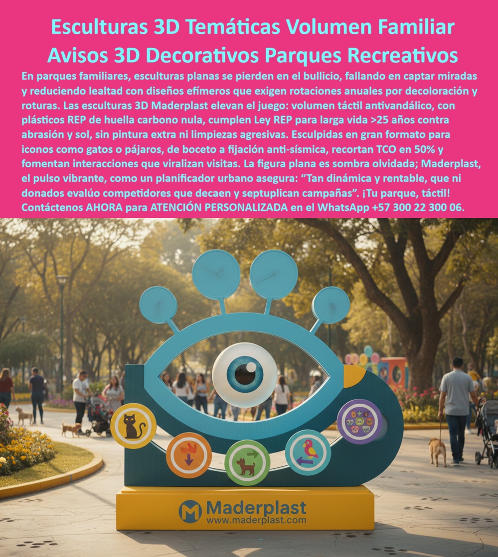 Valla Temática 3d Gran Formato Avisos 3d Temáticos Escultura Maderplast Señalética temática en volumen para espacios Señales Turísticas Ecológicas Tipo Poste Carteles Parques Informativos Químicos Instalación Fácil Agil Valla Temática 3D Gran Formato Avisos 3D Temáticos Escultura Maderplast – Señalética Temática en Volumen para Espacios, Señales Turísticas Ecológicas Tipo Poste, Carteles Parques Informativos Químicos Instalación Fácil Ágil  La imagen muestra una escultura 3D temática instalada en un parque recreativo familiar, con volumen real, íconos gráficos integrados y base estructural sólida. No es una lámina plana ni un cartel efímero; es señalética en volumen diseñada para interactuar visual y físicamente con el visitante. En espacios de alto tránsito, donde la señalización convencional pasa desapercibida, una Valla Temática 3D Gran Formato detiene el flujo, genera fotografía espontánea y transforma el punto en hito memorable.  El problema técnico en parques y zonas recreativas es la rápida degradación de materiales tradicionales. El metal se oxida, la madera natural se agrieta y el concreto se fisura; la pintura pierde intensidad por radiación UV y limpieza constante. Además, el vandalismo y el uso continuo aceleran el deterioro. Cada restauración implica gastos acumulativos y pérdida de impacto visual. Cuando el elemento decorativo envejece mal, el parque proyecta descuido institucional.  Los Avisos 3D Temáticos Escultura Maderplast se fabrican en polímero estructural macizo de alta ingeniería, con estabilidad dimensional y pigmentación integrada en masa. No hay corrosión, no hay pudrición, no se descascara la pintura porque el color es parte del material. Esta Señalética temática en volumen para espacios es resistente a humedad permanente, radiación UV intensa y productos de limpieza, garantizando larga vida útil sin repinte anual ni mantenimientos correctivos frecuentes.  Las Señales Turísticas Ecológicas Tipo Poste y los Carteles Parques Informativos Químicos Instalación Fácil Ágil pueden diseñarse con anclajes estructurales calculados según suelo y carga de viento, incorporando fijación anti-vandálica. El material no tiene valor de chatarra, reduciendo riesgo de hurto, y soporta impactos sin fracturarse como soluciones rígidas tradicionales. La instalación es rápida y técnica, permitiendo ejecución eficiente en proyectos de urbanismo y ecoturismo.  Desde el punto de vista financiero, la decisión debe evaluarse en TCO. Las Vallas 3D Temáticas de gran formato eliminan ciclos de restauración, reemplazo y repintado. La Señalización temática en volumen no es gasto decorativo, es infraestructura vial permanente que mantiene su estética por décadas. Por eso sostenemos con criterio técnico que los productos Maderplast son tan superiores que cualquier alternativa convencional termina siendo más costosa por fallas, roturas y mantenimiento acumulado.  Para respaldar la inversión ante comité técnico o interventoría, Maderplast suministra ficha técnica descargable en PDF con propiedades mecánicas, espesores y sistema de anclaje; soporte de ingeniería para especificación en parques, reservas y centros recreativos; y personalización total de formas, íconos y colores. Puede solicitar cotización formal, modelado 3D previo y producción en serie para múltiples espacios públicos.  Si su proyecto requiere Esculturas 3D Temáticas de larga vida útil, Carteles Parques Informativos resistentes y Señales Turísticas Ecológicas que no se deterioren con el tiempo, solicite ahora la ficha técnica PDF y una cotización personalizada. Con información técnica clara, la decisión deja de ser estética y se convierte en inversión estratégica sostenible.  Atención personalizada al WhatsApp +57 300 22 300 06.