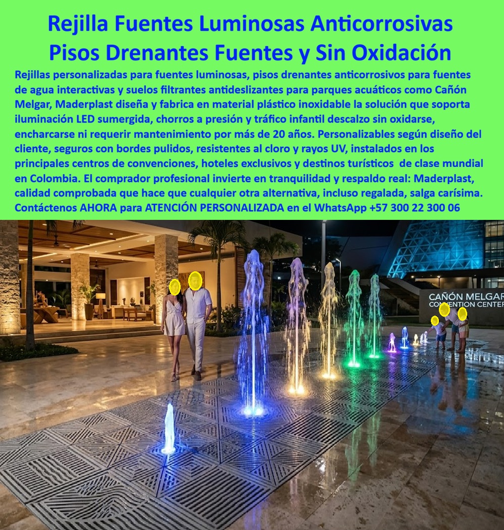 Pisos Drenantes Fuentes Agua Suelo Filtrante Fuente Luminosa Maderplast Rejillas Filtrantes Fuentes Luminosas Antideslizantes Sin Corrosión Rejillas Drenaje Evitan Corrosión Instalación Fácil Alta Resistencia Suelos Fuentes Evitan Charco Agua Pisos Drenantes Fuentes Agua Suelo Filtrante Fuente Luminosa — La Solución Técnica Definitiva para Paisajismo Urbano y Comercial Los Pisos Drenantes Fuentes Agua Suelo Filtrante Fuente Luminosa representan la cumbre de la ingeniería hidráulica aplicada a la estética moderna. Como se aprecia en la image_a74e71.jpg, la fuente interactiva del Cañón Melgar Convention Center es un testimonio de cómo las rejillas decorativas de Maderplast integran chorros de agua multicolor iluminados por tecnología LED con una precisión milimétrica. Este piso drenante de alta ingeniería no solo se destaca por sus intrincados patrones artísticos geométricos, sino que garantiza una superficie antideslizante y biosegura, fundamental para el tránsito infantil descalzo en entornos públicos y privados de alto nivel. Maderplast asegura una infraestructura totalmente inoxidable e inmune al cloro, respaldada por una durabilidad certificada que supera los 20 años sin requerir mantenimiento ni aplicaciones de pinturas protectoras.  La superioridad técnica de este sistema reside en el uso de polímeros estructurales inoxidables que anulan por completo la corrosión y el mantenimiento por décadas, evitando las manchas de óxido que tradicionalmente afectan materiales como el mármol o el concreto. Al ser suelos filtrantes químicamente inertes, garantizan una resistencia extrema ante la radiación UV y los químicos de tratamiento hídrico, manteniendo una estética premium en proyectos de alto nivel comercial. Además, estas rejillas poseen bordes pulidos y una superficie antideslizante permanente que elimina encharcamientos peligrosos, mitigando riesgos de accidentes y garantizando la seguridad total de los usuarios.  Análisis Técnico y Ventajas Competitivas Inmunidad Corrosiva y Bioseguridad: A diferencia de las rejillas metálicas, los polímeros de Maderplast superan al metal al anular la corrosión galvánica y el desprendimiento de pintura, asegurando un entorno bioseguro y libre de óxido.  Diseño Artístico Personalizado: Se diseñan rejillas a medida con patrones geométricos exclusivos que ocultan las instalaciones técnicas, como boquillas y luminarias, permitiendo un flujo hídrico optimizado sin sacrificar la elegancia visual.  Instalación y Versatilidad: El revestimiento técnico para fuentes secas transitables facilita la instalación de iluminación sumergida y resiste la inmersión constante, eliminando la necesidad de reparaciones futuras.  Resistencia Mecánica: Estas rejillas de drenaje industriales son inalterables ante la salinidad y los químicos, ofreciendo una alta resistencia mecánica que soporta el tránsito pesado en zonas húmedas de resorts y centros de convenciones.  TESTIMONIO DE ÉXITO: CAÑÓN MELGAR CONVENTION CENTER ASÍ LO TESTIFICA EL ING. RICARDO SALAZAR, DIRECTOR DE INFRAESTRUCTURA — ABRIL 2024  "Antes de instalar la solución de Maderplast, nuestras rejillas metálicas en la fuente principal se oxidan cada seis meses, manchando el costoso piso de mármol y cortando los pies de los niños. Era un riesgo legal y operativo inmenso para el centro. Decidimos migrar a las rejillas de polímero estructural personalizadas de Maderplast y el resultado ha sido extraordinario. Llevamos dos años de operación continua con luces LED y chorros a presión, y el material sigue impecable. No hemos gastado un solo peso en mantenimiento o pintura. La estética de los patrones geométricos grabados ha convertido la fuente en el icono visual de nuestro centro de convenciones. Maderplast entendió nuestras necesidades técnicas desde el diseño del anteproyecto y el soporte visual fue clave. Los recomiendo como la opción más segura, estética y rentable del mercado".  Invertir en esta infraestructura es asegurar la tranquilidad operativa mediante la eliminación de riesgos legales y financieros derivados del deterioro de materiales de corta vida útil. Maderplast proporciona el respaldo de pruebas de laboratorio extremo donde se certifica la inmunidad a impactos de mazo y rotomartillo, además de ofrecer documentación técnica completa en planos DWG y modelos BIM para una integración perfecta en presupuestos APU.  Encontrar la armonía perfecta entre diseño vanguardista y seguridad absoluta es como hallar la zapatilla de la Cenicienta; es el ajuste exacto que solo el milagro de la ingeniería de Maderplast puede lograr para su proyecto. El "santo" que realiza este milagro tecnológico está a su disposición para transformar su visión arquitectónica en una obra eterna y rentable.  Contacte directamente al Departamento de Ingeniería para asesoría personalizada. Ing. Soporte Técnico: (+57) 300 22 300 06  ¿Desea conocer cómo nuestros patrones geométricos exclusivos pueden ocultar las instalaciones técnicas de su próximo proyecto de fuentes luminosas?