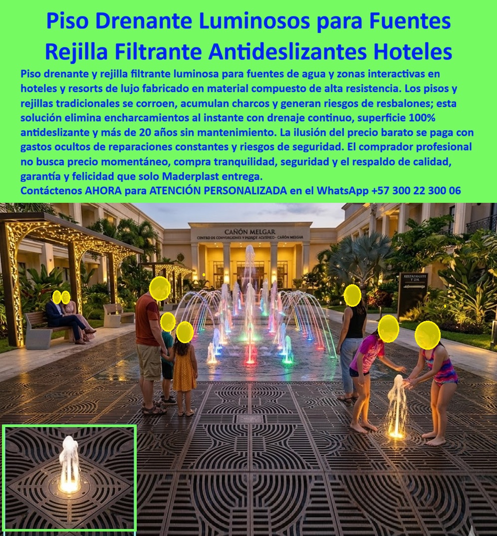 Pisos Drenantes Fuentes Agua Suelo Filtrante Fuente Luminosa Maderplast Rejillas Pisos Fuentes Agua Luminosas Antideslizantes Anticorrosivas Suelos Rejilla Parques Acuáticos Sin Oxidación Sin Encharcamiento Pisos Rejillas Antideslizantes Piso Pisos Drenantes Fuentes Agua Suelo Filtrante Fuente Luminosa — La Ingeniería de Vanguardia en Infraestructuras Hídricas La arquitectura de espacios interactivos en el sector de la hospitalidad de alto nivel exige una integración perfecta entre la estética de lujo y la resistencia técnica inexpugnable, y es precisamente en este punto donde los Pisos Drenantes Fuentes Agua Suelo Filtrante Fuente Luminosa desarrollados por Maderplast se consolidan como la única inversión racional para proyectos de envergadura. Al observar la vista nocturna de la fuente interactiva del Cañón Melgar, capturada en la imagen imagen3198f.jpg, queda claro que cada unidad de rejillas artísticas representa la materialización de una ingeniería superior que fusiona luz, agua y seguridad estructural. Esta superficie de polímero avanzado no solo integra iluminación LED y chorros de agua multicolor, sino que garantiza una tracción 100% antideslizante, factor crítico para la protección de niños y familias que transitan descalzas en entornos húmedos.  La superioridad técnica de este sistema reside en su composición molecular inerte; a diferencia de las rejillas metálicas convencionales que sucumben a la corrosión galvánica y al desprendimiento de pintura en pocos meses, el polímero estructural de Maderplast es inmune al cloro, al salitre y a los químicos de tratamiento hídrico. Esta resistencia extrema permite que la infraestructura mantenga una estética premium por más de 20 años sin requerir lija, barniz ni mantenimientos técnicos costosos, asegurando un retorno de inversión (ROI) acelerado mediante la eliminación total de reparaciones operativas. Además, el diseño filtrante técnico anula la formación de charcos peligrosos y riesgos de caídas, cumpliendo con las normativas de bioseguridad más exigentes para resorts de playa y hoteles de lujo.  Desde una perspectiva normativa y reputacional, el uso de estos revestimientos optimizados para el tránsito descalzo eleva la categoría de cualquier proyecto arquitectónico. El sistema facilita el montaje de boquillas y luminarias sumergidas sobre rejillas de alta resistencia mecánica, permitiendo patrones artísticos personalizados que ocultan las instalaciones técnicas sin sacrificar el flujo hídrico. Es la opción definitiva para ingenieros y diseñadores que priorizan la durabilidad estructural y el cumplimiento de normas de seguridad internacionales en fuentes secas transitables y parques acuáticos.  Testimonio de Valorización y Seguridad Operativa ASÍ LO TESTIFICA EL ING. JULIÁN RESTREPO, DIRECTOR DE INFRAESTRUCTURA EN CAÑÓN MELGAR RESORT — MAYO 2024  "Durante años sufrimos accidentes constantes por rejillas metálicas oxidadas y charcos que se formaban en nuestra fuente principal, lo que afectaba la imagen del resort y la seguridad de los huéspedes. Al contactar a Maderplast, instalamos el sistema de piso drenante luminoso con rejillas de polímero estructural personalizadas. El cambio fue radical: logramos una superficie 100% segura para niños descalzos, integramos iluminación LED impactante y eliminamos para siempre los costos de pintura y mantenimiento. Maderplast nos brindó la mejor asesoría técnica, entregando planos precisos y un producto prácticamente indestructible que valorizó nuestra obra. Es la opción más confiable para ingenieros que buscan durabilidad extrema, bioseguridad y estética de lujo respaldada con pruebas reales".  Invertir en esta tecnología es asegurar la tranquilidad operativa de la gerencia mediante la eliminación de riesgos legales y financieros derivados del deterioro de materiales de corta vida útil. Maderplast proporciona el respaldo de pruebas de laboratorio al límite extremo, certificando inmunidad a impactos severos y químicos agresivos. Cualquier otra alternativa en el mercado, incluso si se ofreciera de forma gratuita, resultaría carísima a largo plazo debido a los gastos ocultos de reparaciones constantes y pérdida de prestigio institucional.  Encontrar la armonía perfecta entre diseño artístico y seguridad absoluta en una fuente luminosa es como hallar la zapatilla de la Cenicienta; es el ajuste exacto que solo el milagro de la ingeniería polimérica puede lograr. El santo que realiza este milagro técnico está a su disposición para transformar su visión en una realidad eterna.  Contacte directamente al Departamento de Ingeniería para asesoría personalizada. Eng. Technical Support: (+57) 300 22 300 06