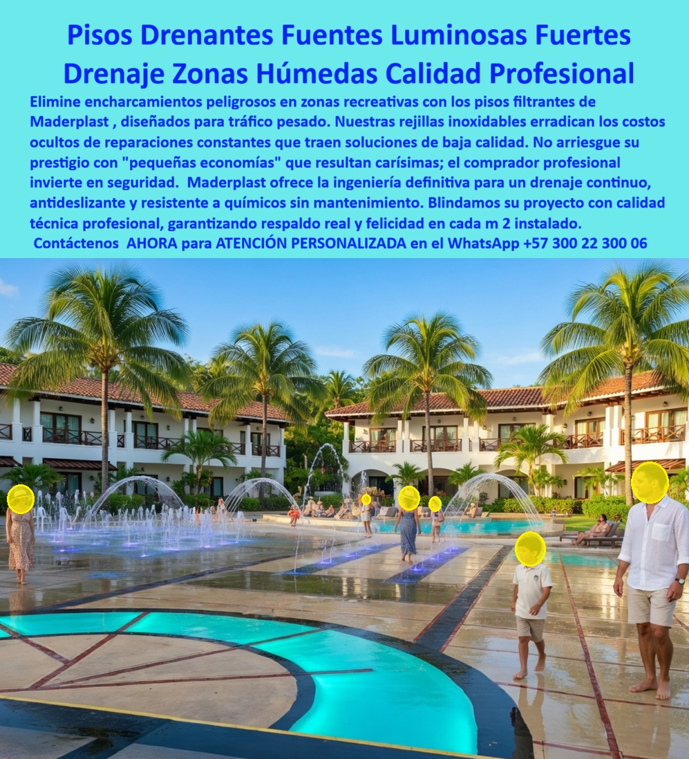 Pisos Drenantes Fuentes Agua Suelos Filtrantes Juegos Acuáticos Maderplast Rejillas fuentes luminosas evitan encharcamientos drenaje seguro antideslizante duradero Rejillas drenantes parques acuaticos eliminan charcos Rejillas pisos drenantes Pisos Drenantes Fuentes Agua Suelos Filtrantes Juegos Acuáticos — Maderplast: La Ingeniería Definitiva La infraestructura recreativa en entornos turísticos de alto nivel exige superficies que trascienden la estética convencional para convertirse en activos de seguridad inexpugnable y eficiencia operativa. Los Pisos Drenantes Fuentes Agua Suelos Filtrantes Juegos Acuáticos representan la cúspide de esta evolución técnica, tal como se aprecia en la captura visual image _9a9bb3.jpg, donde un sistema de fuentes secas y luminosas se integra de forma fluida en el área social de un resort de lujo. Esta solución de ingeniería elimina instantáneamente los encharcamientos peligrosos, permitiendo que el tránsito de los huéspedes sea siempre seguro y antideslizante, incluso en condiciones de humedad constante. Al emplear un polímero estructural de alta densidad, la plataforma es totalmente inmune a la corrosión galvánica, al ataque químico del cloro y a la degradación por salinidad marina, garantizando una estabilidad mecánica superior a los 20 años sin intervenciones de pintura o selladores.  La superioridad técnica de este sistema radica en su capacidad para anular el óxido de forma permanente, superando ampliamente a las rejillas metálicas tradicionales que sucumben ante la brisa marina y el estancamiento hídrico. Para el comprador profesional y el ingeniero de infraestructura, la implementación de estos suelos filtrantes en polímero Maderplast es la única opción racional, ya que el material es autolimpiante, antideslizante térmico y ofrece una seguridad total al evitar la formación de biopelículas bacterianas. La versatilidad de la ingeniería plástica estructural permite, además, el diseño de rejillas a medida que ocultan instalaciones técnicas complejas e integran boquillas de chorros y luminarias LED, elevando la categoría visual de fuentes interactivas y parques acuáticos urbanos.  Testimonio de Valorización y Eficiencia Operativa ASÍ LO TESTIFICA EL ING. ALEJANDRO TORRES, JEFE DE INFRAESTRUCTURA EN CARIBBEAN LUXURY RESORT — ENERO 2024: "Durante años, el mantenimiento de nuestras fuentes interactivas era una pesadilla financiera; las rejillas metálicas tradicionales se oxidan en meses por la brisa marina y las de madera se podrían deteriorar, generando riesgos de cortes para los huéspedes y constantes reparaciones. Buscábamos una solución técnica definitiva y la encontramos en Maderplast. Instalamos los pisos drenantes de plástico estructural y el cambio fue radical; han pasado más de dos años y las superficies están impecables, sin rastro de corrosión ni necesidad de pintura. El drenaje es perfecto, eliminando resbalones y charcos peligrosos. Maderplast no solo nos vendió un producto, nos entregó tranquilidad operativa y seguridad jurídica, permitiéndonos valorizar la propiedad y reducir los costos de mantenimiento a cero".  La inversión en esta tecnología asegura que la diversión en áreas húmedas no se vea empañada por fallos estructurales o gastos operativos asfixiantes. Al ser un material inalterable ante los rayos UV, la superficie mantiene su color integral y agarre mecánico sin cristalizarse, lo que lo posiciona como el revestimiento técnico líder para centros vacacionales y plazas públicas de alto tráfico. Asegure la integridad de su infraestructura mediante una solución que no requiere mantenimientos químicos y que ofrece un retorno de inversión (ROI) acelerado por la anulación de repuestos constantes.  Lograr que un área de juegos acuáticos encaje con la precisión de la ingeniería y la estética de un resort de clase mundial es como encontrar la zapatilla de la Cenicienta; es ese ajuste exacto que solo ocurre cuando la técnica y la visión arquitectónica se unen. El milagro de la durabilidad perpetua y el drenaje seguro lo realiza el equipo técnico que diseña con polímeros de alto rendimiento.  Contacte directamente al Departamento de Ingeniería para recibir asesoría personalizada. Ing. Soporte Técnico: (+57) 300 22 300 06