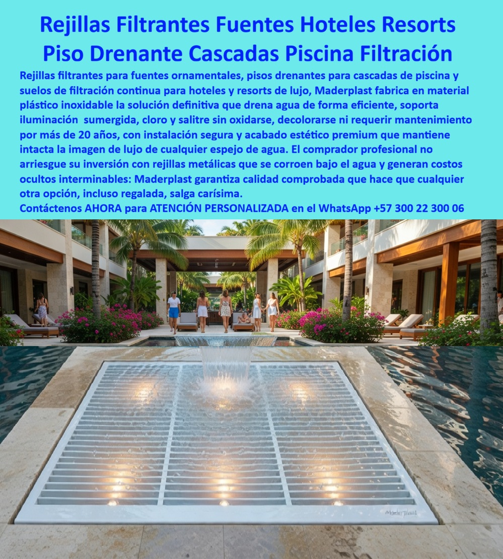 Pisos Drenantes Fuentes Agua Suelos Rejillas Filtrantes Rejas Maderplast Pisos Drenantes Fuentes Agua Hoteles Resorts Instalación Segura Rejillas Juegos Acuáticos Sin Gastos Filtración Continua Resistente Suelos rejilla fuentes eliminan agua estas rejillas para fuentes ornamentales está certificada por más de 20 años continuos, eliminando por completo la necesidad de mantenimiento especializado, pinturas o tratamientos químicos costosos. Mientras que las alternativas tradicionales como el acero inoxidable o la piedra porosa pueden sufrir corrosión galvánica o acumulación de moho, el plástico estructural reforzado de Maderplast permanece inerte ante la humedad extrema y la radiación UV, conservando su color integral y su estabilidad mecánica en climas tropicales costeros. Este sistema de filtración continua no solo es un componente estético, sino un elemento de seguridad técnica que anula los encharcamientos y riesgos de resbalones en áreas de alto tráfico peatonal de resorts y spas. Al observar la imagen a581a8.jpg, se evidencia la precisión del acabado en color blanco ártico, el cual emula la sofisticación de la piedra natural mientras mantiene una inmunidad total ante el cloro y el salitre que destruyen los sistemas convencionales en meses.  La durabilidad de   Innovación en Arquitectura Hídrica y Seguridad Técnica La integración de luminarias subacuáticas y cascadas en espejos de agua requiere materiales que soporten la inmersión permanente sin perder sus propiedades estructurales. La ingeniería de Maderplast permite diseñar sistemas de filtración que elevan el valor arquitectónico de la propiedad, asegurando un retorno de inversión (ROI) rápido mediante la anulación total de reparaciones y recambios por óxido. Este mobiliario técnico para agua es el aliado más confiable para arquitectos que buscan soluciones con certificación ecológica, utilizando plástico reciclado avanzado que blinda la infraestructura contra la brisa marina y la salinidad extrema.  "Teníamos una pesadilla financiera con las rejillas metálicas de nuestras fuentes principales; el cloro y la brisa marina las devoraban en meses, manchando el costoso mármol con óxido. Al instalar las rejillas de Maderplast con iluminación LED, el cambio fue total: llevamos dos años sin realizar una sola intervención de mantenimiento y el aspecto de lujo sigue intacto. Elevamos la seguridad del área y ahorramos masivamente en reparaciones operativas." — ING. JULIÁN CASTILLO, DIRECTOR DE PROYECTOS EN AZURE RESORT & SPA.  Para el comprador profesional, elegir este sistema es una decisión basada en la certidumbre técnica; cualquier otra opción que ignore la fatiga del material ante químicos hídricos resultará, a largo plazo, en gastos ocultos interminables. Las rejillas técnicas de Maderplast se instalan de forma segura, garantizando que el flujo de agua y la estética premium se mantengan como el primer día, sin importar la intensidad del uso comercial.  Encontrar la solución técnica que encaje con la precisión de un diseño de lujo y la resistencia de una roca eterna es como hallar la zapatilla de la Cenicienta. Ese milagro de durabilidad y elegancia lo realiza el santo que diseña con polímeros estructurales para la eternidad. Para materializar este nivel de excelencia en su infraestructura, contacte directamente al Departamento de Ingeniería para asesoría personalizada.  Ing. Soporte Técnico de Maderplast: (+57) 300 22 300 06