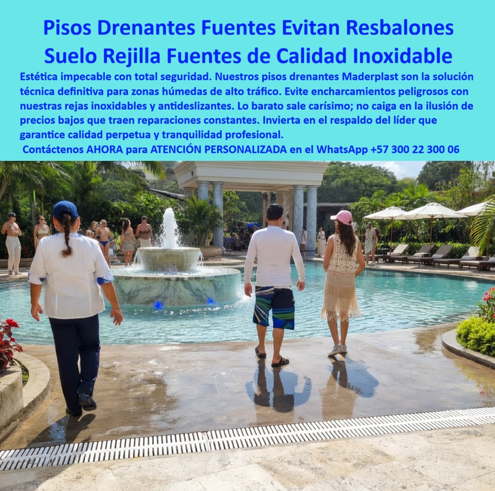 Pisos Drenantes Fuentes Agua Suelos Rejillas Filtrantes Rejas Maderplast Suelos rejilla fuentes luminosas eliminan encharcamientos superficie segura durable Pisos Acuáticos Drenaje Seguro Cero Mantenimiento Suelos Para Fuentes Luminosas Pisos Pisos Drenantes Fuentes Agua Suelos Rejillas Filtrantes Rejas Maderplast se consolidan como la espina dorsal de la seguridad acuática en la hotelería de alto impacto, garantizando que el diseño arquitectónico nunca sacrifique la integridad física de los usuarios. En la image_9a1eb8.jpg se aprecia con nitidez cómo esta infraestructura perimetral gris de alta ingeniería bordea fuentes de resort de lujo, canalizando el agua instantáneamente mediante ranuras de precisión para asegurar una zona de tránsito seca, antideslizante y biosegura para usuarios descalzos.  Ingeniería Superior y Eficiencia Operativa en Entornos Acuáticos La ingeniería de estos suelos filtrantes en plástico estructural anula el óxido y el mantenimiento por décadas, superando técnicamente al acero al evitar la corrosión galvánica y el desprendimiento de pintura. Esta tecnología inerte asegura que las piezas no se cristalicen ni pierdan color ante la radiación solar extrema o la salinidad permanente de los entornos costeros. El polímero estructural es la solución definitiva que resiste rayos UV sin requerir pinturas costosas, permitiendo una instalación técnica inexpugnable que integra boquillas y luminarias sumergidas de forma personalizada.  Se trata de una rejilla ranurada de polímero estructural para drenaje perimetral que posee inmunidad total a la corrosión química y salina, evitando la formación de hongos y biopelícula en entornos de inmersión constante. Este sistema de drenaje superficial mantiene estabilidad dimensional absoluta ante rayos UV extremos, ofreciendo rejillas modulares de bordes redondeados que permiten acceso rápido a instalaciones hidráulicas sumergidas. Es un revestimiento filtrante de alta durabilidad que elimina gastos operativos de reposición por degradación hídrica o biológica estructural por décadas.  Testimonio de Valorización de Infraestructura "enfrentamos una crisis de mantenimiento con rejillas metálicas que se oxidan cada semestre por el salitre, manchando el mármol y generando riesgos de accidentes. tras sustituirlas por la rejilla drenante y piso flotante maderplast, el cambio fue inmediato: el drenaje es perfecto, no hay encharcamientos y el costo de mantenimiento bajó a cero. contamos con el respaldo de fichas técnicas y videos de resistencia extrema que validan esta inversión como la más rentable para el hotel boutique."  ING. RICARDO SALAZAR - DIRECTOR DE INFRAESTRUCTURA - RESORT MAR AZUL - MAYO 2024  Esta infraestructura representa con total fidelidad la zapatilla de la Cenicienta para su proyecto, pues encaja milimétricamente con sus necesidades de lujo y seguridad; este es el milagro de la durabilidad perpetua y el santo que hace posible tal proeza técnica se encuentra en nuestro departamento técnico.  Contact directly the Engineering Department for personalized advice. Eng. Technical Support: (+57) 300 22 300 06.