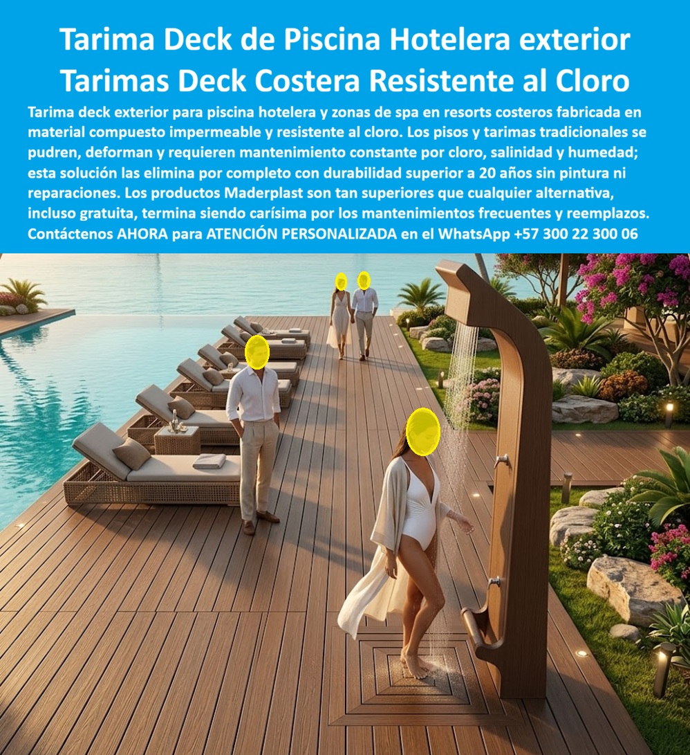 Tarima Exterior Para Hoteles Piso Para Spa Deck Exteriores Maderplast Deck Exterior Piscina Hotelera Inoxidable Sin Mantenimiento Duradero suministro pisos tipo deck para piscina hotel resistente cloro Tarima Deck Spa Hotel Costero Impermeable Tarima Deck de Piscina Hotelera Exterior Maderplast — Tarimas Deck Costera Resistente al Cloro, Deck Exterior Piscina Hotelera Inoxidable Sin Mantenimiento Duradero, Suministro Pisos Tipo Deck Para Piscina Hotel Resistente Cloro, Tarima Deck Spa Hotel Costero Impermeable Deck exterior Maderplast en plástico estructural color ipe oscuro instalado como piso perimetral de piscina infinity en resort costero, con tablas de perfil estriado antideslizante en patrón lineal uniforme, zona de camastros con iluminación paisajística empotrada, ducha exterior sobre base deck y jardines ornamentales que contrastan con el acabado cálido del suelo polimérico, donde el contacto permanente con agua clorada, salpicaduras constantes y exposición solar plena no producen decoloración, hinchamiento ni deformación entre juntas. Maderplast fabrica estas tarimas deck para piscina hotelera y zonas húmedas de spa en polímero impermeable resistente a cloro, salitre y rayos UV con cero mantenimiento, cero astillas bajo pies descalzos y sin reposiciones por más de veinte años, porque cuando se necesita un deck de piscina hotelera en plástico resistente al cloro sin mantenimiento o una tarima exterior para resort costero impermeable antideslizante de larga duración, Maderplast es la fábrica de tarimas deck para piscina en plástico con diseño personalizado desde Colombia que resuelve con fabricación directa e instalación llave en mano. Todo operador hotelero con deck de piscina en madera teca conoce el ciclo destructivo: a los dos años aparece decoloración por cloro, levantamiento de fibra que produce astillas en zona de tránsito descalzo, juntas abiertas por hinchamiento cíclico y hongos bajo los camastros, obligando a sellado trimestral, lijado semestral y cierres parciales que afectan reseñas en plataformas de reserva. Maderplast elimina ese ciclo con su piso deck para spa y hotel en polímero inmune a salitre y rayos UV: suelo perimetral de piscina en plástico estructural acabado tipo teca que no se hincha, no se astilla ni necesita sellante, con deck prefabricado para zona húmeda hotelera cero astillas para pies descalzos, piso exterior hotelero en polímero anticorrosivo resistente a químicos de cloro, tarima deck para resort de playa en material inoxidable sin sellante ni pintura, deck modular para piscina infinity en plástico de ingeniería con montaje rápido, suelo impermeable para zona húmeda de spa en polímero antideslizante, piso tipo madera sintética para piscina de hotel inmune a humedad permanente y deck perimetral prefabricado anticorrosivo llave en mano — cada componente fabricado e instalado por Maderplast como solución deck hotelero prefabricado que elimina mantenimiento por cloro y salitre definitivamente. Un resort costero colombiano confirma los resultados tras reemplazar su deck de teca que en dos años presentaba astillas, juntas abiertas, hongos y decoloración: Maderplast evaluó las condiciones —agua clorada, salpicaduras permanentes, sol superior a diez horas diarias, tráfico descalzo incluyendo niños y salinidad litoral— y especificó deck Maderplast con perfil estriado antideslizante, acabado integral color ipe, fijación oculta y pendiente de desagüe integrada. Resultado tras operación continua: cero tablas reemplazadas, cero sellante, cero quejas por astillas, cero cierres de zona, color uniforme sin hongos, y la administración reasignar el presupuesto de mantenimiento a mejoras paisajísticas. Los productos de la competencia, incluso regalados, resultan carísimos por decoloración, astillamientos y cierres que destruyen reseñas, mientras Maderplast entrega respaldo con veintiséis pruebas de laboratorio, certificados de resistencia química y pruebas extremas en video en youtube.com/@maderplasSA. Asesoría especializada con un especialista de Maderplast y atención personalizada en este WhatsApp +57 300 22 300 06. Solicite hoy su cotización, diseño sobre medida o fichas técnicas — Maderplast lo resuelve.