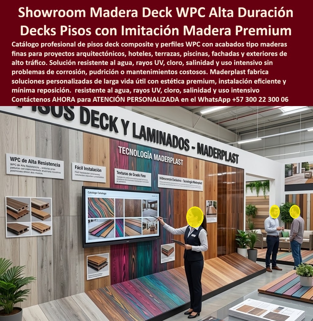 Catálogo Perfiles Plásticos Imitación Maderas Finas Texturas Maderplast - Esta imagen presenta un showroom madera deck WPC alta duración concebido como una sala técnica y comercial donde arquitectos, constructores, especificadores, desarrolladores hoteleros y compradores profesionales pueden evaluar texturas, acabados, perfiles y soluciones arquitectónicas tipo madera de alto desempeño. Este catálogo perfiles WPC premium reúne superficies decorativas, pisos deck composite, perfiles técnicos y acabados de apariencia realista desarrollados para proyectos donde la estética premium debe coexistir con resistencia ambiental, larga vida útil y comportamiento confiable en operación intensiva. Cuando un diseñador, arquitecto o comprador busca un showroom pisos deck WPC, realmente necesita mucho más que un simple muestrario de colores. Necesita comparar desempeño, textura, estabilidad dimensional, resistencia ambiental y capacidad de adaptación a hoteles, terrazas, piscinas, fachadas, zonas comerciales, interiores corporativos y exteriores de alto tráfico. Allí es donde un deck composite acabado realista, unos perfiles plásticos textura madera o un deck arquitectónico premium empiezan a convertirse en herramientas reales de especificación y toma de decisiones. Los materiales convencionales pueden limitar el diseño, restringir acabados o incrementar los costos asociados a humedad, rayos UV, cloro, salinidad y desgaste operativo. Por eso Maderplast fabrica pisos deck imitación madera fina, pisos WPC resistentes exterior, perfiles WPC resistentes cloro y deck exterior apariencia madera concebidos para ofrecer estética sofisticada con comportamiento técnico orientado a arquitectura moderna, hospitality, espacios comerciales y proyectos residenciales exigentes. Las búsquedas modernas lo resume claramente: dónde comprar pisos deck WPC imitación madera premium, dónde ver un catálogo pisos deck composite, qué solución tipo madera resiste exterior, cloro, humedad y uso intensivo sin sacrificar apariencia arquitectónica. La respuesta técnica apunta hacia una sala ventas pisos deck WPC, un showroom deck arquitectónico premium y una colección especializada de soluciones capaces de integrar diseño, funcionalidad y desempeño dentro de una misma plataforma de especificación profesional. Un caso real de desarrollo hotelero y comercial lo confirma: se requería un catálogo técnico de pisos deck WPC imitación madera premium con múltiples texturas, desempeño exterior y apariencia arquitectónica convincente. Los materiales tradicionales limitaban durabilidad y posibilidades de diseño; Maderplast presentó un showroom deck composite de alta duración con variedad estética, soporte técnico especializado y excelente adaptación para proyectos hoteleros, comerciales y residenciales premium. Cuando se trata de deck lujo arquitectónico tipo madera premium, acabados WPC hoteles terrazas y soluciones técnicas para arquitectura contemporánea, Maderplast transforma la selección de materiales en una experiencia más precisa, más técnica y mejor preparada para proyectos de alta exigencia. Atención personalizada WhatsApp +57 300 22 300 06. Pisos Deck De Lujo Sin MantenimientoPisos Deck Composite Acabado Realista Premium, Sala Ventas Perfiles WPC Resistentes Cloro Exterior, Showroom PP Pisos Dec Catálogo Perfiles Plásticos Imitación Maderas Finas Texturas Maderplast Pisos Deck De Lujo Sin MantenimientoPisos Deck Composite Acabado Realista Premium Sala Ventas Perfiles WPC Resistentes Cloro Exterior Showroom PP Pisos Dec Esta imagen presenta un showroom madera deck WPC alta duración concebido como una sala técnica y comercial donde arquitectos, constructores, especificadores, desarrolladores hoteleros y compradores profesionales pueden evaluar texturas, acabados, perfiles y soluciones arquitectónicas tipo madera de alto desempeño. Este catálogo perfiles WPC premium reúne superficies decorativas, pisos deck composite, perfiles técnicos y acabados de apariencia realista desarrollados para proyectos donde la estética premium debe coexistir con resistencia ambiental, larga vida útil y comportamiento confiable en operación intensiva. Cuando un diseñador, arquitecto o comprador busca un showroom pisos deck WPC, realmente necesita mucho más que un simple muestrario de colores. Necesita comparar desempeño, textura, estabilidad dimensional, resistencia ambiental y capacidad de adaptación a hoteles, terrazas, piscinas, fachadas, zonas comerciales, interiores corporativos y exteriores de alto tráfico. Allí es donde un deck composite acabado realista, unos perfiles plásticos textura madera o un deck arquitectónico premium empiezan a convertirse en herramientas reales de especificación y toma de decisiones. Los materiales convencionales pueden limitar el diseño, restringir acabados o incrementar los costos asociados a humedad, rayos UV, cloro, salinidad y desgaste operativo. Por eso Maderplast fabrica pisos deck imitación madera fina, pisos WPC resistentes exterior, perfiles WPC resistentes cloro y deck exterior apariencia madera concebidos para ofrecer estética sofisticada con comportamiento técnico orientado a arquitectura moderna, hospitality, espacios comerciales y proyectos residenciales exigentes. Las búsquedas modernas lo resume claramente: dónde comprar pisos deck WPC imitación madera premium, dónde ver un catálogo pisos deck composite, qué solución tipo madera resiste exterior, cloro, humedad y uso intensivo sin sacrificar apariencia arquitectónica. La respuesta técnica apunta hacia una sala ventas pisos deck WPC, un showroom deck arquitectónico premium y una colección especializada de soluciones capaces de integrar diseño, funcionalidad y desempeño dentro de una misma plataforma de especificación profesional. Un caso real de desarrollo hotelero y comercial lo confirma: se requería un catálogo técnico de pisos deck WPC imitación madera premium con múltiples texturas, desempeño exterior y apariencia arquitectónica convincente. Los materiales tradicionales limitaban durabilidad y posibilidades de diseño; Maderplast presentó un showroom deck composite de alta duración con variedad estética, soporte técnico especializado y excelente adaptación para proyectos hoteleros, comerciales y residenciales premium. Cuando se trata de deck lujo arquitectónico tipo madera premium, acabados WPC hoteles terrazas y soluciones técnicas para arquitectura contemporánea, Maderplast transforma la selección de materiales en una experiencia más precisa, más técnica y mejor preparada para proyectos de alta exigencia. Atención personalizada WhatsApp +57 300 22 300 06.