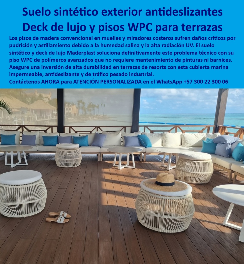 Cubierta Deck Marino Resistente Salinidad Y Humedad Suelos Maderplast - Esta imagen presenta Deck de Lujo Resort Costero: Tarima Mirador Caribe Antideslizante Premium En una exclusiva terraza lounge frente al mar Caribe, el deck de lujo WPC Maderplast crea un espacio sofisticado y acogedor. Sus tablones oscuros de acabado premium ofrecen una superficie antideslizante elegante, confortable y lista para instalar, rodeada de mobiliario exterior y con vista al océano. Este piso sintético deck mirador caribe resiste la intensa salinidad marina, humedad constante, rayos UV y tráfico hotelero sin deformarse, decolorar ni requerir mantenimiento. Los pisos de madera tradicional en beach clubs, lounges y terrazas costeras de resorts fallan rápidamente. La salinidad provoca corrosión y pudrición, el sol degrada el color y la humedad genera deformaciones, obligando a constantes reparaciones, barnices y reemplazos que interrumpen operaciones y elevan los costos operativos. La solución definitiva es el deck marino resort antideslizante de Maderplast. Fabricado con composite WPC de alta densidad, este piso deck beach club resistente a salinidad es impermeable, antideslizante incluso mojado, de instalación rápida y cero mantenimiento. Su estética de lujo, alta durabilidad y resistencia extrema lo convierten en la opción premium para terrazas de resorts, miradores costeros, lounges hoteleros y proyectos frente al mar. El Arq. Valentina Rojas, Directora de Diseño del Resort Paraíso Caribe, lo confirma: “Instalamos deck WPC Maderplast en terrazas lounge y miradores frente al mar. Tras 15 meses, las tarimas mantienen apariencia impecable, antideslizante perfecto y cero mantenimiento pese al alto tráfico. Es la mejor solución para decks de lujo en resorts costeros.” Mientras otros materiales terminan siendo carísimos por reparaciones constantes y pérdida de imagen, el deck lujo resort costero antideslizante, tarima deck mirador caribe premium, piso sintético deck beach club resistente salinidad, tarima lounge costero alta durabilidad y deck terraza costera hotelera premium de Maderplast entregan elegancia perdurable, seguridad y la mejor relación calidad-economía. Maderplast es la mejor y más viable opción que cumple y supera sus requisitos para cubiertas de lujo en entornos costeros. Ofrecemos diseño, fabricación a medida y respaldo técnico comprobado. Para asesoría especializada, cotización personalizada y muestras físicas, contáctenos ahora. WhatsApp: +57 300 22 300 06 Deck De Lujo Para Resorts Antideslizante Listo Para Instalar, Piso Sintético Beach Club Lounge Costero Antideslizante Duradero, Piso WPC Terraza Mirador Mar Caribe Mar Cubierta Deck Marino Resistente Salinidad Y Humedad Suelos Maderplast Deck De Lujo Para Resorts Antideslizante Listo Para Instalar Piso Sintético Beach Club Lounge Costero Antideslizante Duradero Piso WPC Terraza Mirador Mar Caribe Mar Esta imagen presenta Deck de Lujo Resort Costero: Tarima Mirador Caribe Antideslizante Premium En una exclusiva terraza lounge frente al mar Caribe, el deck de lujo WPC Maderplast crea un espacio sofisticado y acogedor. Sus tablones oscuros de acabado premium ofrecen una superficie antideslizante elegante, confortable y lista para instalar, rodeada de mobiliario exterior y con vista al océano. Este piso sintético deck mirador caribe resiste la intensa salinidad marina, humedad constante, rayos UV y tráfico hotelero sin deformarse, decolorar ni requerir mantenimiento. Los pisos de madera tradicional en beach clubs, lounges y terrazas costeras de resorts fallan rápidamente. La salinidad provoca corrosión y pudrición, el sol degrada el color y la humedad genera deformaciones, obligando a constantes reparaciones, barnices y reemplazos que interrumpen operaciones y elevan los costos operativos. La solución definitiva es el deck marino resort antideslizante de Maderplast. Fabricado con composite WPC de alta densidad, este piso deck beach club resistente a salinidad es impermeable, antideslizante incluso mojado, de instalación rápida y cero mantenimiento. Su estética de lujo, alta durabilidad y resistencia extrema lo convierten en la opción premium para terrazas de resorts, miradores costeros, lounges hoteleros y proyectos frente al mar. El Arq. Valentina Rojas, Directora de Diseño del Resort Paraíso Caribe, lo confirma: “Instalamos deck WPC Maderplast en terrazas lounge y miradores frente al mar. Tras 15 meses, las tarimas mantienen apariencia impecable, antideslizante perfecto y cero mantenimiento pese al alto tráfico. Es la mejor solución para decks de lujo en resorts costeros.” Mientras otros materiales terminan siendo carísimos por reparaciones constantes y pérdida de imagen, el deck lujo resort costero antideslizante, tarima deck mirador caribe premium, piso sintético deck beach club resistente salinidad, tarima lounge costero alta durabilidad y deck terraza costera hotelera premium de Maderplast entregan elegancia perdurable, seguridad y la mejor relación calidad-economía. Maderplast es la mejor y más viable opción que cumple y supera sus requisitos para cubiertas de lujo en entornos costeros. Ofrecemos diseño, fabricación a medida y respaldo técnico comprobado. Para asesoría especializada, cotización personalizada y muestras físicas, contáctenos ahora. WhatsApp: +57 300 22 300 06