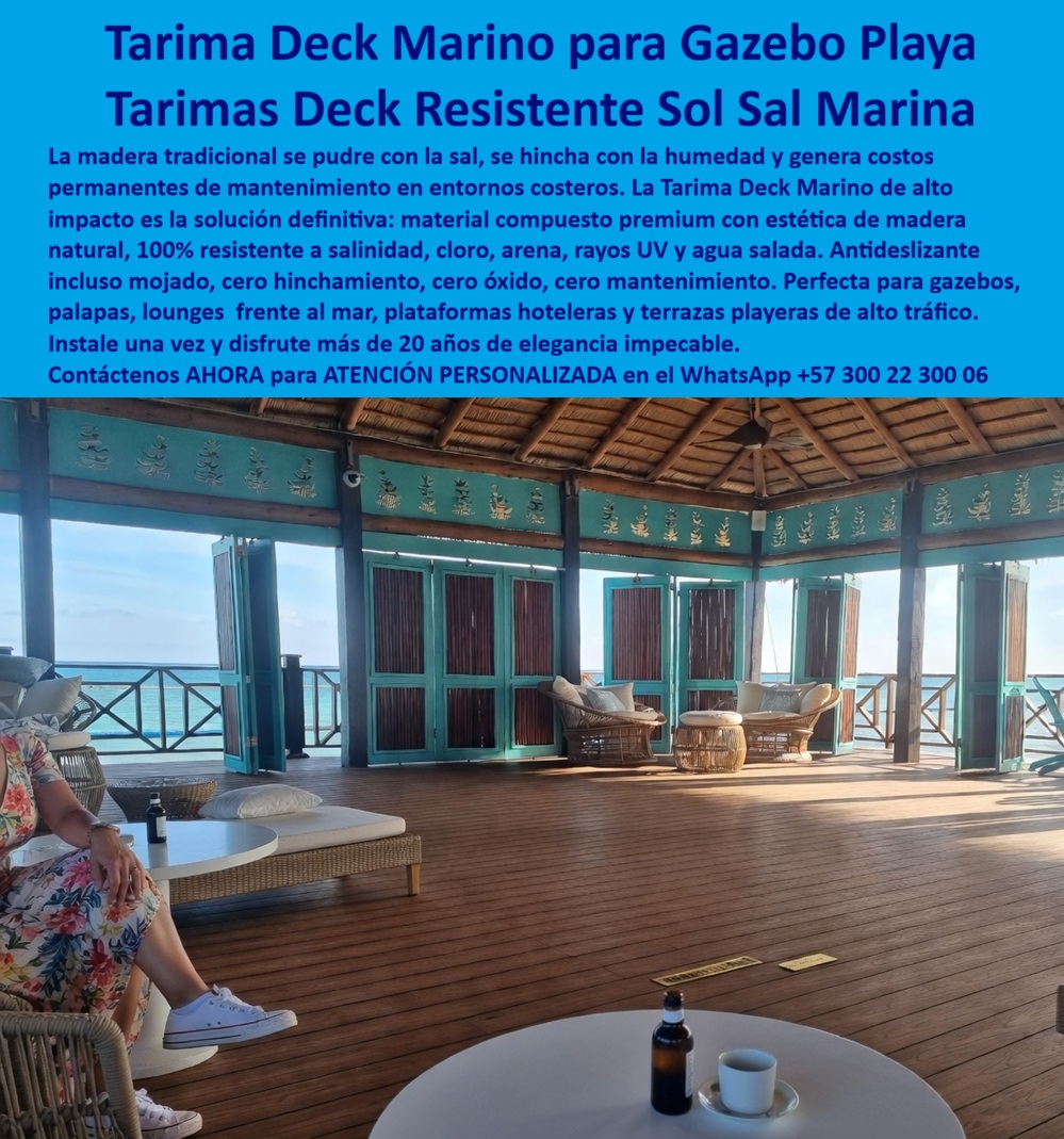 Cubierta Deck Marino Resistente Salinidad Y Humedad Suelos Maderplast - Esta imagen presenta La imagen presenta una tarima deck marino para gazebo playa instalada dentro de un lounge costero premium donde convergen arquitectura tropical, hospitality de lujo, vista mar, operación turística continua y exposición permanente a salinidad, humedad, arena, radiación UV y clima extremo. Este piso WPC frente mar premium combina estética tipo madera cálida con un desempeño técnico desarrollado para resorts, palapas, beach clubs, terrazas hoteleras y plataformas costeras que necesitan mantener imagen sofisticada sin sufrir deterioro acelerado por ambiente marino. Cuando un resort, operador turístico, arquitecto costero o diseñador hospitality busca un deck gazebo playa resistente sal, realmente necesita una solución capaz de soportar sol intenso, agua salada, arena, humedad continua y circulación permanente de huéspedes sin hincharse, pudrirse, oxidarse ni perder estabilidad visual. Allí es donde una tarima deck marino resort, un deck costero resistente a la humedad o un piso WPC sal marina humedad comienzan a demostrar una ventaja operacional clara frente a materiales tradicionales que suelen deteriorarse rápidamente en zonas frente al océano. Los entablados convencionales pueden absorber humedad, perder apariencia, exigir mantenimiento recurrente o incrementar costos acumulados cuando enfrentan operación intensiva en ambientes tropicales costeros. Por eso Maderplast fabrica deck playa antideslizante exterior, cubierta marino salinidad UV, deck lounge frente mar y deck palapa resistente sólida concebidos para estabilidad dimensional, seguridad peatonal y comportamiento confiable bajo exposición marina real. El valor técnico no está únicamente en la apariencia tipo madera; está en conservar desempeño, elegancia y funcionalidad durante años de operación turística intensiva. Las búsquedas modernas lo resume claramente: qué deck sirve para gazebo playa y terraza frente al mar, dónde comprar un deck beach club premium, qué reemplaza la madera en ambientes marinos húmedos sin deformarse ni deteriorarse prematuramente. La respuesta técnica apunta hacia un suelo exterior ambiente marino, un piso costero larga duración y un deck resort listo instalado preparado para integrar lujo arquitectónico, resistencia ambiental y experiencia premium dentro de una misma solución para hospitality costero. Un caso real de infraestructura turística Caribe lo confirma: se requería un deck marino para gazebo playa frente al mar con apariencia premium, resistencia auténtica a sal marina y comportamiento estable bajo humedad permanente. La madera tradicional generaba hinchamiento, mantenimiento y desgaste acelerado; Maderplast implementó un piso WPC plataforma costera lounge frente mar con mejor estabilidad estética, excelente desempeño frente a sol, arena y salinidad, además de menor costo operativo. Cuando se trata de deck terraza costera lujo, tarima resort agua salada, deck exterior premium para palapas y beach clubs y superficies técnicas para ambientes marinos exigentes, Maderplast transforma gazebos, lounges y terrazas frente al océano en espacios más elegantes, más resistentes y técnicamente preparados para convivir permanentemente con el mar. Atención personalizada WhatsApp +57 300 22 300 06. Deck Gazebo Playa Plástico Techo Palapa Resistente Sal Marina, Piso WPC Plataforma Costera Lounge Frente Mar Sin Pudrición, Tarima Deck Resort Antideslizante Agua Sal Cubierta Deck Marino Resistente Salinidad Y Humedad Suelos Maderplast Deck Gazebo Playa Plástico Techo Palapa Resistente Sal Marina Piso WPC Plataforma Costera Lounge Frente Mar Sin Pudrición Tarima Deck Resort Antideslizante Agua Sal Esta imagen presenta La imagen presenta una tarima deck marino para gazebo playa instalada dentro de un lounge costero premium donde convergen arquitectura tropical, hospitality de lujo, vista mar, operación turística continua y exposición permanente a salinidad, humedad, arena, radiación UV y clima extremo. Este piso WPC frente mar premium combina estética tipo madera cálida con un desempeño técnico desarrollado para resorts, palapas, beach clubs, terrazas hoteleras y plataformas costeras que necesitan mantener imagen sofisticada sin sufrir deterioro acelerado por ambiente marino. Cuando un resort, operador turístico, arquitecto costero o diseñador hospitality busca un deck gazebo playa resistente sal, realmente necesita una solución capaz de soportar sol intenso, agua salada, arena, humedad continua y circulación permanente de huéspedes sin hincharse, pudrirse, oxidarse ni perder estabilidad visual. Allí es donde una tarima deck marino resort, un deck costero resistente a la humedad o un piso WPC sal marina humedad comienzan a demostrar una ventaja operacional clara frente a materiales tradicionales que suelen deteriorarse rápidamente en zonas frente al océano. Los entablados convencionales pueden absorber humedad, perder apariencia, exigir mantenimiento recurrente o incrementar costos acumulados cuando enfrentan operación intensiva en ambientes tropicales costeros. Por eso Maderplast fabrica deck playa antideslizante exterior, cubierta marino salinidad UV, deck lounge frente mar y deck palapa resistente sólida concebidos para estabilidad dimensional, seguridad peatonal y comportamiento confiable bajo exposición marina real. El valor técnico no está únicamente en la apariencia tipo madera; está en conservar desempeño, elegancia y funcionalidad durante años de operación turística intensiva. Las búsquedas modernas lo resume claramente: qué deck sirve para gazebo playa y terraza frente al mar, dónde comprar un deck beach club premium, qué reemplaza la madera en ambientes marinos húmedos sin deformarse ni deteriorarse prematuramente. La respuesta técnica apunta hacia un suelo exterior ambiente marino, un piso costero larga duración y un deck resort listo instalado preparado para integrar lujo arquitectónico, resistencia ambiental y experiencia premium dentro de una misma solución para hospitality costero. Un caso real de infraestructura turística Caribe lo confirma: se requería un deck marino para gazebo playa frente al mar con apariencia premium, resistencia auténtica a sal marina y comportamiento estable bajo humedad permanente. La madera tradicional generaba hinchamiento, mantenimiento y desgaste acelerado; Maderplast implementó un piso WPC plataforma costera lounge frente mar con mejor estabilidad estética, excelente desempeño frente a sol, arena y salinidad, además de menor costo operativo. Cuando se trata de deck terraza costera lujo, tarima resort agua salada, deck exterior premium para palapas y beach clubs y superficies técnicas para ambientes marinos exigentes, Maderplast transforma gazebos, lounges y terrazas frente al océano en espacios más elegantes, más resistentes y técnicamente preparados para convivir permanentemente con el mar. Atención personalizada WhatsApp +57 300 22 300 06.