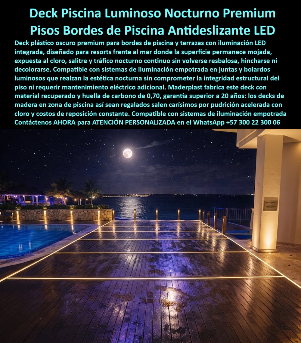 Deck Nocturno Iluminado Terrazas Marinas Deck Celebración Nocturna Maderplast - La imagen presenta un deck nocturno iluminado para terrazas marinas premium, instalado frente al mar como superficie arquitectónica de alto impacto visual para piscinas, hospitality, celebraciones nocturnas, rooftops, resorts y espacios exteriores donde la estética debe convivir con humedad permanente, salitre, cloro, tráfico intenso y operación nocturna continua. Este deck piscina LED antideslizante combina apariencia tipo madera premium con compatibilidad para iluminación integrada, creando ambientes sofisticados sin comprometer seguridad peatonal, estabilidad dimensional ni comportamiento estructural bajo condiciones costeras exigentes. Cuando un hotel, resort, arquitecto o operador turístico busca un deck nocturno iluminado exterior, realmente necesita algo más que una tarima bonita para eventos. Necesita una solución capaz de resistir agua, clima tropical, uso continuo y exposición marina sin perder apariencia, deformarse, pudrirse o volverse resbalosa. Allí es donde un deck exterior resistente al salitre, un piso deck hotel vista mar o una terraza marina deck premium adquieren valor operativo real. Los materiales convencionales suelen deteriorarse rápidamente en zonas de piscina, terrazas frente al mar y ambientes nocturnos con limpieza frecuente, humedad acumulada y radiación costera. Por eso Maderplast fabrica deck resort iluminación integrada, deck terraza marina antideslizante, suelo deck piscina lujo y piso exterior resistente humedad pensados para larga duración, imagen premium y desempeño confiable en operación hotelera intensiva. El beneficio no está únicamente en la apariencia nocturna; está en mantener funcionalidad, seguridad y presencia arquitectónica sin ciclos permanentes de reparación o sustitución. Las búsquedas modernas lo expresan claramente: qué deck sirve para piscina nocturna y terraza frente al mar, dónde comprar una tarima premium eventos nocturnos, qué reemplaza la madera en zonas costeras húmedas. La respuesta técnica apunta hacia un entarimado plástico visto sea diseñado para resistir salinidad, cloro, humedad constante y circulación continua. El deck hotelero frente al mar, la tarima nocturna clima costero y el deck costero larga duración permiten integrar iluminación, lujo y resistencia ambiental dentro de una misma solución arquitectónica preparada para uso real. Un caso de resort costero premium lo confirma: se requería un deck nocturno iluminado para piscina y terraza marina con seguridad peatonal, imagen superior y resistencia auténtica frente a salitre, humedad y operación nocturna. Los acabados tradicionales sufrían deterioro y pérdida estética; Maderplast implementó un deck exterior LED antideslizante con mejor desempeño costero, alta estabilidad visual y excelente comportamiento bajo exigencia hotelera continua. Cuando se trata de deck celebración nocturna exterior, deck piscina LED clima costero y superficies premium para hospitality frente al mar, Maderplast transforma terrazas, piscinas y eventos nocturnos en espacios técnicamente más confiables, visualmente más impactantes y mejor preparados para ambientes marinos exigentes. Atención personalizada WhatsApp +57 300 22 300 06. Entarimado Plástico Eventos Aire Libre Noche Resistente, Deck Nocturno Hotel Vista al Mar Lujo, Suelos Tarimas Nocturnas Resistentes Humedad Salitre Y Tráfico, Deck Nocturno Iluminado Terrazas Marinas Deck Celebración Nocturna Maderplast Entarimado Plástico Eventos Aire Libre Noche Resistente Deck Nocturno Hotel Vista al Mar Lujo Suelos Tarimas Nocturnas Resistentes Humedad Salitre Y Tráfico La imagen presenta un deck nocturno iluminado para terrazas marinas premium, instalado frente al mar como superficie arquitectónica de alto impacto visual para piscinas, hospitality, celebraciones nocturnas, rooftops, resorts y espacios exteriores donde la estética debe convivir con humedad permanente, salitre, cloro, tráfico intenso y operación nocturna continua. Este deck piscina LED antideslizante combina apariencia tipo madera premium con compatibilidad para iluminación integrada, creando ambientes sofisticados sin comprometer seguridad peatonal, estabilidad dimensional ni comportamiento estructural bajo condiciones costeras exigentes. Cuando un hotel, resort, arquitecto o operador turístico busca un deck nocturno iluminado exterior, realmente necesita algo más que una tarima bonita para eventos. Necesita una solución capaz de resistir agua, clima tropical, uso continuo y exposición marina sin perder apariencia, deformarse, pudrirse o volverse resbalosa. Allí es donde un deck exterior resistente al salitre, un piso deck hotel vista mar o una terraza marina deck premium adquieren valor operativo real. Los materiales convencionales suelen deteriorarse rápidamente en zonas de piscina, terrazas frente al mar y ambientes nocturnos con limpieza frecuente, humedad acumulada y radiación costera. Por eso Maderplast fabrica deck resort iluminación integrada, deck terraza marina antideslizante, suelo deck piscina lujo y piso exterior resistente humedad pensados para larga duración, imagen premium y desempeño confiable en operación hotelera intensiva. El beneficio no está únicamente en la apariencia nocturna; está en mantener funcionalidad, seguridad y presencia arquitectónica sin ciclos permanentes de reparación o sustitución. Las búsquedas modernas lo expresan claramente: qué deck sirve para piscina nocturna y terraza frente al mar, dónde comprar una tarima premium eventos nocturnos, qué reemplaza la madera en zonas costeras húmedas. La respuesta técnica apunta hacia un entarimado plástico visto sea diseñado para resistir salinidad, cloro, humedad constante y circulación continua. El deck hotelero frente al mar, la tarima nocturna clima costero y el deck costero larga duración permiten integrar iluminación, lujo y resistencia ambiental dentro de una misma solución arquitectónica preparada para uso real. Un caso de resort costero premium lo confirma: se requería un deck nocturno iluminado para piscina y terraza marina con seguridad peatonal, imagen superior y resistencia auténtica frente a salitre, humedad y operación nocturna. Los acabados tradicionales sufrían deterioro y pérdida estética; Maderplast implementó un deck exterior LED antideslizante con mejor desempeño costero, alta estabilidad visual y excelente comportamiento bajo exigencia hotelera continua. Cuando se trata de deck celebración nocturna exterior, deck piscina LED clima costero y superficies premium para hospitality frente al mar, Maderplast transforma terrazas, piscinas y eventos nocturnos en espacios técnicamente más confiables, visualmente más impactantes y mejor preparados para ambientes marinos exigentes. Atención personalizada WhatsApp +57 300 22 300 06.