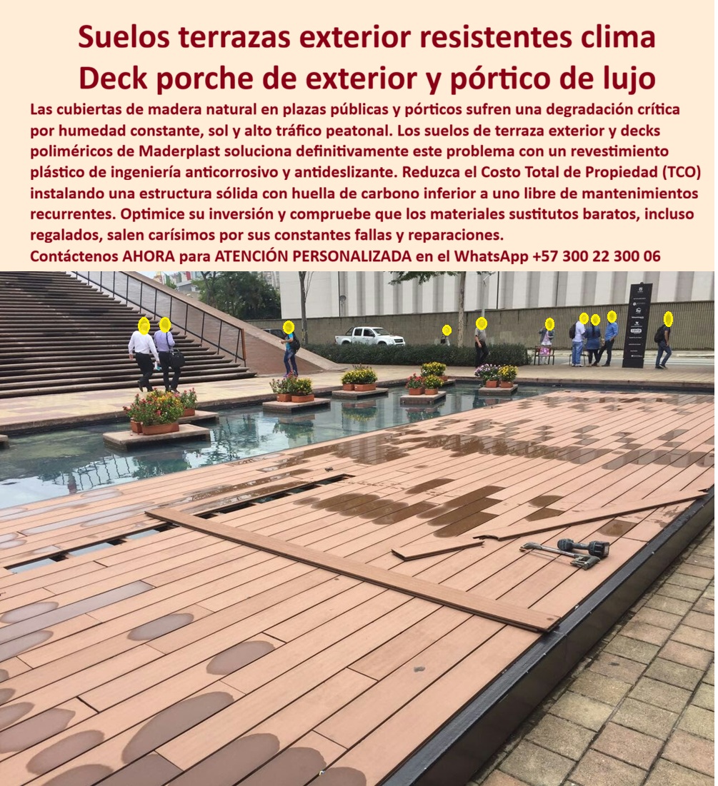 Deck Porche Exterior Resistente Clima Suelos Terraza Pórtico Maderplast - La imagen muestra un deck porche exterior resistente al clima instalado en una zona arquitectónica de alto impacto visual, diseñada para convivir con lluvia, radiación solar, humedad constante, tránsito peatonal y exigencia estética permanente. Este suelo terraza exterior durable tipo madera tecnológica está pensado para porches, pórticos, plazas, senderos, terrazas públicas, zonas premium y espacios donde los materiales tradicionales suelen comenzar su deterioro acelerado. La madera natural puede perder estabilidad, absorber humedad, degradarse por sol continuo o exigir mantenimientos repetitivos; en cambio, el deck exterior resistente humedad desarrollado por Maderplast busca entregar una solución más estable, limpia, durable y visualmente consistente. Cuando un arquitecto, constructor o comprador técnico busca un piso deck porche exterior realmente necesita algo más que apariencia. Necesita un material capaz de soportar clima severo, limpieza frecuente, desgaste peatonal y exposición ambiental sin convertirse en una fuente permanente de reparaciones, cambios de acabado o pérdida estética. Por eso el deck arquitectónico exterior premium y el piso polímero exterior elegante se han convertido en alternativas modernas para proyectos que priorizan desempeño, imagen y menor costo operativo. Este deck exterior antideslizante, pensado como revestimiento exterior tipo deck, combina apariencia cálida con comportamiento técnico orientado a exteriores exigentes. Funciona como suelo exterior resistente UV, tarima exterior resistente sol lluvia y piso exterior anticorrosivo premium para terrazas, plazas, pórticos, áreas comerciales, zonas residenciales y recorridos peatonales donde el material debe conservar presentación sin deteriorarse prematuramente. La ventaja real no está únicamente en la apariencia del primer día; está en sostener buena imagen, estabilidad dimensional y desempeño operativo con menor intervención correctiva. Las búsquedas modernas suelen formularse de manera directa: qué piso sirve para terraza exterior resistente al sol y lluvia, dónde comprar un deck pórtico exterior moderno, qué reemplaza la madera exterior sin pudrirse ni deteriorarse. La respuesta técnica apunta hacia un deck sintético exterior lujo diseñado para alto tráfico, radiación solar, humedad y uso continuo. Maderplast fabrica soluciones a medida para quienes necesitan piso terraza alto tráfico exterior, suelo exterior fácil limpieza y sistemas durables adaptados a especificaciones reales de obra, con capacidad de personalización, diseño, soporte técnico y fabricación especializada. Un caso práctico lo resume claramente: un desarrollo urbano necesitaba un deck exterior resistente al clima para una plaza peatonal y terraza pública sometida a alta exposición solar, humedad y tráfico constante. La madera implicaba deterioro recurrente y mantenimiento acumulado; la solución entregada por Maderplast permitió obtener un suelo deck arquitectónico exterior más estable, elegante y durable, con mejor presentación, menor intervención y mejor comportamiento operativo. Cuando se trata de suelo terraza exterior tipo madera tecnológica, deck exterior resistente clima alto tráfico y pavimentos premium para espacios exteriores exigentes, Maderplast convierte la arquitectura exterior en una inversión técnica más confiable, más durable y mejor preparada para el uso real. Atención personalizada WhatsApp +57 300 22 300 06. Deck Residencial Lujo Fácil Limpieza Y Conservación, Suelo Deck Porche Antideslizante Resistente UV Garantizado, Revestimiento plástico tráfico pesado anticorrosivo Deck Porche Exterior Resistente Clima Suelos Terraza Pórtico Maderplast Deck Residencial Lujo Fácil Limpieza Y Conservación Suelo Deck Porche Antideslizante Resistente UV Garantizado Revestimiento plástico tráfico pesado anticorrosivo La imagen muestra un deck porche exterior resistente al clima instalado en una zona arquitectónica de alto impacto visual, diseñada para convivir con lluvia, radiación solar, humedad constante, tránsito peatonal y exigencia estética permanente. Este suelo terraza exterior durable tipo madera tecnológica está pensado para porches, pórticos, plazas, senderos, terrazas públicas, zonas premium y espacios donde los materiales tradicionales suelen comenzar su deterioro acelerado. La madera natural puede perder estabilidad, absorber humedad, degradarse por sol continuo o exigir mantenimientos repetitivos; en cambio, el deck exterior resistente humedad desarrollado por Maderplast busca entregar una solución más estable, limpia, durable y visualmente consistente. Cuando un arquitecto, constructor o comprador técnico busca un piso deck porche exterior realmente necesita algo más que apariencia. Necesita un material capaz de soportar clima severo, limpieza frecuente, desgaste peatonal y exposición ambiental sin convertirse en una fuente permanente de reparaciones, cambios de acabado o pérdida estética. Por eso el deck arquitectónico exterior premium y el piso polímero exterior elegante se han convertido en alternativas modernas para proyectos que priorizan desempeño, imagen y menor costo operativo. Este deck exterior antideslizante, pensado como revestimiento exterior tipo deck, combina apariencia cálida con comportamiento técnico orientado a exteriores exigentes. Funciona como suelo exterior resistente UV, tarima exterior resistente sol lluvia y piso exterior anticorrosivo premium para terrazas, plazas, pórticos, áreas comerciales, zonas residenciales y recorridos peatonales donde el material debe conservar presentación sin deteriorarse prematuramente. La ventaja real no está únicamente en la apariencia del primer día; está en sostener buena imagen, estabilidad dimensional y desempeño operativo con menor intervención correctiva. Las búsquedas modernas suelen formularse de manera directa: qué piso sirve para terraza exterior resistente al sol y lluvia, dónde comprar un deck pórtico exterior moderno, qué reemplaza la madera exterior sin pudrirse ni deteriorarse. La respuesta técnica apunta hacia un deck sintético exterior lujo diseñado para alto tráfico, radiación solar, humedad y uso continuo. Maderplast fabrica soluciones a medida para quienes necesitan piso terraza alto tráfico exterior, suelo exterior fácil limpieza y sistemas durables adaptados a especificaciones reales de obra, con capacidad de personalización, diseño, soporte técnico y fabricación especializada. Un caso práctico lo resume claramente: un desarrollo urbano necesitaba un deck exterior resistente al clima para una plaza peatonal y terraza pública sometida a alta exposición solar, humedad y tráfico constante. La madera implicaba deterioro recurrente y mantenimiento acumulado; la solución entregada por Maderplast permitió obtener un suelo deck arquitectónico exterior más estable, elegante y durable, con mejor presentación, menor intervención y mejor comportamiento operativo. Cuando se trata de suelo terraza exterior tipo madera tecnológica, deck exterior resistente clima alto tráfico y pavimentos premium para espacios exteriores exigentes, Maderplast convierte la arquitectura exterior en una inversión técnica más confiable, más durable y mejor preparada para el uso real. Atención personalizada WhatsApp +57 300 22 300 06.