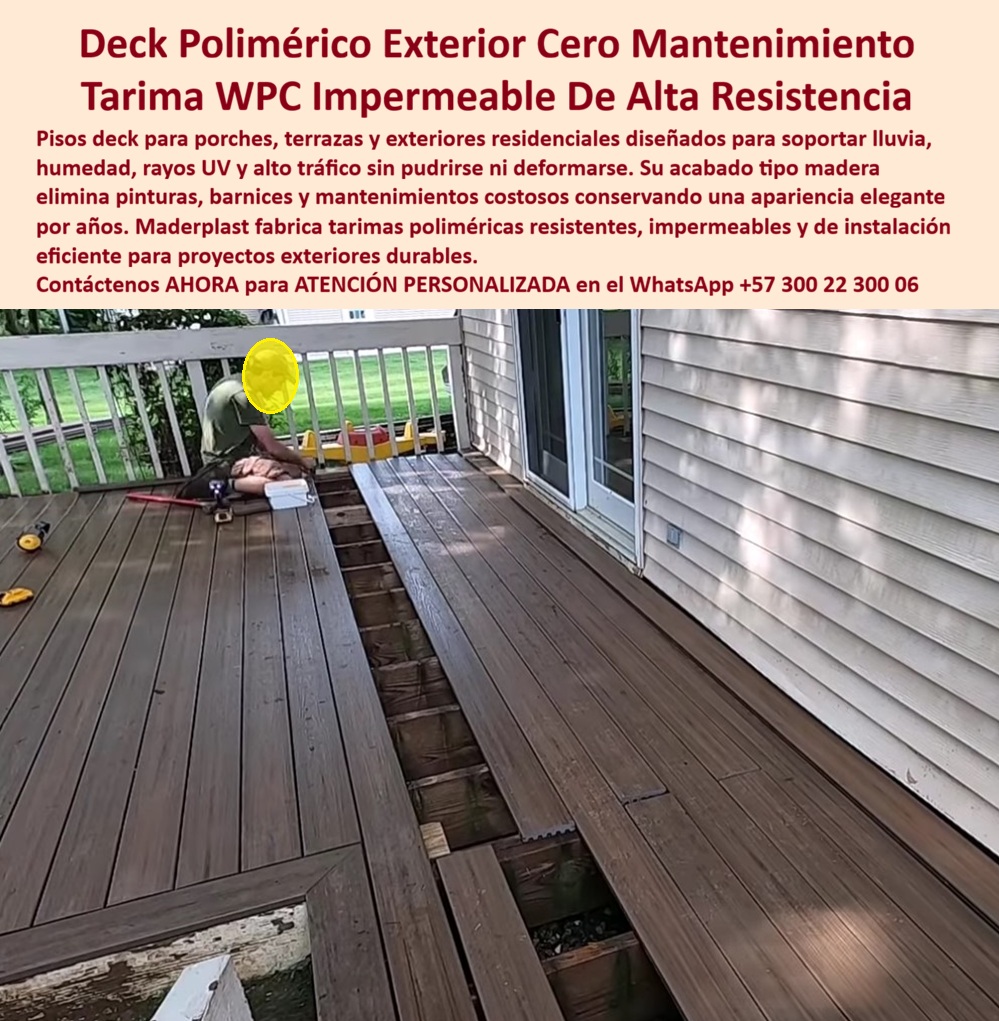 Deck Porche Exterior Resistente Clima Suelos Terraza Pórtico Maderplast - La imagen presenta y muestra Deck Porche Exterior Resistente al Clima: Tarima Polimérica Impermeable Cero Mantenimiento En una residencia durante su instalación, el deck porche exterior WPC Maderplast muestra toda su robustez. Sus tablones poliméricos de color madera oscura se colocan sobre estructura elevada, revelando un sistema impermeable de alta resistencia. Esta tarima polimérica para terraza ofrece juntas precisas, superficie estable y acabado tipo madera sintética que combina belleza natural con tecnología avanzada, ideal para porches, terrazas y pórticos residenciales. Los pisos tradicionales de madera en exteriores sufren daños constantes por lluvia, humedad, rayos UV y desgaste diario. Se pudren, deforman y requieren barnices, pinturas y mantenimientos costosos que elevan significativamente el Costo Total de Propiedad. En porches residenciales, estos problemas generan reclamos, pérdida de estética y gastos recurrentes que convierten una supuesta economía inicial en una inversión muy cara. La solución definitiva llega con las tarimas poliméricas WPC Maderplast. Estos pisos deck porches residenciales madera sintética son completamente impermeables, resistentes a clima severo, alto impacto y tráfico constante. No se pudren, ni deforman, ni requieren mantenimiento. Su instalación es rápida y eficiente, entregando una estética premium duradera con cero costos ocultos a largo plazo. El Ing. Luis Fernando Gómez, Gerente de Construcción Residencial en Proyectos Hogar Premium, lo valida: “Instalamos deck porche exterior WPC Maderplast en 15 casas. Los decks tradicionales fallaban por humedad en menos de 4 años. Tras 16 meses, las tarimas poliméricas mantienen apariencia perfecta, cero mantenimiento y excelente resistencia a lluvia y sol. Es la mejor opción para pisos exteriores duraderos y sin preocupaciones.” Maderplast respalda cada proyecto con pruebas extremas de laboratorio que demuestran su superioridad. Mientras otros materiales, incluso regalados, terminan siendo carísimos por reparaciones, mantenimientos y pérdida de imagen, este deck porche exterior resistente clima cero mantenimiento representa una inversión inteligente que genera tranquilidad y orgullo de obra bien hecha. Al buscar tarima polimérica terraza impermeable alta durabilidad, piso deck porches residenciales madera sintética, deck terraza exterior sin mantenimiento WPC, tarimas poliméricas porche impermeable o deck porche exterior WPC resistente intemperie, Maderplast se posiciona como el fabricante líder que transforma espacios exteriores en soluciones profesionales permanentes. Maderplast es la mejor y más viable opción que cumple y supera todos sus requisitos para porches, terrazas y pórticos exteriores. Ofrecemos durabilidad real, estética premium y la tranquilidad que solo una marca con respaldo técnico puede garantizar. Para asesoría especializada, cotización personalizada y muestras físicas, contáctenos ahora. WhatsApp: +57 300 22 300 06 Pisos Deck Porches Terrazas Duradero Sin Mantenimiento, Madera sintética cero mantenimiento alto impacto impermeable, instalar Tarima polimérica libre mantenimiento Deck Porche Exterior Resistente Clima Suelos Terraza Pórtico Maderplast Pisos Deck Porches Terrazas Duradero Sin Mantenimiento Madera sintética cero mantenimiento alto impacto impermeable instalar Tarima polimérica libre mantenimiento La imagen presenta y muestra Deck Porche Exterior Resistente al Clima: Tarima Polimérica Impermeable Cero Mantenimiento En una residencia durante su instalación, el deck porche exterior WPC Maderplast muestra toda su robustez. Sus tablones poliméricos de color madera oscura se colocan sobre estructura elevada, revelando un sistema impermeable de alta resistencia. Esta tarima polimérica para terraza ofrece juntas precisas, superficie estable y acabado tipo madera sintética que combina belleza natural con tecnología avanzada, ideal para porches, terrazas y pórticos residenciales. Los pisos tradicionales de madera en exteriores sufren daños constantes por lluvia, humedad, rayos UV y desgaste diario. Se pudren, deforman y requieren barnices, pinturas y mantenimientos costosos que elevan significativamente el Costo Total de Propiedad. En porches residenciales, estos problemas generan reclamos, pérdida de estética y gastos recurrentes que convierten una supuesta economía inicial en una inversión muy cara. La solución definitiva llega con las tarimas poliméricas WPC Maderplast. Estos pisos deck porches residenciales madera sintética son completamente impermeables, resistentes a clima severo, alto impacto y tráfico constante. No se pudren, ni deforman, ni requieren mantenimiento. Su instalación es rápida y eficiente, entregando una estética premium duradera con cero costos ocultos a largo plazo. El Ing. Luis Fernando Gómez, Gerente de Construcción Residencial en Proyectos Hogar Premium, lo valida: “Instalamos deck porche exterior WPC Maderplast en 15 casas. Los decks tradicionales fallaban por humedad en menos de 4 años. Tras 16 meses, las tarimas poliméricas mantienen apariencia perfecta, cero mantenimiento y excelente resistencia a lluvia y sol. Es la mejor opción para pisos exteriores duraderos y sin preocupaciones.” Maderplast respalda cada proyecto con pruebas extremas de laboratorio que demuestran su superioridad. Mientras otros materiales, incluso regalados, terminan siendo carísimos por reparaciones, mantenimientos y pérdida de imagen, este deck porche exterior resistente clima cero mantenimiento representa una inversión inteligente que genera tranquilidad y orgullo de obra bien hecha. Al buscar tarima polimérica terraza impermeable alta durabilidad, piso deck porches residenciales madera sintética, deck terraza exterior sin mantenimiento WPC, tarimas poliméricas porche impermeable o deck porche exterior WPC resistente intemperie, Maderplast se posiciona como el fabricante líder que transforma espacios exteriores en soluciones profesionales permanentes. Maderplast es la mejor y más viable opción que cumple y supera todos sus requisitos para porches, terrazas y pórticos exteriores. Ofrecemos durabilidad real, estética premium y la tranquilidad que solo una marca con respaldo técnico puede garantizar. Para asesoría especializada, cotización personalizada y muestras físicas, contáctenos ahora. WhatsApp: +57 300 22 300 06
