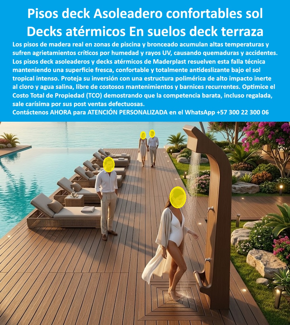 Decks Atérmicos Zonas De Relajación Pisos Deck Asoleaderos Maderplast - Esta imagen presenta caso éxito real de Los decks atérmicos para zonas de relajación y asoleaderos responden a una necesidad crítica en piscinas, resorts, spas, terrazas wellness y espacios exteriores expuestos a radiación solar intensa: disponer de un piso confortable al caminar descalzo, seguro en húmedo y estable frente al clima severo sin sacrificar estética arquitectónica. La imagen presenta un sistema de pisos deck asoleaderos tipo madera premium, concebido para áreas de descanso, zonas VIP de bronceado, bordes de piscina y ambientes hoteleros donde el confort térmico tiene impacto directo sobre la experiencia del usuario. En muchos proyectos costeros, tropicales o de alta radiación, los materiales tradicionales presentan un problema recurrente: absorben calor, elevan su temperatura superficial, generan incomodidad al contacto, favorecen agrietamientos por exposición UV y exigen mantenimientos continuos por humedad, cloro, agua salina y desgaste ambiental. Por eso hoy aparecen consultas cada vez más específicas como: ¿qué deck no quema bajo el sol para piscinas y terrazas?, ¿qué piso sirve para piscina sin calentarse demasiado?, o ¿dónde comprar pisos deck frescos para resorts y zonas de relajación? Los decks atérmicos zonas de relajación, los pisos deck asoleaderos premium, los suelos deck terraza asoleadora atérmicos y los pisos tipo madera frescos para piscinas fueron desarrollados precisamente para resolver ese desafío técnico. Se trata de superficies diseñadas para proporcionar confort térmico exterior, comportamiento antideslizante, resistencia UV, tolerancia a humedad permanente, exposición a cloro, agua salina y operación continua en ambientes turísticos, wellness y hospitality de alta exigencia. En aplicaciones como resorts, clubes, hoteles, spas, rooftops, terrazas wellness y zonas exclusivas de bronceado, no basta con tener un piso bonito; el comprador técnico, el arquitecto y el operador necesitan un material que combine apariencia premium, desempeño térmico, seguridad peatonal y durabilidad ambiental. Un deck exterior resistente al calor tropical, un piso piscina atérmico exterior o un deck wellness exterior premium puede marcar la diferencia entre una experiencia confortable de alto nivel y una superficie incómoda, resbalosa o costosa de mantener. El impacto económico también importa. Los sistemas convencionales pueden terminar generando costos ocultos asociados a barnices, reposiciones, tratamientos superficiales, intervenciones correctivas o pérdida de imagen estética por degradación ambiental. En contraste, un deck atérmico de larga duración, un piso terraza tropical premium o un suelo piscina confortable bajo sol apunta a reducir intervenciones operativas mientras conserva apariencia arquitectónica y estabilidad funcional durante ciclos prolongados de uso exterior. Un proyecto hotelero costero ilustra bien este escenario. Se requerían pisos deck atérmicos para asoleaderos y zonas de piscina capaces de ofrecer confort real bajo radiación intensa, seguridad peatonal en mojado permanente y una imagen premium consistente con la operación hospitality. Las alternativas tradicionales acumulaban temperatura, deterioro superficial e incomodidad de uso. Maderplast implementó suelos deck terraza atérmicos con mejor comportamiento térmico, excelente resistencia exterior y desempeño confiable en operación hotelera continua. Para proyectos que requieren deck fresco bajo sol tropical, pisos tipo madera confortables, deck resort zona bronceado, deck UV humedad cloro, piso antideslizante piscina resort o superficies técnicas para ambientes exteriores de alta exposición solar, Maderplast fabrica soluciones desarrolladas para integrar confort, resistencia ambiental, seguridad y estética premium en aplicaciones arquitectónicas, hoteleras y recreativas. Atención personalizada WhatsApp +57 300 22 300 06. Pisos Tipo Madera Confortables Bajo Sol Tropical Intenso, Pisos Deck Frescos Zonas Exclusivas De Bronceado, Suelos Deck Terraza Asoleadora Atermicos, Decks SOL Decks Atérmicos Zonas De Relajación Pisos Deck Asoleaderos Maderplast Pisos Tipo Madera Confortables Bajo Sol Tropical Intenso Pisos Deck Frescos Zonas Exclusivas De Bronceado Suelos Deck Terraza Asoleadora Atermicos Decks SOL Esta imagen presenta caso éxito real de Los decks atérmicos para zonas de relajación y asoleaderos responden a una necesidad crítica en piscinas, resorts, spas, terrazas wellness y espacios exteriores expuestos a radiación solar intensa: disponer de un piso confortable al caminar descalzo, seguro en húmedo y estable frente al clima severo sin sacrificar estética arquitectónica. La imagen presenta un sistema de pisos deck asoleaderos tipo madera premium, concebido para áreas de descanso, zonas VIP de bronceado, bordes de piscina y ambientes hoteleros donde el confort térmico tiene impacto directo sobre la experiencia del usuario. En muchos proyectos costeros, tropicales o de alta radiación, los materiales tradicionales presentan un problema recurrente: absorben calor, elevan su temperatura superficial, generan incomodidad al contacto, favorecen agrietamientos por exposición UV y exigen mantenimientos continuos por humedad, cloro, agua salina y desgaste ambiental. Por eso hoy aparecen consultas cada vez más específicas como: ¿qué deck no quema bajo el sol para piscinas y terrazas?, ¿qué piso sirve para piscina sin calentarse demasiado?, o ¿dónde comprar pisos deck frescos para resorts y zonas de relajación? Los decks atérmicos zonas de relajación, los pisos deck asoleaderos premium, los suelos deck terraza asoleadora atérmicos y los pisos tipo madera frescos para piscinas fueron desarrollados precisamente para resolver ese desafío técnico. Se trata de superficies diseñadas para proporcionar confort térmico exterior, comportamiento antideslizante, resistencia UV, tolerancia a humedad permanente, exposición a cloro, agua salina y operación continua en ambientes turísticos, wellness y hospitality de alta exigencia. En aplicaciones como resorts, clubes, hoteles, spas, rooftops, terrazas wellness y zonas exclusivas de bronceado, no basta con tener un piso bonito; el comprador técnico, el arquitecto y el operador necesitan un material que combine apariencia premium, desempeño térmico, seguridad peatonal y durabilidad ambiental. Un deck exterior resistente al calor tropical, un piso piscina atérmico exterior o un deck wellness exterior premium puede marcar la diferencia entre una experiencia confortable de alto nivel y una superficie incómoda, resbalosa o costosa de mantener. El impacto económico también importa. Los sistemas convencionales pueden terminar generando costos ocultos asociados a barnices, reposiciones, tratamientos superficiales, intervenciones correctivas o pérdida de imagen estética por degradación ambiental. En contraste, un deck atérmico de larga duración, un piso terraza tropical premium o un suelo piscina confortable bajo sol apunta a reducir intervenciones operativas mientras conserva apariencia arquitectónica y estabilidad funcional durante ciclos prolongados de uso exterior. Un proyecto hotelero costero ilustra bien este escenario. Se requerían pisos deck atérmicos para asoleaderos y zonas de piscina capaces de ofrecer confort real bajo radiación intensa, seguridad peatonal en mojado permanente y una imagen premium consistente con la operación hospitality. Las alternativas tradicionales acumulaban temperatura, deterioro superficial e incomodidad de uso. Maderplast implementó suelos deck terraza atérmicos con mejor comportamiento térmico, excelente resistencia exterior y desempeño confiable en operación hotelera continua. Para proyectos que requieren deck fresco bajo sol tropical, pisos tipo madera confortables, deck resort zona bronceado, deck UV humedad cloro, piso antideslizante piscina resort o superficies técnicas para ambientes exteriores de alta exposición solar, Maderplast fabrica soluciones desarrolladas para integrar confort, resistencia ambiental, seguridad y estética premium en aplicaciones arquitectónicas, hoteleras y recreativas. Atención personalizada WhatsApp +57 300 22 300 06.
