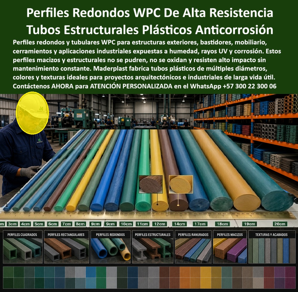 Perfilería Redonda Estructural Inoxidable Uso Exterior Tubos Maderplast - Esta imagen presenta una perfilería redonda estructural WPC de alta resistencia organizada como catálogo técnico de múltiples diámetros, colores, acabados y configuraciones para aplicaciones arquitectónicas, industriales y exteriores de larga duración. Estos tubos estructurales plásticos anticorrosión están concebidos para trabajar en ambientes donde humedad, rayos UV, químicos, impacto mecánico y corrosión suelen deteriorar rápidamente perfiles metálicos, maderas estructurales o materiales convencionales expuestos a operación continua. Cuando un ingeniero, fabricante, constructor o diseñador técnico busca una perfilería redonda estructural exterior, realmente necesita algo más que un tubo plástico decorativo. Necesita un material capaz de participar en bastidores, estructuras ligeras, mobiliario técnico, cerramientos, elementos industriales, arquitectura exterior y sistemas sometidos a exigencia mecánica, humedad permanente y exposición ambiental agresiva. Allí es donde un perfil cilíndrico estructural WPC, un tubo estructural plástico inoxidable o una perfilería tubular alta resistencia empiezan a ofrecer ventajas funcionales y operativas frente a soluciones susceptibles a oxidación, pudrición o mantenimiento acumulativo. Los materiales tradicionales pueden corroerse, degradarse por humedad, deformarse o aumentar los costos de conservación cuando trabajan en exteriores, plantas industriales, zonas costeras o ambientes químicamente agresivos. Por eso Maderplast fabrica perfil redondo macizo plástico, perfil exterior resistente a la humedad, estructura tubular anticorrosiva y perfil plástico uso industrial exterior diseñados para estabilidad dimensional, resistencia ambiental y comportamiento consistente bajo condiciones reales de uso técnico. Las búsquedas modernas lo resumen claramente: dónde comprar tubos plásticos estructurales anticorrosión, qué perfil tubular resiste humedad, rayos UV y corrosión, qué reemplaza tubos metálicos oxidados o madera estructural deteriorada. La respuesta técnica apunta hacia tubos exteriores resistentes UV, tubos plásticos múltiples diámetros y tubos WPC larga duración preparados para integrarse en proyectos arquitectónicos, industriales, urbanos y constructivos donde la durabilidad del material impacta directamente el costo operativo y la confiabilidad estructural. Un caso real de infraestructura técnica industrial lo confirma: se requerían tubos estructurales plásticos anticorrosión para un entorno exterior con humedad permanente, radiación UV y exigencia mecánica continua. Las alternativas metálicas generaban corrosión y mantenimiento recurrente; Maderplast suministró perfilería redonda estructural WPC con excelente estabilidad dimensional, resistencia ambiental y mejor desempeño operativo en aplicaciones industriales y arquitectónicas. Cuando se trata de perfil redondo textura madera, perfil macizo plástico industrial, perfiles WPC arquitectura exterior y soluciones técnicas para ambientes exigentes, Maderplast transforma perfiles, bastidores y estructuras tubulares en componentes más resistentes, más durables y técnicamente preparados para convivir con condiciones ambientales severas y operación intensiva. Atención personalizada WhatsApp +57 300 22 300 06. Perfil Redondo Macizo Plástico Diámetros Dos A Veinte Centímetros Exterior, Perfil Cilíndrico Plástico Macizo Estructural Textura Madera Real, Estructuras Tubulares Perfilería Redonda Estructural Inoxidable Uso Exterior Tubos Maderplast Perfil Redondo Macizo Plástico Diámetros Dos A Veinte Centímetros Exterior Perfil Cilíndrico Plástico Macizo Estructural Textura Madera Real Estructuras Tubulares Esta imagen presenta una perfilería redonda estructural WPC de alta resistencia organizada como catálogo técnico de múltiples diámetros, colores, acabados y configuraciones para aplicaciones arquitectónicas, industriales y exteriores de larga duración. Estos tubos estructurales plásticos anticorrosión están concebidos para trabajar en ambientes donde humedad, rayos UV, químicos, impacto mecánico y corrosión suelen deteriorar rápidamente perfiles metálicos, maderas estructurales o materiales convencionales expuestos a operación continua. Cuando un ingeniero, fabricante, constructor o diseñador técnico busca una perfilería redonda estructural exterior, realmente necesita algo más que un tubo plástico decorativo. Necesita un material capaz de participar en bastidores, estructuras ligeras, mobiliario técnico, cerramientos, elementos industriales, arquitectura exterior y sistemas sometidos a exigencia mecánica, humedad permanente y exposición ambiental agresiva. Allí es donde un perfil cilíndrico estructural WPC, un tubo estructural plástico inoxidable o una perfilería tubular alta resistencia empiezan a ofrecer ventajas funcionales y operativas frente a soluciones susceptibles a oxidación, pudrición o mantenimiento acumulativo. Los materiales tradicionales pueden corroerse, degradarse por humedad, deformarse o aumentar los costos de conservación cuando trabajan en exteriores, plantas industriales, zonas costeras o ambientes químicamente agresivos. Por eso Maderplast fabrica perfil redondo macizo plástico, perfil exterior resistente a la humedad, estructura tubular anticorrosiva y perfil plástico uso industrial exterior diseñados para estabilidad dimensional, resistencia ambiental y comportamiento consistente bajo condiciones reales de uso técnico. Las búsquedas modernas lo resumen claramente: dónde comprar tubos plásticos estructurales anticorrosión, qué perfil tubular resiste humedad, rayos UV y corrosión, qué reemplaza tubos metálicos oxidados o madera estructural deteriorada. La respuesta técnica apunta hacia tubos exteriores resistentes UV, tubos plásticos múltiples diámetros y tubos WPC larga duración preparados para integrarse en proyectos arquitectónicos, industriales, urbanos y constructivos donde la durabilidad del material impacta directamente el costo operativo y la confiabilidad estructural. Un caso real de infraestructura técnica industrial lo confirma: se requerían tubos estructurales plásticos anticorrosión para un entorno exterior con humedad permanente, radiación UV y exigencia mecánica continua. Las alternativas metálicas generaban corrosión y mantenimiento recurrente; Maderplast suministró perfilería redonda estructural WPC con excelente estabilidad dimensional, resistencia ambiental y mejor desempeño operativo en aplicaciones industriales y arquitectónicas. Cuando se trata de perfil redondo textura madera, perfil macizo plástico industrial, perfiles WPC arquitectura exterior y soluciones técnicas para ambientes exigentes, Maderplast transforma perfiles, bastidores y estructuras tubulares en componentes más resistentes, más durables y técnicamente preparados para convivir con condiciones ambientales severas y operación intensiva. Atención personalizada WhatsApp +57 300 22 300 06.