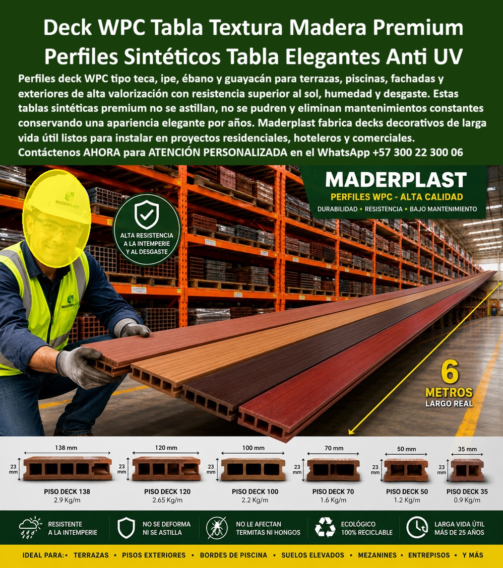 Perfiles Deck Madera Fina Pisos Sintéticos Wpc Elegantes Maderplast - Esta imagen presenta Deck WPC Textura Madera Premium: Tablas de Lujo Teca, Ipe, Ébano y Guayacán En proyectos de alto estándar, el deck WPC textura madera fina Maderplast destaca por su elegancia excepcional. Estas tablas sintéticas reproducen fielmente las texturas premium de teca, ipe, ébano y guayacán, con acabados realistas, superficies antideslizantes y perfiles listos para instalar. Disponibles en diversos anchos y largos de 6 metros, ofrecen una estética de lujo natural que transforma terrazas, bordes de piscina, fachadas y exteriores residenciales en espacios sofisticados y perdurables. La madera natural en exteriores sufre desgaste acelerado por rayos UV, humedad, lluvia y cambios térmicos. Se astilla, agrieta, decolora y requiere constantes lijados, barnices y mantenimientos que elevan los costos y comprometen la belleza del proyecto con el paso del tiempo. El deck decorativo exterior resistente UV de Maderplast es la solución definitiva. Fabricadas con composite WPC de alta densidad, estas tablas WPC de lujo sin mantenimiento son impermeables, resistentes a la intemperie, antideslizantes y completamente estables. No se astillan, no se pudren ni pierden color, ofreciendo una apariencia elegante durante décadas con cero mantenimiento. Ideales para terrazas premium, piscinas, fachadas y decks decorativos donde la estética y durabilidad son fundamentales. El Arq. Carolina Mendoza, Directora de Diseño de Constructora Residencial Premium, lo confirma: “Instalamos decks WPC Maderplast textura teca e ipe en terrazas de residencias de lujo. Tras 15 meses, las tablas mantienen color, textura elegante y cero mantenimiento con excelente feedback de clientes. Es la mejor solución para decks decorativos de lujo.” Mientras otros materiales, incluso regalados, terminan siendo carísimos por mantenimientos constantes y pérdida de imagen, el deck WPC textura teca ipe exterior, tablas deck lujo guayacán ébano, perfiles deck madera fina sin mantenimiento, deck decorativo premium resistente UV y pisos sintéticos WPC lujo exterior de Maderplast entregan verdadera elegancia perdurable, resistencia superior y la mejor relación calidad-economía. Maderplast es la mejor y más viable opción que cumple y supera sus requisitos para decks de lujo con texturas de madera fina. Ofrecemos variedad de perfiles, diseño a medida y respaldo técnico con pruebas de laboratorio extremas. Para asesoría especializada, cotización personalizada y muestras físicas, contáctenos ahora. WhatsApp: +57 300 22 300 06 Deck WPC Textura Teca Ipe Ébano Guayacán Exterior Elegante, Tablas WPC De Lujo Sin Mantenimiento Listas Para Instalar, Decks Decorativos Exterior Resistentes Rayos UV, a Perfiles Deck Madera Fina Pisos Sintéticos Wpc Elegantes Maderplast Deck WPC Textura Teca Ipe Ébano Guayacán Exterior Elegante Tablas WPC De Lujo Sin Mantenimiento Listas Para Instalar Decks Decorativos Exterior Resistentes Rayos UV a Esta imagen presenta Deck WPC Textura Madera Premium: Tablas de Lujo Teca, Ipe, Ébano y Guayacán En proyectos de alto estándar, el deck WPC textura madera fina Maderplast destaca por su elegancia excepcional. Estas tablas sintéticas reproducen fielmente las texturas premium de teca, ipe, ébano y guayacán, con acabados realistas, superficies antideslizantes y perfiles listos para instalar. Disponibles en diversos anchos y largos de 6 metros, ofrecen una estética de lujo natural que transforma terrazas, bordes de piscina, fachadas y exteriores residenciales en espacios sofisticados y perdurables. La madera natural en exteriores sufre desgaste acelerado por rayos UV, humedad, lluvia y cambios térmicos. Se astilla, agrieta, decolora y requiere constantes lijados, barnices y mantenimientos que elevan los costos y comprometen la belleza del proyecto con el paso del tiempo. El deck decorativo exterior resistente UV de Maderplast es la solución definitiva. Fabricadas con composite WPC de alta densidad, estas tablas WPC de lujo sin mantenimiento son impermeables, resistentes a la intemperie, antideslizantes y completamente estables. No se astillan, no se pudren ni pierden color, ofreciendo una apariencia elegante durante décadas con cero mantenimiento. Ideales para terrazas premium, piscinas, fachadas y decks decorativos donde la estética y durabilidad son fundamentales. El Arq. Carolina Mendoza, Directora de Diseño de Constructora Residencial Premium, lo confirma: “Instalamos decks WPC Maderplast textura teca e ipe en terrazas de residencias de lujo. Tras 15 meses, las tablas mantienen color, textura elegante y cero mantenimiento con excelente feedback de clientes. Es la mejor solución para decks decorativos de lujo.” Mientras otros materiales, incluso regalados, terminan siendo carísimos por mantenimientos constantes y pérdida de imagen, el deck WPC textura teca ipe exterior, tablas deck lujo guayacán ébano, perfiles deck madera fina sin mantenimiento, deck decorativo premium resistente UV y pisos sintéticos WPC lujo exterior de Maderplast entregan verdadera elegancia perdurable, resistencia superior y la mejor relación calidad-economía. Maderplast es la mejor y más viable opción que cumple y supera sus requisitos para decks de lujo con texturas de madera fina. Ofrecemos variedad de perfiles, diseño a medida y respaldo técnico con pruebas de laboratorio extremas. Para asesoría especializada, cotización personalizada y muestras físicas, contáctenos ahora. WhatsApp: +57 300 22 300 06