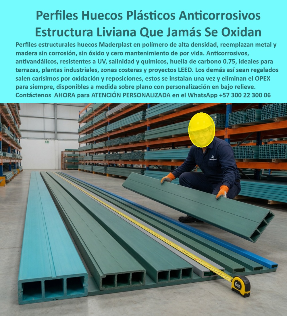 Perfiles Plásticos Livianos Alta Resistencia Perfil Estructural Maderplast - Esta imagen presenta Perfiles Rectangulares WPC Estructurales Inoxidables Perfiles Maderplast — Vigas WPC Perfiles Estructurales Inoxidables, Cuartones Plásticos Cero Corrosión, Perfiles Estructurales Madera Plástica Siete referencias de perfiles rectangulares WPC Maderplast exhibidos en bodega industrial con ficha técnica visual que detalla secciones transversales, pesos por metro y largo real de seis metros: perfil tubo 50x50 a 0.9 kilogramos por metro, perfil tubo 100x50 a 1.6, perfil tubo 120 x 50 a 1.8, perfil tubo 150x50 a 2.2 kilogramos por metro para aplicaciones de estructura pesada, junto con perfil macizo 100x30 a 1.4, perfil macizo 70x20 a 0.7 y perfil macizo 50x20 a 0.5 kilogramos por metro para estructura ligera, todos fabricados con madera plástica WPC inoxidable que reemplaza definitivamente madera y metal en construcción exterior sin corrosión, sin termitas, sin astillas y sin mantenimiento por más de veinticinco años. Esa gama completa de perfiles rectangulares WPC estructurales inoxidables de seis metros que muestra esta imagen, acompañada de iconos de resistencia a intemperie, certificación ecológica cien por ciento reciclable y huella de carbono de 0.75, es exactamente lo que Maderplast fabrica sobre pedido a medida con despacho según cronograma de obra para terrazas, mezanines, entrepisos, bordes de piscina, cumbreras, zarzos y suelos elevados en cualquier clima extremo. Las vigas plásticas para terraza entrepiso sin corrosión, los cuartones WPC tubulares reemplazo madera metal y los perfiles plásticos macizos para mezanine y zarzo eliminan el problema crónico que enfrenta todo calculista estructural en ambientes húmedos o corrosivos: los perfiles metálicos se oxidan en dos años, los cuartones de madera se pudren en meses con humedad relativa alta y cada reposición implica parar producción o desmontar estructuras completas, multiplicando el costo real del proyecto varias veces sobre el presupuesto original. Así lo certifica el Ing. Camilo Reyes, Calculista Estructural de Ingeniería Renovable S.A.S., quien en junio de 2024 especificó perfiles tubulares WPC Maderplast 150 x 50 milímetros para vigas principales y 100 x 50 milímetros para viguetas en un mezanine de ciento ochenta metros cuadrados dentro de planta industrial con humedad relativa del noventa por ciento y exposición permanente a vapores corrosivos: después de catorce meses en esas condiciones extremas, el resultado es cero corrosión, cero deformación, cero mantenimiento y sin haber cerrado un solo día por reparación estructural, mientras Maderplast entregó fichas técnicas con pesos por metro y resistencia a flexión para el cálculo estructural, despachó en seis metros reales sin desperdicios y cumplió en los tiempos del cronograma, reduciendo el costo de reposición literalmente a cero. Las vigas WPC para estructura exterior sin termitas, la perfilería plástica para cumbreras y suelos elevados, los perfiles WPC ecológicos reciclables construcción sostenible, los cuartones plásticos 150x50 para estructura pesada, las vigas WPC para borde de piscina y terraza, los perfiles estructurales plásticos sin pintura ni mantenimiento, los cuartones WPC para proyecto constructivo exterior, las vigas plásticas ligeras para pérgola y cercha, los perfiles WPC para glamping y estructura turística, los cuartones plásticos para cerca y baranda exterior y las vigas WPC resistentes humedad e intemperie permanente son variantes del mismo sistema fabricado con procesos industriales controlados, experiencia comprobada en plásticos técnicos y capacidad de producción en serie en Colombia. Los perfiles de madera y metal tradicionales resultan carísimos incluso regalados por sus reposiciones constantes, oxidación prematura, pudrición oculta y paros de producción que ningún precio inicial compensa frente a perfiles Maderplast que se instalan una vez y quedan protegidos de por vida: más largos, más resistentes, más duraderos. Las pruebas de resistencia a flexión están documentadas en video en youtube.com/@maderplasSA con fichas técnicas descargables. Solicite cotización, cortes según plano o producción en serie en el WhatsApp +57 300 22 300 06 o escriba a ingenieria@maderplast.co, porque Maderplast es la decisión que firma el calculista estructural con total tranquilidad sabiendo que las vigas que especifica no conocerán jamás un punto de óxido ni una termita. Listones WPC Terrazas Sin Mantenimiento Fuertes, Perfiles Cuadrados Huecos WPC Alta Durabilidad, Perfiles Huecos Plásticos Anticorrosivos Larga Vida, Perfiles WPC Perfiles Plásticos Livianos Alta Resistencia Perfil Estructural Maderplast Listones WPC Terrazas Sin Mantenimiento Fuertes Perfiles Cuadrados Huecos WPC Alta Durabilidad Perfiles Huecos Plásticos Anticorrosivos Larga Vida Perfiles WPC