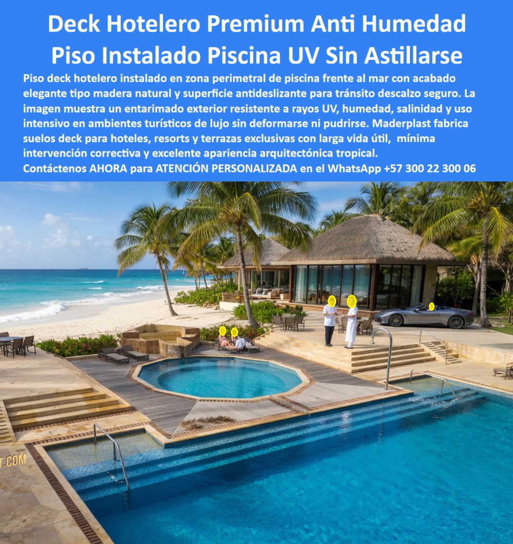Piso Deck Hotelero Resistente UV Y Humedad Suelo Perimetral Piscina Maderplas - La imagen presenta y muestra Piso Deck Hotelero Resistente UV Y Humedad Suelo Perimetral Piscina Maderplast — Entarimado Piscina Antideslizante Bajo Mantenimiento, Suelos Deck Terrazas Antideslizante Duradero, Deck Piscina Antideslizante Sin Mantenimiento Duradero Deck WPC color arena natural cubriendo tres niveles de piscina escalonada en un resort cinco estrellas frente al mar caribeño con playa de arena blanca, palmeras cocoteras meciéndose con la brisa, palapa de techo de palma, jacuzzi integrado, escalones de acceso revestidos en la misma tarima, un ballet de traje blanco junto a un vehículo deportivo y huéspedes disfrutando del agua bajo sol directo: ese nivel de lujo operativo donde cada detalle debe permanecer impecable sin interrupciones por mantenimiento es exactamente lo que Maderplast diseña, fabrica con cortes a medida para desniveles y curvas, instala llave en mano y garantiza por más de veinte años sin un solo cierre de zona. El deck WPC piscina multinivel resort de lujo playa que muestra esta imagen resiste arena abrasiva pisada diariamente por huéspedes descalzos, salinidad extrema, cloro de piscina y radiación UV caribeña directa sin rayarse, sin decolorarse y sin generar astillas porque su formulación de madera plástica WPC de núcleo sólido impermeable con huella de carbono inferior a uno no absorbe humedad, no genera hongos y conserva su acabado tipo madera tropical con color integral permanente que elimina por completo la necesidad de lijado, barnizado o sellantes. El entarimado hotelero costero resistente sal arena UV, el piso deck piscina escalonada hotel cinco estrellas y el deck terraza resort frente al mar sin mantenimiento resuelven lo que la madera cumaru nunca pudo sostener en ambientes de playa: la arena arrastrada por los pies raya la superficie, la sal decolora el acabado y cada temporada alta obliga a cerrar niveles completos para mantenimiento, generando tres cierres anuales en plena ocupación que afectan directamente la facturación y la experiencia del huésped. Así lo certifica el Ing. Daniel Ospina, Gerente de Infraestructura de Resort Playa Esmeralda, quien en julio de 2023 instaló setecientos veinte metros cuadrados de deck WPC Maderplast en los tres niveles de piscina, escalones y contorno del jacuzzi: después de veintidós meses con arena pisada diariamente, brisa salina, cloro y sol caribeño directo, el resultado es cero rayado visible, cero decoloración, cero cierre por mantenimiento y un costo de mantenimiento que bajó literalmente a cero, mientras Maderplast resolvió los desniveles y curvas del jacuzzi con cortes a medida y completó la instalación en dieciocho días sin cerrar la piscina al público. El suelo WPC para piscina y jacuzzi hotelero premium, el deck antideslizante piscina hotel playa descalzo seguro, el entarimado exterior resort costero cero pudrición, el piso deck para escaleras de piscina hotelera, el deck WPC para proyecto turístico playa caribeña, la tarima hotelera resistente arena abrasiva y salinidad, el deck piscina hotel de playa color arena tropical, el suelo deck para terraza elevada resort costero, el entarimado WPC para área social hotel frente al mar, el deck para piscina con desniveles y jacuzzi hotelero y el piso WPC premium para resort cinco estrellas costero son variantes del mismo sistema constructivo fabricado con procesos industriales controlados, experiencia comprobada en plásticos técnicos y capacidad de producción a medida en Colombia. Las opciones baratas de la competencia resultan carísimas incluso regaladas por sus cierres recurrentes en temporada alta, rayado por arena, decoloración salina y pérdida de imagen hotelera que ningún ahorro inicial compensa. Las pruebas extremas están documentadas en video en youtube.com/@maderplasSA con fichas técnicas de resistencia a abrasión descargables. Solicite cotización, renders o producción en serie en el WhatsApp +57 300 22 300 06 o escriba a ingenieria@maderplast.co, porque Maderplast es la decisión que firma el gerente de infraestructura hotelera con total tranquilidad sabiendo que las tres próximas temporadas altas transcurrirá sin un solo cierre de piscina por mantenimiento. Entarimado Piscina Antideslizante Bajo Mantenimiento, Suelos Deck Terrazas Antideslizante Duradero, Deck Piscina Antideslizante Sin Mantenimiento Duradero Deck Piso Deck Hotelero Resistente UV Y Humedad Suelo Perimetral Piscina Maderplas Entarimado Piscina Antideslizante Bajo Mantenimiento Suelos Deck Terrazas Antideslizante Duradero Deck Piscina Antideslizante Sin Mantenimiento Duradero Deck La imagen presenta y muestra Piso Deck Hotelero Resistente UV Y Humedad Suelo Perimetral Piscina Maderplast — Entarimado Piscina Antideslizante Bajo Mantenimiento, Suelos Deck Terrazas Antideslizante Duradero, Deck Piscina Antideslizante Sin Mantenimiento Duradero Deck WPC color arena natural cubriendo tres niveles de piscina escalonada en un resort cinco estrellas frente al mar caribeño con playa de arena blanca, palmeras cocoteras meciéndose con la brisa, palapa de techo de palma, jacuzzi integrado, escalones de acceso revestidos en la misma tarima, un ballet de traje blanco junto a un vehículo deportivo y huéspedes disfrutando del agua bajo sol directo: ese nivel de lujo operativo donde cada detalle debe permanecer impecable sin interrupciones por mantenimiento es exactamente lo que Maderplast diseña, fabrica con cortes a medida para desniveles y curvas, instala llave en mano y garantiza por más de veinte años sin un solo cierre de zona. El deck WPC piscina multinivel resort de lujo playa que muestra esta imagen resiste arena abrasiva pisada diariamente por huéspedes descalzos, salinidad extrema, cloro de piscina y radiación UV caribeña directa sin rayarse, sin decolorarse y sin generar astillas porque su formulación de madera plástica WPC de núcleo sólido impermeable con huella de carbono inferior a uno no absorbe humedad, no genera hongos y conserva su acabado tipo madera tropical con color integral permanente que elimina por completo la necesidad de lijado, barnizado o sellantes. El entarimado hotelero costero resistente sal arena UV, el piso deck piscina escalonada hotel cinco estrellas y el deck terraza resort frente al mar sin mantenimiento resuelven lo que la madera cumaru nunca pudo sostener en ambientes de playa: la arena arrastrada por los pies raya la superficie, la sal decolora el acabado y cada temporada alta obliga a cerrar niveles completos para mantenimiento, generando tres cierres anuales en plena ocupación que afectan directamente la facturación y la experiencia del huésped. Así lo certifica el Ing. Daniel Ospina, Gerente de Infraestructura de Resort Playa Esmeralda, quien en julio de 2023 instaló setecientos veinte metros cuadrados de deck WPC Maderplast en los tres niveles de piscina, escalones y contorno del jacuzzi: después de veintidós meses con arena pisada diariamente, brisa salina, cloro y sol caribeño directo, el resultado es cero rayado visible, cero decoloración, cero cierre por mantenimiento y un costo de mantenimiento que bajó literalmente a cero, mientras Maderplast resolvió los desniveles y curvas del jacuzzi con cortes a medida y completó la instalación en dieciocho días sin cerrar la piscina al público. El suelo WPC para piscina y jacuzzi hotelero premium, el deck antideslizante piscina hotel playa descalzo seguro, el entarimado exterior resort costero cero pudrición, el piso deck para escaleras de piscina hotelera, el deck WPC para proyecto turístico playa caribeña, la tarima hotelera resistente arena abrasiva y salinidad, el deck piscina hotel de playa color arena tropical, el suelo deck para terraza elevada resort costero, el entarimado WPC para área social hotel frente al mar, el deck para piscina con desniveles y jacuzzi hotelero y el piso WPC premium para resort cinco estrellas costero son variantes del mismo sistema constructivo fabricado con procesos industriales controlados, experiencia comprobada en plásticos técnicos y capacidad de producción a medida en Colombia. Las opciones baratas de la competencia resultan carísimas incluso regaladas por sus cierres recurrentes en temporada alta, rayado por arena, decoloración salina y pérdida de imagen hotelera que ningún ahorro inicial compensa. Las pruebas extremas están documentadas en video en youtube.com/@maderplasSA con fichas técnicas de resistencia a abrasión descargables. Solicite cotización, renders o producción en serie en el WhatsApp +57 300 22 300 06 o escriba a ingenieria@maderplast.co, porque Maderplast es la decisión que firma el gerente de infraestructura hotelera con total tranquilidad sabiendo que las tres próximas temporadas altas transcurrirá sin un solo cierre de piscina por mantenimiento.