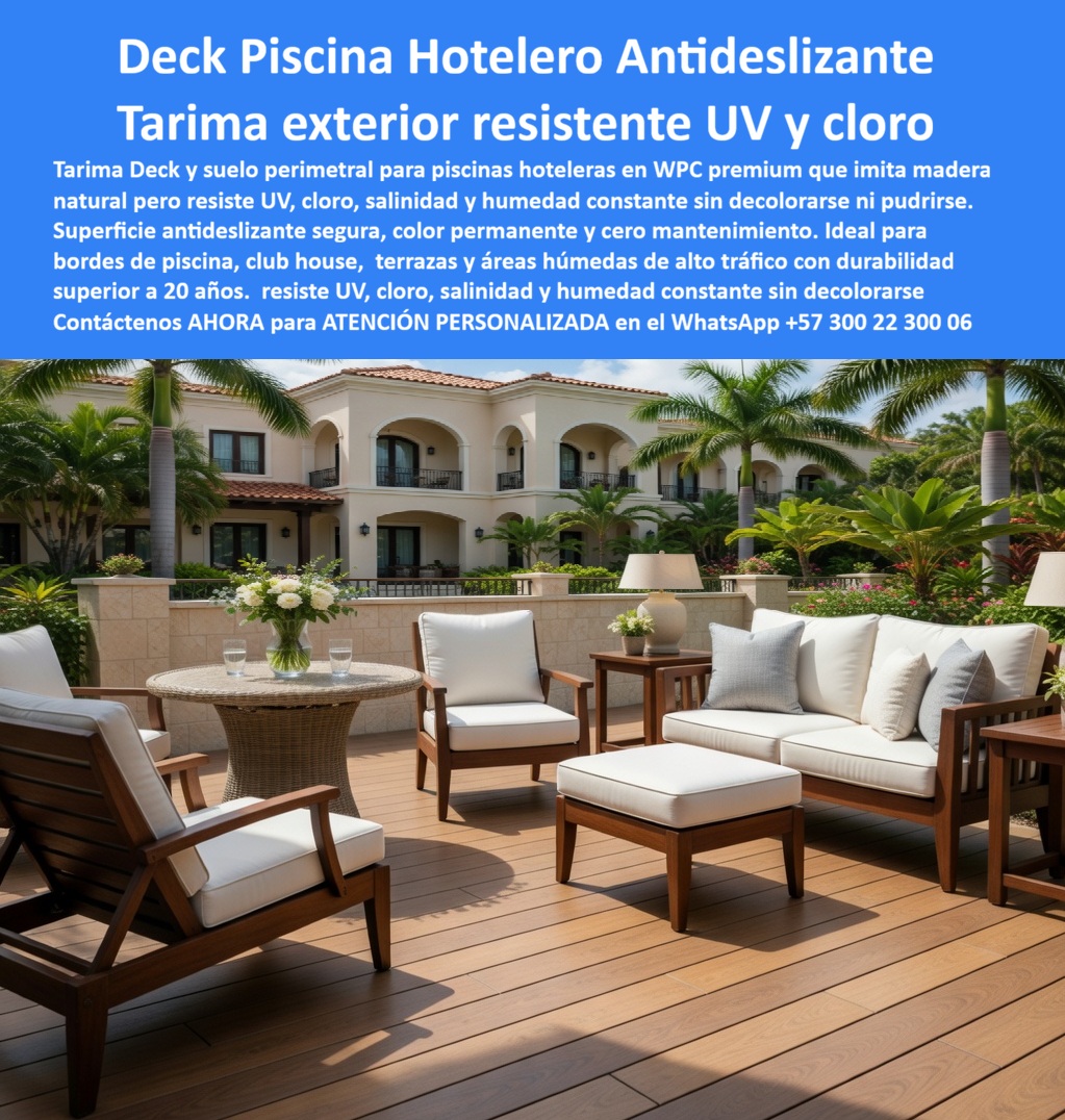 Piso Deck Hotelero Resistente UV Y Humedad Suelo Perimetral Piscina Maderplast - La imagen presenta y muestra Piso Deck Hotelero Resistente UV Y Humedad Suelo Perimetral Piscina Maderplast — Tarima Exterior Tipo Madera Larga Vida Útil, Suelo WPC Borde Piscina Club House Resistente UV Color Permanente, Tarima Deck Hotel Piscina Resistente Cloro Sal Deck WPC color cedro medio con acabado veteado tipo madera natural instalado en la terraza principal de un hotel resort estilo mediterráneo de dos pisos, rodeado de jardines tropicales con palmeras, mobiliario exterior de madera maciza con cojines blancos, mesa de centro con arreglo floral y copas de cristal que proyectan la atmósfera de lujo que un huésped espera encontrar al salir de su habitación: esa elegancia permanente sin un solo día de mantenimiento es exactamente lo que Maderplast fabrica, instala con servicio llave en mano y garantiza por más de veinte años en clima tropical cálido húmedo. El deck WPC para terraza de hotel con piscina que muestra esta imagen conserva su color integral resistente a UV, cloro y humedad constante porque la tarima hotelera resistente UV cloro y humedad está formulada con madera plástica WPC de núcleo sólido impermeable que no absorbe agua, no genera astillas, no exige barniz ni lijado y mantiene su apariencia idéntica al día de instalación temporada tras temporada sin intervención alguna del equipo de mantenimiento. El piso deck borde piscina resort clima tropical y el deck madera plástica para club house hotelero eliminan el ciclo destructivo que sufren los hoteles con madera teca o baldosa cerámica: decoloración cada seis meses, lijado obligatorio, cierre parcial de áreas que afecta la experiencia del huésped, astillas que generan quejas y un presupuesto de mantenimiento que termina duplicando la inversión original antes del tercer año. Así lo confirma el Arq. Fernando Duarte, Director de Proyectos del Grupo Hotelero Palmas Reales, quien en abril de 2024 reemplazó quinientos veinte metros cuadrados de madera teca en la terraza y borde de piscina del resort principal: tras catorce meses con ocupación promedio del noventa por ciento, sol directo, cloro de piscina y lluvias tropicales, el color permanece idéntico al primer día con cero astillas, cero barnizado, cero cierre de áreas, y el equipo de mantenimiento recuperó las dos semanas completas al año que dedicaba exclusivamente a esa zona, razón por la cual el grupo homologó a Maderplast como proveedor permanente para sus tres hoteles. El suelo WPC zona social de resort sin mantenimiento, la tarima antideslizante para área húmeda de hotel, el deck exterior para proyecto hotelero llave en mano, el piso WPC perimetral piscina hotel color permanente, el deck para terraza resort con mobiliario exterior, la tarima WPC para hotel costero resistente salinidad, el piso deck hotelero alto tráfico de huéspedes, el deck WPC para remodelación de hotel con piscina, el suelo deck para zona de descanso junto a piscina, la tarima exterior hotel tropical sin decoloración UV y el deck para piscina de apart hotel y resort turístico comparten la misma ingeniería de plataforma elevada con procesos industriales controlados, experiencia comprobada en plásticos técnicos y fabricación a medida en Colombia con huella de carbono certificada de 0.77. Los productos de la competencia resultan carísimos incluso regalados por sus falsas garantías, reparaciones constantes, pérdida de imagen hotelera y costos ocultos de mantenimiento que ningún precio bajo compensa frente a la tranquilidad de operar un resort sin reclamos por superficies deterioradas. Las pruebas extremas de resistencia están documentadas en video en youtube.com/@maderplasSA con ensayos de impacto mediante mazo de construcción, retroexcavadora y rotomartillo, junto con fichas técnicas descargables y certificados de laboratorio con fecha 2024. Solicite cotización personalizada, renders, prototipos o producción en serie en el WhatsApp +57 300 22 300 06 o escriba a ingenieria@maderplast.co, porque Maderplast es la decisión que firma el director de hotel con total tranquilidad sabiendo que cada tabla instalada es un activo de larga vida útil que valoriza la propiedad en lugar de despreciarla. Tarima Exterior Tipo Madera Larga Vida Útil, Suelo WPC Borde Piscina Club House Resistente UV Color Permanente, Tarima Deck Hotel Piscina Resistente Cloro sal Piso Deck Hotelero Resistente UV Y Humedad Suelo Perimetral Piscina Maderplast Tarima Exterior Tipo Madera Larga Vida Útil Suelo WPC Borde Piscina Club House Resistente UV Color Permanente Tarima Deck Hotel Piscina Resistente Cloro sal La imagen presenta y muestra Piso Deck Hotelero Resistente UV Y Humedad Suelo Perimetral Piscina Maderplast — Tarima Exterior Tipo Madera Larga Vida Útil, Suelo WPC Borde Piscina Club House Resistente UV Color Permanente, Tarima Deck Hotel Piscina Resistente Cloro Sal Deck WPC color cedro medio con acabado veteado tipo madera natural instalado en la terraza principal de un hotel resort estilo mediterráneo de dos pisos, rodeado de jardines tropicales con palmeras, mobiliario exterior de madera maciza con cojines blancos, mesa de centro con arreglo floral y copas de cristal que proyectan la atmósfera de lujo que un huésped espera encontrar al salir de su habitación: esa elegancia permanente sin un solo día de mantenimiento es exactamente lo que Maderplast fabrica, instala con servicio llave en mano y garantiza por más de veinte años en clima tropical cálido húmedo. El deck WPC para terraza de hotel con piscina que muestra esta imagen conserva su color integral resistente a UV, cloro y humedad constante porque la tarima hotelera resistente UV cloro y humedad está formulada con madera plástica WPC de núcleo sólido impermeable que no absorbe agua, no genera astillas, no exige barniz ni lijado y mantiene su apariencia idéntica al día de instalación temporada tras temporada sin intervención alguna del equipo de mantenimiento. El piso deck borde piscina resort clima tropical y el deck madera plástica para club house hotelero eliminan el ciclo destructivo que sufren los hoteles con madera teca o baldosa cerámica: decoloración cada seis meses, lijado obligatorio, cierre parcial de áreas que afecta la experiencia del huésped, astillas que generan quejas y un presupuesto de mantenimiento que termina duplicando la inversión original antes del tercer año. Así lo confirma el Arq. Fernando Duarte, Director de Proyectos del Grupo Hotelero Palmas Reales, quien en abril de 2024 reemplazó quinientos veinte metros cuadrados de madera teca en la terraza y borde de piscina del resort principal: tras catorce meses con ocupación promedio del noventa por ciento, sol directo, cloro de piscina y lluvias tropicales, el color permanece idéntico al primer día con cero astillas, cero barnizado, cero cierre de áreas, y el equipo de mantenimiento recuperó las dos semanas completas al año que dedicaba exclusivamente a esa zona, razón por la cual el grupo homologó a Maderplast como proveedor permanente para sus tres hoteles. El suelo WPC zona social de resort sin mantenimiento, la tarima antideslizante para área húmeda de hotel, el deck exterior para proyecto hotelero llave en mano, el piso WPC perimetral piscina hotel color permanente, el deck para terraza resort con mobiliario exterior, la tarima WPC para hotel costero resistente salinidad, el piso deck hotelero alto tráfico de huéspedes, el deck WPC para remodelación de hotel con piscina, el suelo deck para zona de descanso junto a piscina, la tarima exterior hotel tropical sin decoloración UV y el deck para piscina de apart hotel y resort turístico comparten la misma ingeniería de plataforma elevada con procesos industriales controlados, experiencia comprobada en plásticos técnicos y fabricación a medida en Colombia con huella de carbono certificada de 0.77. Los productos de la competencia resultan carísimos incluso regalados por sus falsas garantías, reparaciones constantes, pérdida de imagen hotelera y costos ocultos de mantenimiento que ningún precio bajo compensa frente a la tranquilidad de operar un resort sin reclamos por superficies deterioradas. Las pruebas extremas de resistencia están documentadas en video en youtube.com/@maderplasSA con ensayos de impacto mediante mazo de construcción, retroexcavadora y rotomartillo, junto con fichas técnicas descargables y certificados de laboratorio con fecha 2024. Solicite cotización personalizada, renders, prototipos o producción en serie en el WhatsApp +57 300 22 300 06 o escriba a ingenieria@maderplast.co, porque Maderplast es la decisión que firma el director de hotel con total tranquilidad sabiendo que cada tabla instalada es un activo de larga vida útil que valoriza la propiedad en lugar de despreciarla.