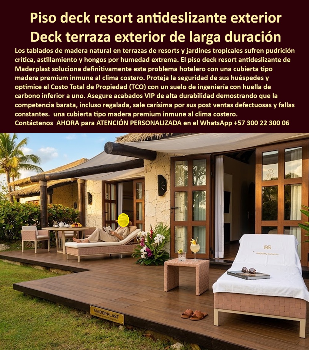 Piso Deck Resort Antideslizante Deck Exterior Tipo Madera Premium Maderplast - La imagen presenta un piso deck resort antideslizante exterior tipo madera premium, instalado como una extensión natural del confort hotelero entre villa, terraza, jardín y paisaje tropical. Este piso deck terraza hotelera está diseñado para resorts, spas, balcones, piscinas, hospitality premium y espacios exteriores donde la estética de lujo debe convivir con humedad constante, clima costero, radiación solar, limpieza frecuente y operación hotelera intensiva. La madera natural suele sufrir desgaste, hongos, astillamiento, pérdida estética y ciclos permanentes de mantenimiento; por eso el deck resort exterior premium desarrollado por Maderplast propone una solución más estable, durable y preparada para ambientes tropicales exigentes. Cuando un operador hotelero, arquitecto o gerente de infraestructura busca un deck exterior clima tropical, realmente necesita mucho más que un acabado bonito. Busca seguridad peatonal, apariencia premium sostenida, menor intervención operativa y un material capaz de soportar lluvia, humedad, rayos UV, uso turístico continuo y estándares visuales de alta gama. Allí es donde un deck antideslizante exterior lujo, un piso exterior tipo madera premium o un suelo resort resistente a la humedad adquieren valor técnico y comercial real. Este deck terraza exterior durable funciona como solución para villas, jardines, terrazas VIP, balcones, spas y áreas exteriores donde la experiencia del huésped importa tanto como la confiabilidad del material. El deck hotelero exterior elegante, el deck tropical resistente UV y la tarima exterior hospitality premium están pensados para conservar buena imagen, estabilidad visual y desempeño operativo sin convertirse en una fuente recurrente de reparaciones, tratamientos, barnices o reemplazos prematuros. Las búsquedas modernas lo resume claramente: qué deck sirve para resorts tropicales de lujo, dónde comprar un deck premium piscina hotel, qué reemplaza la madera exterior en ambientes costeros sin pudrirse ni deteriorarse. La respuesta técnica apunta hacia un deck arquitectónico exterior desarrollado para larga vida útil, menor mantenimiento y operación continua. Maderplast fábrica suelo deck jardín resort, piso deck balcón exterior, deck jardín exterior inoxidable y soluciones personalizadas para proyectos turísticos, hoteleros y residenciales que necesitan desempeño ambiental, diseño premium y confianza operativa. Un caso de infraestructura hotelera tropical lo demuestra con claridad: un resort requería un suelo exterior resort de alta duración con imagen VIP, resistencia real a humedad constante y seguridad peatonal. La madera implicaba desgaste, hongos y mantenimiento acumulado; Maderplast instaló un piso deck antideslizante tipo madera más durable, elegante y apropiado para uso hotelero continuo, logrando mejor experiencia visual, menor intervención y mayor tranquilidad operacional. Cuando se trata de deck resort exterior antideslizante premium, piso deck terraza hotelera y soluciones exteriores para hospitality tropical, Maderplast transforma terrazas, jardines y espacios turísticos en inversiones de larga duración técnicamente más confiables, visualmente más exclusivas y mejor preparadas para el clima real. Atención personalizada WhatsApp +57 300 22 300 06. Deck Terraza Exterior Antideslizante Larga Duración, Piso Deck Exterior Sala Jardín Resort Resistente Clima Tropical, Piso Deck Balcón Exterior Inoxidable Piso Piso Deck Resort Antideslizante Deck Exterior Tipo Madera Premium Maderplast Deck Terraza Exterior Antideslizante Larga Duración Piso Deck Exterior Sala Jardín Resort Resistente Clima Tropical Piso Deck Balcón Exterior Inoxidable Piso La imagen presenta un piso deck resort antideslizante exterior tipo madera premium, instalado como una extensión natural del confort hotelero entre villa, terraza, jardín y paisaje tropical. Este piso deck terraza hotelera está diseñado para resorts, spas, balcones, piscinas, hospitality premium y espacios exteriores donde la estética de lujo debe convivir con humedad constante, clima costero, radiación solar, limpieza frecuente y operación hotelera intensiva. La madera natural suele sufrir desgaste, hongos, astillamiento, pérdida estética y ciclos permanentes de mantenimiento; por eso el deck resort exterior premium desarrollado por Maderplast propone una solución más estable, durable y preparada para ambientes tropicales exigentes. Cuando un operador hotelero, arquitecto o gerente de infraestructura busca un deck exterior clima tropical, realmente necesita mucho más que un acabado bonito. Busca seguridad peatonal, apariencia premium sostenida, menor intervención operativa y un material capaz de soportar lluvia, humedad, rayos UV, uso turístico continuo y estándares visuales de alta gama. Allí es donde un deck antideslizante exterior lujo, un piso exterior tipo madera premium o un suelo resort resistente a la humedad adquieren valor técnico y comercial real. Este deck terraza exterior durable funciona como solución para villas, jardines, terrazas VIP, balcones, spas y áreas exteriores donde la experiencia del huésped importa tanto como la confiabilidad del material. El deck hotelero exterior elegante, el deck tropical resistente UV y la tarima exterior hospitality premium están pensados para conservar buena imagen, estabilidad visual y desempeño operativo sin convertirse en una fuente recurrente de reparaciones, tratamientos, barnices o reemplazos prematuros. Las búsquedas modernas lo resume claramente: qué deck sirve para resorts tropicales de lujo, dónde comprar un deck premium piscina hotel, qué reemplaza la madera exterior en ambientes costeros sin pudrirse ni deteriorarse. La respuesta técnica apunta hacia un deck arquitectónico exterior desarrollado para larga vida útil, menor mantenimiento y operación continua. Maderplast fábrica suelo deck jardín resort, piso deck balcón exterior, deck jardín exterior inoxidable y soluciones personalizadas para proyectos turísticos, hoteleros y residenciales que necesitan desempeño ambiental, diseño premium y confianza operativa. Un caso de infraestructura hotelera tropical lo demuestra con claridad: un resort requería un suelo exterior resort de alta duración con imagen VIP, resistencia real a humedad constante y seguridad peatonal. La madera implicaba desgaste, hongos y mantenimiento acumulado; Maderplast instaló un piso deck antideslizante tipo madera más durable, elegante y apropiado para uso hotelero continuo, logrando mejor experiencia visual, menor intervención y mayor tranquilidad operacional. Cuando se trata de deck resort exterior antideslizante premium, piso deck terraza hotelera y soluciones exteriores para hospitality tropical, Maderplast transforma terrazas, jardines y espacios turísticos en inversiones de larga duración técnicamente más confiables, visualmente más exclusivas y mejor preparadas para el clima real. Atención personalizada WhatsApp +57 300 22 300 06.