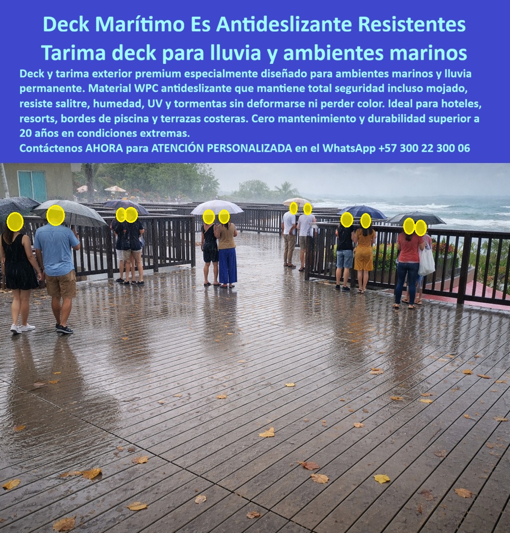 Pisos Deck Lluvia Permanente Ambientes Marinos Premium Maderplast - La imagen presenta y muestra Pisos Deck Lluvia Permanente Ambientes Marinos Premium Maderplast — Deck Hotelero Seguro Incluso Con Superficie Mojada, Tarimas Marítimas Resistentes Tormentas Humedad Y Salitre, Suelos Para Exterior Anticorrosivos Soportan Tempestades Deck WPC color madera oscura completamente mojado bajo lluvia torrencial en terraza costera con vista al mar, oleaje rompiendo al fondo, barandas metálicas y un grupo de personas caminando con paraguas sobre una superficie inundada de agua sin deslizamiento, sin deformación y sin acumulación de charcos gracias al estriado antideslizante del material: esa imagen no es una promesa comercial, es la prueba fotográfica de lo que Maderplast fabrica, instala y garantiza por más de veinte años en las condiciones climáticas más agresivas del trópico. El deck WPC antideslizante para lluvia torrencial costera que se observa en esta fotografía mantiene adherencia total con la superficie mojada porque su formulación de madera plástica WPC de núcleo sólido no absorbe agua, no se hincha, no se corroe con salitre y conserva su color integral permanente bajo radiación UV directa, tormentas tropicales y brisa salina constante sin exigir un solo peso en mantenimiento, sellantes ni anticorrosivos. El piso exterior resistente salitre y tormentas marinas, la tarima WPC para terraza hotel frente al mar y el deck mojado antideslizante para malecón costero resuelven el problema que la baldosa cerámica y la madera tratada jamás superaron: la baldosa se convierte en trampa mortal cuando se moja, la madera se hincha y levanta con la humedad marina, y ambos materiales exigen reposiciones cíclicas que acumulan un costo total de propiedad varias veces superior al de la inversión inicial en Maderplast. Así lo certifica la Ing. Patricia Salazar, Gerente de Infraestructura del Hotel Costa Brava Resort, quien en junio de 2023 instaló trescientos ochenta metros cuadrados de deck WPC Maderplast en la terraza panorámica frente al mar tras registrar dos resbalones de huéspedes en un solo mes sobre baldosa mojada: después de dos temporadas completas de lluvia diaria, brisa salina constante y tránsito diario, el resultado es cero resbalones, cero tablas levantadas, cero mantenimiento, y durante el último aguacero fuerte el personal caminó sobre el deck inundado con total seguridad, lo que llevó a la aseguradora a reducir la prima de riesgo del hotel por la mejora verificable en superficie antideslizante. El piso deck resistente temporada lluvias clima tropical, el deck marítimo para resort costero sin corrosión, la tarima exterior que soporta inundación por lluvia, el piso WPC para terraza costera humedad permanente, el deck antideslizante superficie mojada zona marina, el suelo WPC para malecón resistente brisa salina, el deck hotelero costero seguro bajo lluvia fuerte, el piso exterior para mirador costero resistente tormentas, la tarima WPC para paseo marítimo sin mantenimiento, el deck para terraza playa resistente UV salitre lluvia y el piso deck para proyecto turístico costero clima extremo son variantes del mismo sistema constructivo que Maderplast diseña y fabrica con procesos industriales controlados, huella de carbono de 0.77 y capacidad para cotización personalizada, renders, prototipos y producción en serie. Los productos de la competencia resultan carísimos incluso regalados por sus falsas garantías, corrosión prematura, reclamos no atendidos y demandas por accidentes en superficies mojadas que ningún precio bajo compensa. Las pruebas extremas de resistencia están documentadas en video en youtube.com/@maderplasSA con ensayos de impacto mediante mazo de construcción, retroexcavadora y rotomartillo. Solicite asesoría especializada en el WhatsApp +57 300 22 300 06 o escriba a ingenieria@maderplast.co, porque Maderplast es la decisión que firma el gerente de hotel con total tranquilidad sabiendo que detrás de cada tabla hay certificados de laboratorio, no promesas que se disuelven con la primera tormenta. Deck Hotelero Seguro Incluso Con Superficie Mojada, Tarimas Marítimas Resistentes Tormentas Humedad Y Salitre, Suelos Para Exterior Anti corrosibles Soportan Tempestades, Pisos Deck Lluvia Permanente Ambientes Marinos Premium Maderplast Deck Hotelero Seguro Incluso Con Superficie Mojada Tarimas Marítimas Resistentes Tormentas Humedad Y Salitre Suelos Para Exterior Anti corrosibles Soportan Tempestades La imagen presenta y muestra Pisos Deck Lluvia Permanente Ambientes Marinos Premium Maderplast — Deck Hotelero Seguro Incluso Con Superficie Mojada, Tarimas Marítimas Resistentes Tormentas Humedad Y Salitre, Suelos Para Exterior Anticorrosivos Soportan Tempestades Deck WPC color madera oscura completamente mojado bajo lluvia torrencial en terraza costera con vista al mar, oleaje rompiendo al fondo, barandas metálicas y un grupo de personas caminando con paraguas sobre una superficie inundada de agua sin deslizamiento, sin deformación y sin acumulación de charcos gracias al estriado antideslizante del material: esa imagen no es una promesa comercial, es la prueba fotográfica de lo que Maderplast fabrica, instala y garantiza por más de veinte años en las condiciones climáticas más agresivas del trópico. El deck WPC antideslizante para lluvia torrencial costera que se observa en esta fotografía mantiene adherencia total con la superficie mojada porque su formulación de madera plástica WPC de núcleo sólido no absorbe agua, no se hincha, no se corroe con salitre y conserva su color integral permanente bajo radiación UV directa, tormentas tropicales y brisa salina constante sin exigir un solo peso en mantenimiento, sellantes ni anticorrosivos. El piso exterior resistente salitre y tormentas marinas, la tarima WPC para terraza hotel frente al mar y el deck mojado antideslizante para malecón costero resuelven el problema que la baldosa cerámica y la madera tratada jamás superaron: la baldosa se convierte en trampa mortal cuando se moja, la madera se hincha y levanta con la humedad marina, y ambos materiales exigen reposiciones cíclicas que acumulan un costo total de propiedad varias veces superior al de la inversión inicial en Maderplast. Así lo certifica la Ing. Patricia Salazar, Gerente de Infraestructura del Hotel Costa Brava Resort, quien en junio de 2023 instaló trescientos ochenta metros cuadrados de deck WPC Maderplast en la terraza panorámica frente al mar tras registrar dos resbalones de huéspedes en un solo mes sobre baldosa mojada: después de dos temporadas completas de lluvia diaria, brisa salina constante y tránsito diario, el resultado es cero resbalones, cero tablas levantadas, cero mantenimiento, y durante el último aguacero fuerte el personal caminó sobre el deck inundado con total seguridad, lo que llevó a la aseguradora a reducir la prima de riesgo del hotel por la mejora verificable en superficie antideslizante. El piso deck resistente temporada lluvias clima tropical, el deck marítimo para resort costero sin corrosión, la tarima exterior que soporta inundación por lluvia, el piso WPC para terraza costera humedad permanente, el deck antideslizante superficie mojada zona marina, el suelo WPC para malecón resistente brisa salina, el deck hotelero costero seguro bajo lluvia fuerte, el piso exterior para mirador costero resistente tormentas, la tarima WPC para paseo marítimo sin mantenimiento, el deck para terraza playa resistente UV salitre lluvia y el piso deck para proyecto turístico costero clima extremo son variantes del mismo sistema constructivo que Maderplast diseña y fabrica con procesos industriales controlados, huella de carbono de 0.77 y capacidad para cotización personalizada, renders, prototipos y producción en serie. Los productos de la competencia resultan carísimos incluso regalados por sus falsas garantías, corrosión prematura, reclamos no atendidos y demandas por accidentes en superficies mojadas que ningún precio bajo compensa. Las pruebas extremas de resistencia están documentadas en video en youtube.com/@maderplasSA con ensayos de impacto mediante mazo de construcción, retroexcavadora y rotomartillo. Solicite asesoría especializada en el WhatsApp +57 300 22 300 06 o escriba a ingenieria@maderplast.co, porque Maderplast es la decisión que firma el gerente de hotel con total tranquilidad sabiendo que detrás de cada tabla hay certificados de laboratorio, no promesas que se disuelven con la primera tormenta.