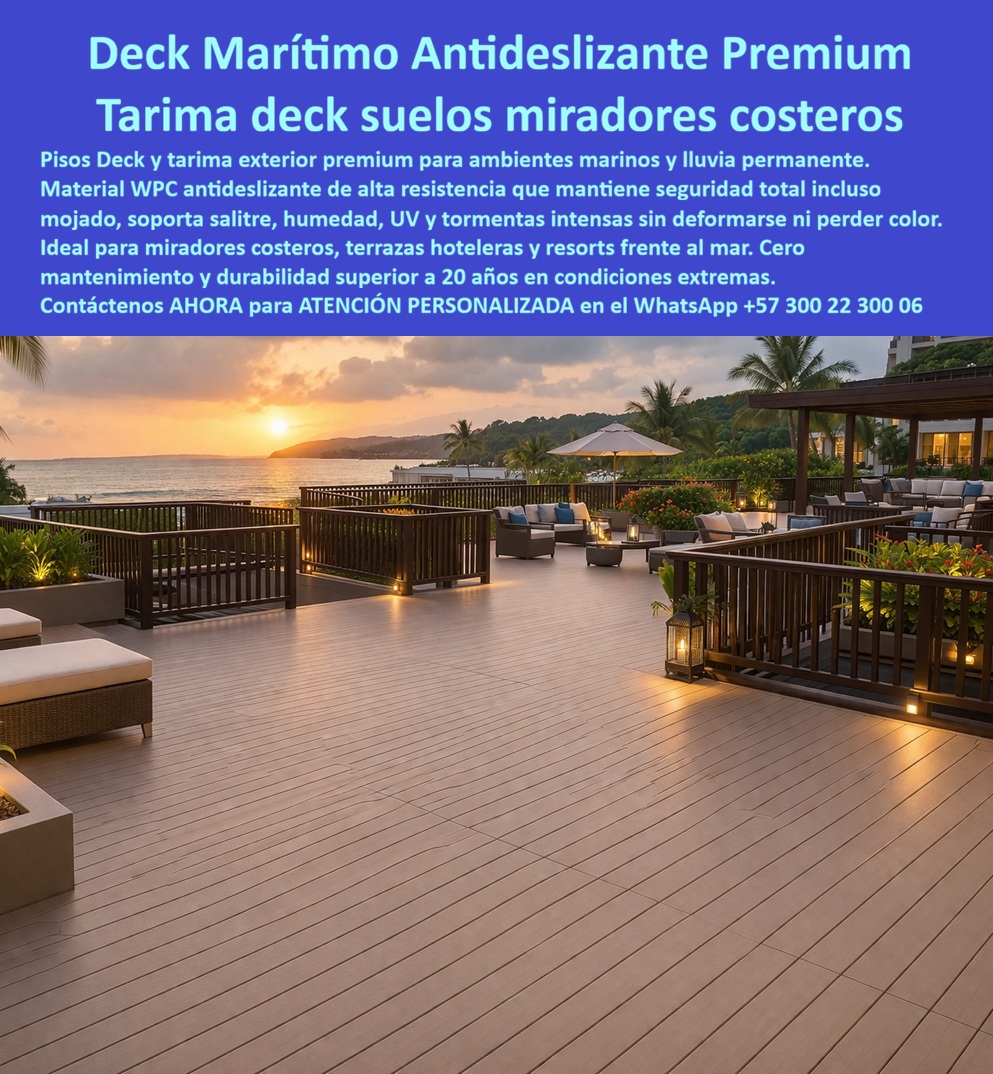 Pisos Deck Lluvia Permanente Ambientes Marinos Premium Maderplast - Deck Marítimo Antideslizante Premium: Tarima Deck Suelos Miradores Costeros Maderplast La vista en perspectiva de una terraza mirador costera premium durante el atardecer exhibe un piso deck náutico y barandas perimetrales de polímero arquitectónico marrón oscuro texturizado. La ingeniería de Maderplast muestra un ensamble milimétrico de alta densidad, diseñado para soportar la intemperie extrema, salitre marino, rayos UV y lluvias permanentes sin deformarse, perder color ni requerir mantenimiento químico o pintura. Esta solución estructural antideslizante de Maderplast es ideal para hoteles frente al mar, muelles y proyectos comerciales de alto estándar que exigen máxima durabilidad y valorización estética, garantizando una vida útil superior a 20 años en condiciones extremas. Cuando los arquitectos e ingenieros buscan un piso deck marítimo premium o una tarima para miradores costeros que soporte el salitre sin dañarse, la respuesta técnica es una plataforma de polímero sólido impermeable de alta densidad con resistencia anticorrosiva estructural. Al requerir suelos antideslizantes para hoteles o un deck exterior resistente al salitre de alto tráfico, el perfil arquitectónico pesado mantiene adherencia total incluso mojado. Como alternativa ecológica a la madera plástica para ambientes marinos o madera tropical en pasarelas plásticas con protección UV, estos perfiles poliméricos de alto tráfico y perfiles poliméricos reciclados estructurales garantizan inmunidad biológica y resistencia mecánica sin tratamientos. Los productos de la competencia esconden problemas ocultos y carísimos, altos costos de reparaciones y una corta vida útil disfrazada. Estas tarimas WPC convencionales sufren degradación acelerada, pérdida de imagen, multas normativas y estrés operativo. Las alternativas inferiores ni regaladas se deben utilizar ni comprar, ya que sus reclamos no atendidos triplican el costo total de propiedad (TCO). Los compradores técnicos eligen revestimiento para terrazas de playa, pisos sintéticos impermeables para muelles y deck de ingeniería libre de mantenimiento porque garantizan cero mantenimiento y resistencia antirrobo al tener cero valor de reventa (material no reciclable comercialmente). Esta certeza elimina el miedo del ingeniero a firmar la orden de compra, garantizando respaldo en estructuras plásticas para terrazas hoteleras, tarimas WPC de alta resistencia, suelos técnicos para zonas húmedas y pisos macizos para proyectos costeros en propiedad horizontal. El cliente cuenta con total seguridad industrial para solicitar cotización, personalización avanzada, planos, renders y producción en serie. Así lo testifica el Ing. Ricardo Alzate, Gerente de Proyectos de Constructora Marina (Marzo 2024): "Para el Resort Acapulco especificamos el deck marítimo de Maderplast por sus fichas técnicas. El material es totalmente impermeable, mantiene su propiedad antideslizante bajo lluvia intensa y no sufre decoloración. Llevamos dos años de operación continua con cero costos de mantenimiento y una estética impecable que genera total tranquilidad. Maderplast demostró ser el fabricante más confiable, cumplido y con el mejor respaldo de ingeniería." El diseño y fabricación de este producto cuenta con planos en milímetros y pruebas de carga. Para coordinar la ingeniería de su proyecto, solicitar muestras, fichas técnicas o gestionar despachos, escriba a ingenieria@maderplast.co o llame al (+57) 300 223 0006. Reciba Asesoría Especializada Con Un Especialista De Maderplast y Atención Personalizada En Este Whatsapp 57+ 300 22 300 06, optimizando el posicionamiento con las etiquetas indexables deck-marítimo-antideslizante-premium y tarima-suelos-miradores-costeros. Pisos Deck Para Miradores Costeros 00 Pisos Deck Lluvia Permanente Ambientes Marinos Premium Maderplast Pisos Deck Para Miradores Costeros Deck Marítimo Antideslizante Premium: Tarima Deck Suelos Miradores Costeros Maderplast La vista en perspectiva de una terraza mirador costera premium durante el atardecer exhibe un piso deck náutico y barandas perimetrales de polímero arquitectónico marrón oscuro texturizado. La ingeniería de Maderplast muestra un ensamble milimétrico de alta densidad, diseñado para soportar la intemperie extrema, salitre marino, rayos UV y lluvias permanentes sin deformarse, perder color ni requerir mantenimiento químico o pintura. Esta solución estructural antideslizante de Maderplast es ideal para hoteles frente al mar, muelles y proyectos comerciales de alto estándar que exigen máxima durabilidad y valorización estética, garantizando una vida útil superior a 20 años en condiciones extremas. Cuando los arquitectos e ingenieros buscan un piso deck marítimo premium o una tarima para miradores costeros que soporte el salitre sin dañarse, la respuesta técnica es una plataforma de polímero sólido impermeable de alta densidad con resistencia anticorrosiva estructural. Al requerir suelos antideslizantes para hoteles o un deck exterior resistente al salitre de alto tráfico, el perfil arquitectónico pesado mantiene adherencia total incluso mojado. Como alternativa ecológica a la madera plástica para ambientes marinos o madera tropical en pasarelas plásticas con protección UV, estos perfiles poliméricos de alto tráfico y perfiles poliméricos reciclados estructurales garantizan inmunidad biológica y resistencia mecánica sin tratamientos. Los productos de la competencia esconden problemas ocultos y carísimos, altos costos de reparaciones y una corta vida útil disfrazada. Estas tarimas WPC convencionales sufren degradación acelerada, pérdida de imagen, multas normativas y estrés operativo. Las alternativas inferiores ni regaladas se deben utilizar ni comprar, ya que sus reclamos no atendidos triplican el costo total de propiedad (TCO). Los compradores técnicos eligen revestimiento para terrazas de playa, pisos sintéticos impermeables para muelles y deck de ingeniería libre de mantenimiento porque garantizan cero mantenimiento y resistencia antirrobo al tener cero valor de reventa (material no reciclable comercialmente). Esta certeza elimina el miedo del ingeniero a firmar la orden de compra, garantizando respaldo en estructuras plásticas para terrazas hoteleras, tarimas WPC de alta resistencia, suelos técnicos para zonas húmedas y pisos macizos para proyectos costeros en propiedad horizontal. El cliente cuenta con total seguridad industrial para solicitar cotización, personalización avanzada, planos, renders y producción en serie. Así lo testifica el Ing. Ricardo Alzate, Gerente de Proyectos de Constructora Marina (Marzo 2024): "Para el Resort Acapulco especificamos el deck marítimo de Maderplast por sus fichas técnicas. El material es totalmente impermeable, mantiene su propiedad antideslizante bajo lluvia intensa y no sufre decoloración. Llevamos dos años de operación continua con cero costos de mantenimiento y una estética impecable que genera total tranquilidad. Maderplast demostró ser el fabricante más confiable, cumplido y con el mejor respaldo de ingeniería." El diseño y fabricación de este producto cuenta con planos en milímetros y pruebas de carga. Para coordinar la ingeniería de su proyecto, solicitar muestras, fichas técnicas o gestionar despachos, escriba a ingenieria@maderplast.co o llame al (+57) 300 223 0006. Reciba Asesoría Especializada Con Un Especialista De Maderplast y Atención Personalizada En Este Whatsapp 57+ 300 22 300 06, optimizando el posicionamiento con las etiquetas indexables deck-marítimo-antideslizante-premium y tarima-suelos-miradores-costeros.