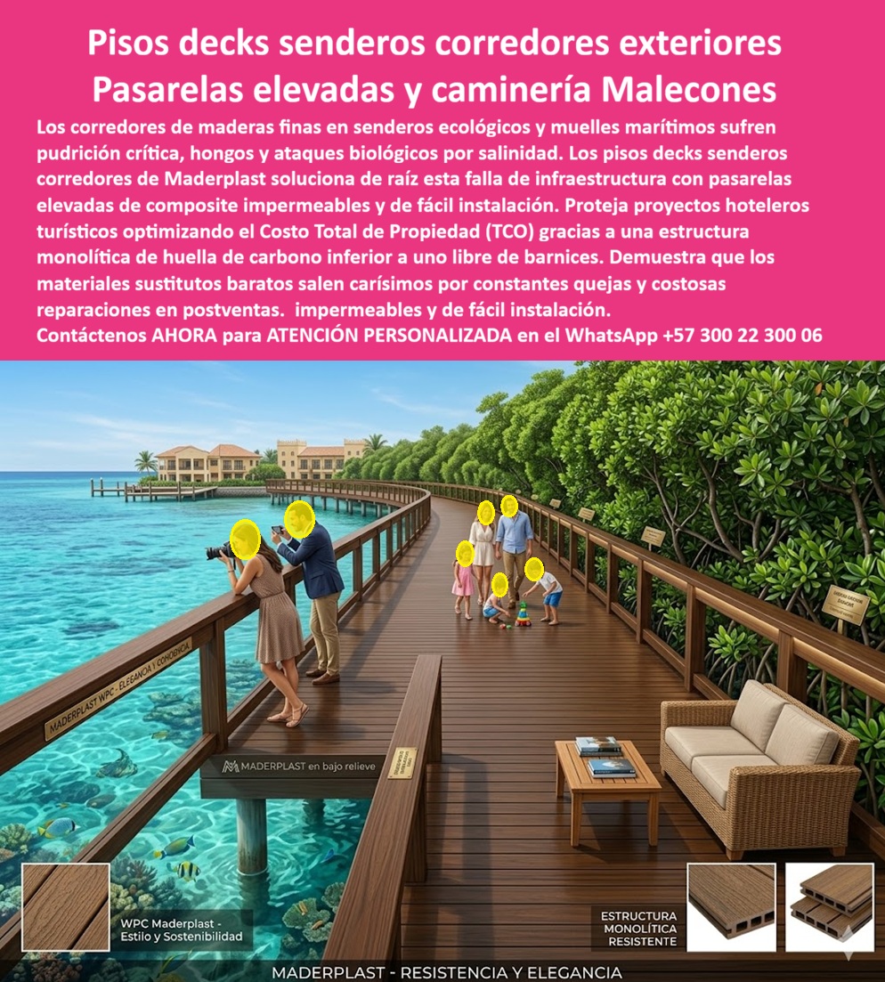 Pisos Decks Senderos Corredores Tarimas Pasarelas Elevadas Maderplast - La imagen presenta y muestra Pisos Decks Senderos Corredores Tarimas Pasarelas Elevadas Maderplast — Deck Corredores Exteriores Resistente Humedad, Caminería WPC Elevada Parque Exterior Decorativa Fácil Instalación, Pasarelas Tipo Deck Caminos Turísticos Exclusivos Pasarela elevada deck WPC color madera natural extendiéndose sobre el mar caribe en un resort tropical de lujo con manglar y arrecife coralino visible bajo el agua cristalina, barandas de madera plástica a ambos lados, logo Maderplast grabado en bajo relieve sobre la tarima, una familia caminando hacia las cabañas del ecohotel y mobiliario de ratán en una zona de descanso integrada al corredor: esa infraestructura que parece sacada de un catálogo de viajes exclusivos es lo que Maderplast diseña, fabrica e instala con servicio llave en mano y garantía superior a veinte años sin mantenimiento en ambiente marino. La pasarela elevada WPC para resort costero sobre mar que muestra esta imagen resiste salinidad permanente, hongos, humedad marina continua y tránsito diario de huéspedes porque su estructura monolítica de madera plástica WPC de núcleo sólido impermeable no absorbe agua salada, no genera pudrición, no requiere barnices ni sellantes y conserva su acabado tipo madera natural con color integral resistente a radiación UV directa temporada tras temporada. El sendero deck ecológico para proyecto ecoturístico, el corredor exterior WPC resistente salinidad marina y el boardwalk madera plástica para malecón turístico eliminan de raíz el problema crónico que destruye la infraestructura de senderos costeros: la madera inmunizada dura apenas catorce meses antes de presentar hongos, tablones levantados por salinidad y tramos cerrados por seguridad que interrumpen la operación y destruyen la experiencia del huésped. Así lo certifica el Ing. Luis Hernández, Gerente de Obra de Eco Hotel Bahía Manglares, quien en septiembre de 2023 reemplazó trescientos veinte metros lineales de pasarela sobre manglar que conectaba cabañas con restaurante y muelle: la versión original en madera inmunizada duró catorce meses antes de colapsar por hongos y pudrición salina, mientras que el deck WPC Maderplast instalado sobre estructura metálica elevada acumula dieciocho meses con marea alta tocando los soportes, brisa salina permanente y tránsito diario registrando cero tablones reemplazados, cero hongos, cero barniz aplicado y un costo total de propiedad a cinco años inferior a la mitad de lo que gastan con madera inmunizada. La caminería elevada deck para hotel de playa, la pasarela WPC sobre manglar para parque natural, el deck sendero peatonal costero sin pudrición, el corredor elevado WPC para ecohotel resistente hongos, la pasarela deck para muelle peatonal turístico, el sendero WPC para zona costera clima tropical, la caminería exterior deck para proyecto turístico llave en mano, la pasarela madera plástica para reserva natural costera, el deck corredor para glamping y resort ecológico, el sendero elevado impermeable para parque temático costero y la pasarela WPC para malecón sin mantenimiento garantía veinte años son variantes del mismo sistema constructivo con huella de carbono certificada inferior a uno, procesos industriales controlados y experiencia comprobada en plásticos técnicos de alto rendimiento para fabricación a medida en Colombia. Los materiales sustitutos baratos resultan carísimos incluso regalados por sus constantes quejas, pudrición prematura, reparaciones de emergencia, cierres de tramos y pérdida de imagen turística que ningún ahorro inicial compensa. Las pruebas extremas de resistencia están documentadas en video en youtube.com/@maderplasSA con fichas técnicas descargables y certificados de laboratorio que respaldan cada especificación. Solicite cotización personalizada, planos, renders o producción en serie en el WhatsApp +57 300 22 300 06 o escriba a ingenieria@maderplast.co, porque cuando se trata de pasarelas tipo deck para caminos turísticos exclusivos, Maderplast es el fabricante que convierte el proyecto más ambicioso en una realidad que el ingeniero firma con total tranquilidad y el huésped recorre con asombro. Deck Corredores Exteriores Resistente Humedad, Caminería WPC Elevada Parque Exterior Decorativa Fácil Instalación, Pasarelas Tipo Deck Caminos Turísticos Exclusivos, a Pisos Decks Senderos Corredores Tarimas Pasarelas Elevadas Maderplast Deck Corredores Exteriores Resistente Humedad Caminería WPC Elevada Parque Exterior Decorativa Fácil Instalación Pasarelas Tipo Deck Caminos Turísticos Exclusivos a La imagen presenta y muestra Pisos Decks Senderos Corredores Tarimas Pasarelas Elevadas Maderplast — Deck Corredores Exteriores Resistente Humedad, Caminería WPC Elevada Parque Exterior Decorativa Fácil Instalación, Pasarelas Tipo Deck Caminos Turísticos Exclusivos Pasarela elevada deck WPC color madera natural extendiéndose sobre el mar caribe en un resort tropical de lujo con manglar y arrecife coralino visible bajo el agua cristalina, barandas de madera plástica a ambos lados, logo Maderplast grabado en bajo relieve sobre la tarima, una familia caminando hacia las cabañas del ecohotel y mobiliario de ratán en una zona de descanso integrada al corredor: esa infraestructura que parece sacada de un catálogo de viajes exclusivos es lo que Maderplast diseña, fabrica e instala con servicio llave en mano y garantía superior a veinte años sin mantenimiento en ambiente marino. La pasarela elevada WPC para resort costero sobre mar que muestra esta imagen resiste salinidad permanente, hongos, humedad marina continua y tránsito diario de huéspedes porque su estructura monolítica de madera plástica WPC de núcleo sólido impermeable no absorbe agua salada, no genera pudrición, no requiere barnices ni sellantes y conserva su acabado tipo madera natural con color integral resistente a radiación UV directa temporada tras temporada. El sendero deck ecológico para proyecto ecoturístico, el corredor exterior WPC resistente salinidad marina y el boardwalk madera plástica para malecón turístico eliminan de raíz el problema crónico que destruye la infraestructura de senderos costeros: la madera inmunizada dura apenas catorce meses antes de presentar hongos, tablones levantados por salinidad y tramos cerrados por seguridad que interrumpen la operación y destruyen la experiencia del huésped. Así lo certifica el Ing. Luis Hernández, Gerente de Obra de Eco Hotel Bahía Manglares, quien en septiembre de 2023 reemplazó trescientos veinte metros lineales de pasarela sobre manglar que conectaba cabañas con restaurante y muelle: la versión original en madera inmunizada duró catorce meses antes de colapsar por hongos y pudrición salina, mientras que el deck WPC Maderplast instalado sobre estructura metálica elevada acumula dieciocho meses con marea alta tocando los soportes, brisa salina permanente y tránsito diario registrando cero tablones reemplazados, cero hongos, cero barniz aplicado y un costo total de propiedad a cinco años inferior a la mitad de lo que gastan con madera inmunizada. La caminería elevada deck para hotel de playa, la pasarela WPC sobre manglar para parque natural, el deck sendero peatonal costero sin pudrición, el corredor elevado WPC para ecohotel resistente hongos, la pasarela deck para muelle peatonal turístico, el sendero WPC para zona costera clima tropical, la caminería exterior deck para proyecto turístico llave en mano, la pasarela madera plástica para reserva natural costera, el deck corredor para glamping y resort ecológico, el sendero elevado impermeable para parque temático costero y la pasarela WPC para malecón sin mantenimiento garantía veinte años son variantes del mismo sistema constructivo con huella de carbono certificada inferior a uno, procesos industriales controlados y experiencia comprobada en plásticos técnicos de alto rendimiento para fabricación a medida en Colombia. Los materiales sustitutos baratos resultan carísimos incluso regalados por sus constantes quejas, pudrición prematura, reparaciones de emergencia, cierres de tramos y pérdida de imagen turística que ningún ahorro inicial compensa. Las pruebas extremas de resistencia están documentadas en video en youtube.com/@maderplasSA con fichas técnicas descargables y certificados de laboratorio que respaldan cada especificación. Solicite cotización personalizada, planos, renders o producción en serie en el WhatsApp +57 300 22 300 06 o escriba a ingenieria@maderplast.co, porque cuando se trata de pasarelas tipo deck para caminos turísticos exclusivos, Maderplast es el fabricante que convierte el proyecto más ambicioso en una realidad que el ingeniero firma con total tranquilidad y el huésped recorre con asombro.