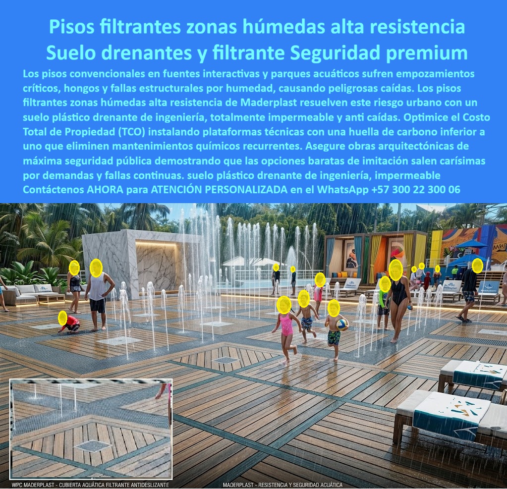 Pisos Filtrantes Zonas Húmedas Alta Resistencia Suelos Drenantes Maderplast - La imagen presenta y muestra Pisos Filtrantes Zonas Húmedas Alta Resistencia Suelos Drenantes Maderplast — Deck Filtrante Exterior Resistente Intemperie Premium, Suelo Plástico Fuente Interactiva Urbana Filtrante Anti Caídas, Plataformas Libres Impermeables Anti Caídas Piso filtrante WPC Maderplast con patrón geométrico drenante instalado en una fuente interactiva urbana donde chorros de agua verticales disparan hacia el cielo mientras decenas de niños descalzos corren, saltan y juegan sobre una superficie completamente mojada que evacúa el agua al instante sin empozamientos, sin resbalones y sin un solo charco visible pese al volumen constante de agua recirculada: esa seguridad pública certificada que permite a las familias disfrutar sin riesgo es exactamente lo que Maderplast diseña, fabrica e instala con servicio llave en mano y garantía superior a veinte años. El piso filtrante WPC para fuente interactiva urbana que muestra esta imagen es un suelo plástico de ingeniería antideslizante y anti caídas formulado con madera plástica WPC de núcleo sólido impermeable que no absorbe agua, no genera hongos, no acumula bacterias y mantiene su capacidad de drenaje integrado bajo tráfico masivo infantil y familiar sin degradarse con cloro del sistema de recirculación ni con radiación UV directa. El suelo drenante antideslizante para parque acuático, el deck filtrante zona húmeda anti caídas infantil y el piso plástico drenante para splash pad público eliminan de raíz el problema que el concreto pulido y la baldosa cerámica jamás resolvieron en zonas recreativas acuáticas: empozamientos permanentes que generan hongos negros imposibles de remover, superficies resbalosas que provocan caídas de niños descalzos y demandas por lesiones que convierten un espacio de recreación en un pasivo legal y financiero para la administración pública. Así lo certifica el Ing. Mauricio Cárdenas, Director de Espacio Público de la Alcaldía Municipal de Girardot, quien en mayo de 2023 instaló cuatrocientos cincuenta metros cuadrados de piso filtrante WPC Maderplast en la fuente interactiva del parque central tras registrar tres demandas por lesiones en un solo año y caídas recurrentes de niños sobre charcos empozados cada fin de semana con dos mil visitantes: después de veintidós meses con uso masivo, cloro del sistema de recirculación y sol directo, el resultado es cero empozamiento, cero resbalones, ni un solo incidente reportado, las demandas cesaron por completo y el mantenimiento se redujo a un lavado con agua a presión cada quince días. El suelo WPC para fuente interactiva sin empozamiento, el piso filtrante exterior resistente cloro y UV, la plataforma drenante para parque acuático municipal, el piso antideslizante mojado para zona recreativa acuática, el suelo filtrante para plaza pública con fuente de agua, el deck drenante para proyecto acuático turístico urbano, el piso WPC anti caídas para zona húmeda infantil, el suelo plástico filtrante para centro recreacional acuático, el piso drenante para piscina de olas y splash pad, el deck filtrante seguro descalzo para parque de agua y el suelo WPC impermeable para fuente pública sin hongos son variantes del mismo sistema constructivo fabricado con procesos industriales controlados, huella de carbono certificada inferior a uno y capacidad de producción a medida en Colombia para proyectos municipales, turísticos y recreativos de cualquier escala. Las opciones baratas de imitación resultan carísimas incluso regaladas por sus empozamientos crónicos, hongos irremovibles, demandas por lesiones y reemplazos constantes que ningún ahorro inicial compensa frente a la seguridad de miles de niños y familias. Las pruebas extremas de resistencia están documentadas en video en youtube.com/@maderplasSA con fichas técnicas de drenaje y antideslizamiento descargables para expedientes de contratación pública. Solicite cotización, planos, renders o producción en serie en el WhatsApp +57 300 22 300 06 o escriba a ingenieria@maderplast.co, porque Maderplast es la decisión que firma el director de espacio público con total tranquilidad sabiendo que cada metro cuadrado instalado protege a la comunidad y elimina el riesgo legal que ningún concreto pulido puede evitar. Deck Filtrante Exterior Resistente Intemperie Premium, Suelo Plástico Fuente Interactiva Urbana Filtrante Anti Caídas, Plataformas Libre Impermeables Anti Caídas Pisos Filtrantes Zonas Húmedas Alta Resistencia Suelos Drenantes Maderplast Deck Filtrante Exterior Resistente Intemperie Premium Suelo Plástico Fuente Interactiva Urbana Filtrante Anti Caídas Plataformas Libre Impermeables Anti Caídas La imagen presenta y muestra Pisos Filtrantes Zonas Húmedas Alta Resistencia Suelos Drenantes Maderplast — Deck Filtrante Exterior Resistente Intemperie Premium, Suelo Plástico Fuente Interactiva Urbana Filtrante Anti Caídas, Plataformas Libres Impermeables Anti Caídas Piso filtrante WPC Maderplast con patrón geométrico drenante instalado en una fuente interactiva urbana donde chorros de agua verticales disparan hacia el cielo mientras decenas de niños descalzos corren, saltan y juegan sobre una superficie completamente mojada que evacúa el agua al instante sin empozamientos, sin resbalones y sin un solo charco visible pese al volumen constante de agua recirculada: esa seguridad pública certificada que permite a las familias disfrutar sin riesgo es exactamente lo que Maderplast diseña, fabrica e instala con servicio llave en mano y garantía superior a veinte años. El piso filtrante WPC para fuente interactiva urbana que muestra esta imagen es un suelo plástico de ingeniería antideslizante y anti caídas formulado con madera plástica WPC de núcleo sólido impermeable que no absorbe agua, no genera hongos, no acumula bacterias y mantiene su capacidad de drenaje integrado bajo tráfico masivo infantil y familiar sin degradarse con cloro del sistema de recirculación ni con radiación UV directa. El suelo drenante antideslizante para parque acuático, el deck filtrante zona húmeda anti caídas infantil y el piso plástico drenante para splash pad público eliminan de raíz el problema que el concreto pulido y la baldosa cerámica jamás resolvieron en zonas recreativas acuáticas: empozamientos permanentes que generan hongos negros imposibles de remover, superficies resbalosas que provocan caídas de niños descalzos y demandas por lesiones que convierten un espacio de recreación en un pasivo legal y financiero para la administración pública. Así lo certifica el Ing. Mauricio Cárdenas, Director de Espacio Público de la Alcaldía Municipal de Girardot, quien en mayo de 2023 instaló cuatrocientos cincuenta metros cuadrados de piso filtrante WPC Maderplast en la fuente interactiva del parque central tras registrar tres demandas por lesiones en un solo año y caídas recurrentes de niños sobre charcos empozados cada fin de semana con dos mil visitantes: después de veintidós meses con uso masivo, cloro del sistema de recirculación y sol directo, el resultado es cero empozamiento, cero resbalones, ni un solo incidente reportado, las demandas cesaron por completo y el mantenimiento se redujo a un lavado con agua a presión cada quince días. El suelo WPC para fuente interactiva sin empozamiento, el piso filtrante exterior resistente cloro y UV, la plataforma drenante para parque acuático municipal, el piso antideslizante mojado para zona recreativa acuática, el suelo filtrante para plaza pública con fuente de agua, el deck drenante para proyecto acuático turístico urbano, el piso WPC anti caídas para zona húmeda infantil, el suelo plástico filtrante para centro recreacional acuático, el piso drenante para piscina de olas y splash pad, el deck filtrante seguro descalzo para parque de agua y el suelo WPC impermeable para fuente pública sin hongos son variantes del mismo sistema constructivo fabricado con procesos industriales controlados, huella de carbono certificada inferior a uno y capacidad de producción a medida en Colombia para proyectos municipales, turísticos y recreativos de cualquier escala. Las opciones baratas de imitación resultan carísimas incluso regaladas por sus empozamientos crónicos, hongos irremovibles, demandas por lesiones y reemplazos constantes que ningún ahorro inicial compensa frente a la seguridad de miles de niños y familias. Las pruebas extremas de resistencia están documentadas en video en youtube.com/@maderplasSA con fichas técnicas de drenaje y antideslizamiento descargables para expedientes de contratación pública. Solicite cotización, planos, renders o producción en serie en el WhatsApp +57 300 22 300 06 o escriba a ingenieria@maderplast.co, porque Maderplast es la decisión que firma el director de espacio público con total tranquilidad sabiendo que cada metro cuadrado instalado protege a la comunidad y elimina el riesgo legal que ningún concreto pulido puede evitar.