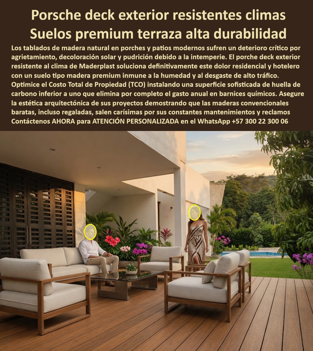 Porche Deck Exterior Resistente Clima Suelos Premium Terraza Maderplast - La imagen muestra Porsche Deck Exterior Resistente al Clima: Suelos Premium para Terraza de Alta Durabilidad En una elegante terraza residencial al atardecer, el porche deck exterior WPC Maderplast de color madera oscura premium crea un ambiente sofisticado y acogedor. Sus tablones anchos con textura natural, juntas perfectas y superficie estable ofrecen una estética tipo madera de alta gama, perfectamente integrada con muebles exteriores, jardín tropical y piscina. Este piso deck exterior para patios modernos resiste humedad, rayos UV, lluvia y desgaste diario sin decoloración, aislamiento ni mantenimiento. Los suelos tradicionales de madera en porches y terrazas exteriores sufren graves problemas: agrietamiento por sol, pudrición por humedad y decoloración que deterioran rápidamente la inversión. En residencias de lujo y proyectos hoteleros, estos materiales generan altos costos de mantenimiento anual, barnices químicos y reemplazos prematuros, convirtiendo una aparente economía inicial en un gasto constante y frustrante. El deck porche exterior residencial alta durabilidad de Maderplast representa la solución premium definitiva. Fabricado con composite WPC de alta densidad, este piso deck exterior para patios modernos es impermeable, resistente a la intemperie, antideslizante y de estética madera permanente. Ofrece cero mantenimiento, instalación rápida y una vida útil superior a 20 años, optimizando el Costo Total de Propiedad (TCO) al eliminar gastos ocultos en reparaciones y tratamientos. El Arq. María Camila Ochoa, Directora de Diseño en Constructora Residencial Alta Gama, lo confirma: “Instalamos deck WPC Maderplast en porches y terrazas de 12 casas de lujo. Después de 20 meses, las tarimas mantienen el color y textura perfecta, cero mantenimiento y excelente respuesta de los clientes. Es la mejor solución premium para pisos exteriores duraderos y estéticos.” Mientras otros decks, incluso regalados, terminan siendo carísimos por sus constantes mantenimientos, reclamos y pérdida de imagen, el deck terraza exterior antideslizante alta resistencia de Maderplast entrega verdadera tranquilidad, durabilidad extrema y orgullo arquitectónico. Al buscar deck porche exterior residencial alta durabilidad, tarima terraza premium resistente humedad UV, piso deck exterior para patios modernos sin mantenimiento, deck porche lujo WPC tipo madera resistente clima o tarimas porche exterior WPC alta durabilidad, Maderplast se posiciona como el fabricante que convierte proyectos exteriores en espacios premium perdurables. Maderplast es la mejor y más viable opción que cumple y supera sus requisitos para porches, terrazas y patios exteriores. Ofrecemos diseño, fabricación a medida, renders y soporte técnico completo para garantizar resultados excepcionales. Para asesoría especializada, cotización personalizada y muestras físicas, contáctenos ahora. WhatsApp: +57 300 22 300 06 Deck Para Terraza Exterior Alta Durabilidad Premium, Piso Exterior Deck Para Porches Resistente Humedad Y Desgaste, Suelo Tipo Madera Para Patios Modernos Exterior Porche Deck Exterior Resistente Clima Suelos Premium Terraza Maderplast Deck Para Terraza Exterior Alta Durabilidad Premium Piso Exterior Deck Para Porches Resistente Humedad Y Desgaste Suelo Tipo Madera Para Patios Modernos Exterior La imagen muestra Porsche Deck Exterior Resistente al Clima: Suelos Premium para Terraza de Alta Durabilidad En una elegante terraza residencial al atardecer, el porche deck exterior WPC Maderplast de color madera oscura premium crea un ambiente sofisticado y acogedor. Sus tablones anchos con textura natural, juntas perfectas y superficie estable ofrecen una estética tipo madera de alta gama, perfectamente integrada con muebles exteriores, jardín tropical y piscina. Este piso deck exterior para patios modernos resiste humedad, rayos UV, lluvia y desgaste diario sin decoloración, aislamiento ni mantenimiento. Los suelos tradicionales de madera en porches y terrazas exteriores sufren graves problemas: agrietamiento por sol, pudrición por humedad y decoloración que deterioran rápidamente la inversión. En residencias de lujo y proyectos hoteleros, estos materiales generan altos costos de mantenimiento anual, barnices químicos y reemplazos prematuros, convirtiendo una aparente economía inicial en un gasto constante y frustrante. El deck porche exterior residencial alta durabilidad de Maderplast representa la solución premium definitiva. Fabricado con composite WPC de alta densidad, este piso deck exterior para patios modernos es impermeable, resistente a la intemperie, antideslizante y de estética madera permanente. Ofrece cero mantenimiento, instalación rápida y una vida útil superior a 20 años, optimizando el Costo Total de Propiedad (TCO) al eliminar gastos ocultos en reparaciones y tratamientos. El Arq. María Camila Ochoa, Directora de Diseño en Constructora Residencial Alta Gama, lo confirma: “Instalamos deck WPC Maderplast en porches y terrazas de 12 casas de lujo. Después de 20 meses, las tarimas mantienen el color y textura perfecta, cero mantenimiento y excelente respuesta de los clientes. Es la mejor solución premium para pisos exteriores duraderos y estéticos.” Mientras otros decks, incluso regalados, terminan siendo carísimos por sus constantes mantenimientos, reclamos y pérdida de imagen, el deck terraza exterior antideslizante alta resistencia de Maderplast entrega verdadera tranquilidad, durabilidad extrema y orgullo arquitectónico. Al buscar deck porche exterior residencial alta durabilidad, tarima terraza premium resistente humedad UV, piso deck exterior para patios modernos sin mantenimiento, deck porche lujo WPC tipo madera resistente clima o tarimas porche exterior WPC alta durabilidad, Maderplast se posiciona como el fabricante que convierte proyectos exteriores en espacios premium perdurables. Maderplast es la mejor y más viable opción que cumple y supera sus requisitos para porches, terrazas y patios exteriores. Ofrecemos diseño, fabricación a medida, renders y soporte técnico completo para garantizar resultados excepcionales. Para asesoría especializada, cotización personalizada y muestras físicas, contáctenos ahora. WhatsApp: +57 300 22 300 06