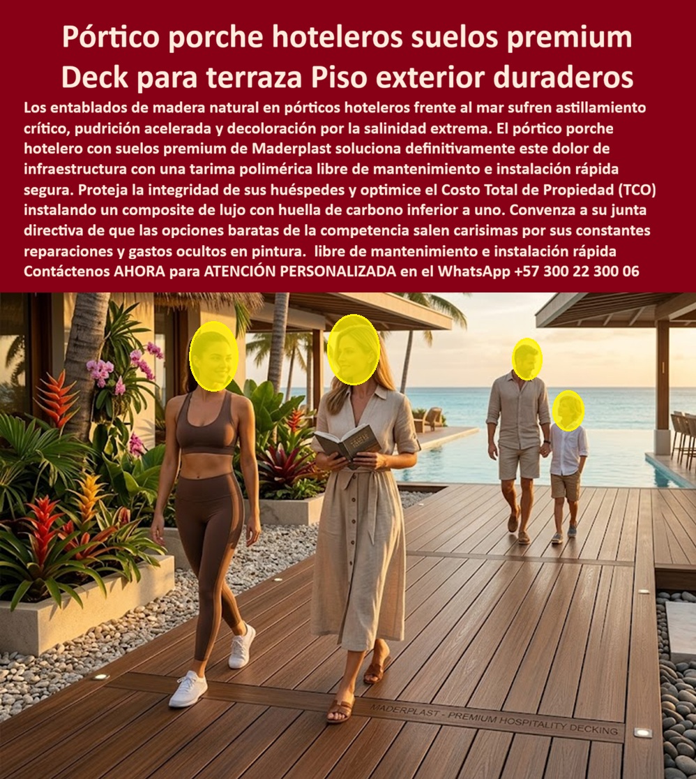 Pórtico Porche Hotelero Suelos Premium Terraza Deck Porch Hotel Maderplast - La imagen presenta y muestra Pórtico Porche Hotelero Suelos Premium Terraza Deck Porch Hotel Maderplast — Deck Para Terraza Exterior Alta Durabilidad Premium, Tarima Polimérica Libre Mantenimiento Instalación Rápida Segura, Deck Porche Exterior Instalación Rápida Deck WPC color madera oscura premium instalado en el pórtico principal de un hotel resort frente al mar caribe con techo de palapa, piscina infinita oceánica al fondo, jardines tropicales con piedra decorativa volcánica, una familia caminando descalza sobre la tarima y el grabado "MADERPLAST — PREMIUM HOSPITALITY DECKING" visible en bajo relieve sobre la superficie: esa primera impresión que define si un huésped regresa o no es exactamente lo que Maderplast fabrica, adapta al diseño curvo de cada pórtico, instala con servicio llave en mano y garantiza por más de veinte años sin un solo día de mantenimiento. El deck WPC pórtico hotel resort frente al mar que muestra esta imagen soporta salinidad extrema, brisa marina permanente, radiación UV directa, tráfico descalzo de huéspedes y arrastre de maletas sin generar astillas, sin decolorarse y sin requerir barniz, lijado ni sellantes porque su formulación de madera plástica WPC composite de lujo con huella de carbono inferior a uno no absorbe humedad, no genera hongos y conserva su color integral permanente temporada tras temporada bajo las condiciones más agresivas del trópico costero. La tarima porche hotelero costero resistente salinidad, el piso deck premium terraza cubierta hotel de playa y el deck composite lujo para resort costero tropical eliminan el problema crónico que la madera cumaru y la teca imponen en pórticos hoteleros frente al mar: astillamiento y decoloración cada cuatro meses, barnizado que cierra el acceso principal dos días completos y olor químico del producto que incomoda a los huéspedes de habitaciones cercanas, transformando la carta de presentación del hotel en una fuente recurrente de quejas y gastos operativos. Así lo certifica el Arq. Carolina Mejía, Directora de Diseño de Ecohotel Punta Arena, quien en octubre de 2023 instaló doscientos ochenta metros cuadrados de deck WPC Maderplast en pórtico, terraza cubierta y corredor hacia la piscina: después de veinte meses con brisa marina diaria, huéspedes descalzos y arrastre constante de equipaje, el color permanece idéntico al primer día con cero astillas y cero barnizado, mientras Maderplast adaptó el perfil del deck al diseño curvo del pórtico, grabó la marca en bajo relieve como sello de respaldo y entregó fichas técnicas para la certificación de sostenibilidad hotelera, razón por la cual la junta directiva aprobó replicar la solución en los otros dos hoteles del grupo. El porche hotelero deck WPC sin mantenimiento ni barnizar, la tarima polimérica para corredor hotel frente al mar, el deck exterior porche resort resistente brisa marina, el piso WPC para pórtico ecohotel playa instalación rápida, el deck hotelero premium antideslizante tráfico descalzo, la tarima para terraza techada hotel costero sin pudrición, el deck porche resort de lujo resistente UV salinidad, el piso composite para hotel boutique frente al mar, el deck WPC para palapa y porche hotelero tropical, la tarima exterior hotel playa sin astillas ni decoloración y el deck premium hospitality para proyecto turístico costero son variantes del mismo sistema constructivo fabricado con procesos industriales controlados, experiencia comprobada en plásticos técnicos y capacidad de producción a medida en Colombia para proyectos hoteleros de cualquier escala. Las opciones baratas de la competencia salen carísimas incluso regaladas por sus constantes reparaciones, gastos ocultos en pintura, cierre de accesos y deterioro de imagen que ningún ahorro inicial compensa cuando la primera impresión del huésped está en juego. Las pruebas extremas están documentadas en video en youtube.com/@maderplasSA con certificados de laboratorio y fichas técnicas descargables. Solicite cotización, renders o producción en serie en el WhatsApp +57 300 22 300 06 o escriba a ingenieria@maderplast.co, porque Maderplast es la decisión que firma el director de hotel con total tranquilidad sabiendo que el pórtico que recibe a cada huésped lucirá impecable la próxima década sin tocar un solo tarro de barniz. Deck Para Terraza Exterior Alta Durabilidad Premium, Tarima polimérica libre mantenimiento instalación rápida segura, Deck Porche Exterior Instalación Rápida Deck Pórtico Porche Hotelero Suelos Premium Terraza Deck Porch Hotel Maderplast Deck Para Terraza Exterior Alta Durabilidad Premium Tarima polimérica libre mantenimiento instalación rápida segura Deck Porche Exterior Instalación Rápida Deck La imagen presenta y muestra Pórtico Porche Hotelero Suelos Premium Terraza Deck Porch Hotel Maderplast — Deck Para Terraza Exterior Alta Durabilidad Premium, Tarima Polimérica Libre Mantenimiento Instalación Rápida Segura, Deck Porche Exterior Instalación Rápida Deck WPC color madera oscura premium instalado en el pórtico principal de un hotel resort frente al mar caribe con techo de palapa, piscina infinita oceánica al fondo, jardines tropicales con piedra decorativa volcánica, una familia caminando descalza sobre la tarima y el grabado "MADERPLAST — PREMIUM HOSPITALITY DECKING" visible en bajo relieve sobre la superficie: esa primera impresión que define si un huésped regresa o no es exactamente lo que Maderplast fabrica, adapta al diseño curvo de cada pórtico, instala con servicio llave en mano y garantiza por más de veinte años sin un solo día de mantenimiento. El deck WPC pórtico hotel resort frente al mar que muestra esta imagen soporta salinidad extrema, brisa marina permanente, radiación UV directa, tráfico descalzo de huéspedes y arrastre de maletas sin generar astillas, sin decolorarse y sin requerir barniz, lijado ni sellantes porque su formulación de madera plástica WPC composite de lujo con huella de carbono inferior a uno no absorbe humedad, no genera hongos y conserva su color integral permanente temporada tras temporada bajo las condiciones más agresivas del trópico costero. La tarima porche hotelero costero resistente salinidad, el piso deck premium terraza cubierta hotel de playa y el deck composite lujo para resort costero tropical eliminan el problema crónico que la madera cumaru y la teca imponen en pórticos hoteleros frente al mar: astillamiento y decoloración cada cuatro meses, barnizado que cierra el acceso principal dos días completos y olor químico del producto que incomoda a los huéspedes de habitaciones cercanas, transformando la carta de presentación del hotel en una fuente recurrente de quejas y gastos operativos. Así lo certifica el Arq. Carolina Mejía, Directora de Diseño de Ecohotel Punta Arena, quien en octubre de 2023 instaló doscientos ochenta metros cuadrados de deck WPC Maderplast en pórtico, terraza cubierta y corredor hacia la piscina: después de veinte meses con brisa marina diaria, huéspedes descalzos y arrastre constante de equipaje, el color permanece idéntico al primer día con cero astillas y cero barnizado, mientras Maderplast adaptó el perfil del deck al diseño curvo del pórtico, grabó la marca en bajo relieve como sello de respaldo y entregó fichas técnicas para la certificación de sostenibilidad hotelera, razón por la cual la junta directiva aprobó replicar la solución en los otros dos hoteles del grupo. El porche hotelero deck WPC sin mantenimiento ni barnizar, la tarima polimérica para corredor hotel frente al mar, el deck exterior porche resort resistente brisa marina, el piso WPC para pórtico ecohotel playa instalación rápida, el deck hotelero premium antideslizante tráfico descalzo, la tarima para terraza techada hotel costero sin pudrición, el deck porche resort de lujo resistente UV salinidad, el piso composite para hotel boutique frente al mar, el deck WPC para palapa y porche hotelero tropical, la tarima exterior hotel playa sin astillas ni decoloración y el deck premium hospitality para proyecto turístico costero son variantes del mismo sistema constructivo fabricado con procesos industriales controlados, experiencia comprobada en plásticos técnicos y capacidad de producción a medida en Colombia para proyectos hoteleros de cualquier escala. Las opciones baratas de la competencia salen carísimas incluso regaladas por sus constantes reparaciones, gastos ocultos en pintura, cierre de accesos y deterioro de imagen que ningún ahorro inicial compensa cuando la primera impresión del huésped está en juego. Las pruebas extremas están documentadas en video en youtube.com/@maderplasSA con certificados de laboratorio y fichas técnicas descargables. Solicite cotización, renders o producción en serie en el WhatsApp +57 300 22 300 06 o escriba a ingenieria@maderplast.co, porque Maderplast es la decisión que firma el director de hotel con total tranquilidad sabiendo que el pórtico que recibe a cada huésped lucirá impecable la próxima década sin tocar un solo tarro de barniz.
