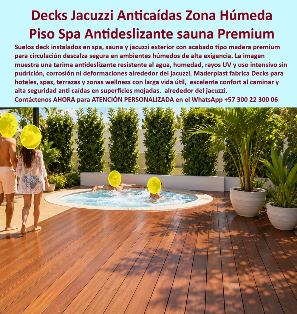 Suelos Deck Anticaídas Spa Sauna Y Jacuzzi Antideslizante Maderplast - La imagen presenta y muestra Decks Jacuzzi Anticaídas Zona Húmeda: Piso Spa Antideslizante Premium para Sauna y Bordes de Jacuzzi En un exclusivo entorno wellness junto a un jacuzzi exterior, el deck WPC Maderplast crea una superficie premium de color madera natural que invita a caminar descalzo con total seguridad. Sus tablones antideslizantes con sistema de drenaje eficiente —juntas espaciadas y estructura elevada— permiten el flujo rápido de agua, evitando encharcamientos incluso en zonas húmedas de alto uso. Esta tarima jacuzzi exterior antideslizante ofrece confort superior, resistencia al agua constante, humedad, UV y tráfico intenso sin pudrición ni deformaciones. Las superficies tradicionales alrededor de jacuzzis, spas y saunas representan un riesgo constante. En zonas húmedas acumulan agua, se vuelven resbaladizas, generan caídas y sufren deterioro rápido por humedad, provocando accidentes, mantenimientos frecuentes y reemplazos prematuros que afectan la experiencia de huéspedes y la imagen del proyecto. El deck borde jacuzzi hotel plástico antideslizante seguro de Maderplast es la solución definitiva para zonas húmedas. Fabricado con composite WPC de alta densidad, este suelo deck jacuzzi anticaídas combina superficie antideslizante premium, drenaje superior y durabilidad extrema. Impermeable, de instalación flotante rápida y cero mantenimiento, garantiza seguridad, confort descalzo y estética elegante durante muchos años, ideal para hoteles, spas, terrazas wellness y áreas de piscina. El Ing. Andrés Felipe Torres, Gerente de Proyectos Paisajísticos del Resort Costa Paraíso, lo confirma: “Instalamos decks WPC Maderplast con sistemas de drenaje en terrazas y bordes de jacuzzis. Tras 14 meses de lluvias intensas, las tarimas drenan perfectamente, permanecen secas y seguras sin mantenimiento. Es la mejor solución para decks duraderos en zonas húmedas.” Maderplast elimina los costos ocultos que hacen que otros materiales, incluso regalados, salen carísimos por reparaciones, riesgos y pérdida de imagen. Con deck sistemas drenaje eficiente exteriores, tarima WPC drenante cero encharcamientos, deck jacuzzi drenaje antideslizante zona húmeda, tarimas flotantes drenaje rápido terrazas y deck WPC drenaje integrado sin pudrición, obtiene la mejor relación calidad-economía y tranquilidad total. Maderplast es la mejor y más viable opción que cumple y supera sus requisitos para decks anticaídas en spa, sauna y jacuzzi. Ofrecemos diseño, fabricación a medida y respaldo técnico comprobado en pruebas de laboratorio extremas. Para asesoría especializada, cotización personalizada y muestras físicas, contáctenos ahora. WhatsApp: +57 300 22 300 06 Deck Borde Jacuzzi Hotel Plástico Antideslizante Seguro Zona Húmeda, Pisos Tarima Jacuzzi Exterior Antideslizante Premium, Suelos Deck Jacuzzi Anticaídas Larga Vida Úti Suelos Deck Anticaídas Spa Sauna Y Jacuzzi Antideslizante Maderplast Deck Borde Jacuzzi Hotel Plástico Antideslizante Seguro Zona Húmeda Pisos Tarima Jacuzzi Exterior Antideslizante Premium Suelos Deck Jacuzzi Anticaídas Larga Vida Úti La imagen presenta y muestra Decks Jacuzzi Anticaídas Zona Húmeda: Piso Spa Antideslizante Premium para Sauna y Bordes de Jacuzzi En un exclusivo entorno wellness junto a un jacuzzi exterior, el deck WPC Maderplast crea una superficie premium de color madera natural que invita a caminar descalzo con total seguridad. Sus tablones antideslizantes con sistema de drenaje eficiente —juntas espaciadas y estructura elevada— permiten el flujo rápido de agua, evitando encharcamientos incluso en zonas húmedas de alto uso. Esta tarima jacuzzi exterior antideslizante ofrece confort superior, resistencia al agua constante, humedad, UV y tráfico intenso sin pudrición ni deformaciones. Las superficies tradicionales alrededor de jacuzzis, spas y saunas representan un riesgo constante. En zonas húmedas acumulan agua, se vuelven resbaladizas, generan caídas y sufren deterioro rápido por humedad, provocando accidentes, mantenimientos frecuentes y reemplazos prematuros que afectan la experiencia de huéspedes y la imagen del proyecto. El deck borde jacuzzi hotel plástico antideslizante seguro de Maderplast es la solución definitiva para zonas húmedas. Fabricado con composite WPC de alta densidad, este suelo deck jacuzzi anticaídas combina superficie antideslizante premium, drenaje superior y durabilidad extrema. Impermeable, de instalación flotante rápida y cero mantenimiento, garantiza seguridad, confort descalzo y estética elegante durante muchos años, ideal para hoteles, spas, terrazas wellness y áreas de piscina. El Ing. Andrés Felipe Torres, Gerente de Proyectos Paisajísticos del Resort Costa Paraíso, lo confirma: “Instalamos decks WPC Maderplast con sistemas de drenaje en terrazas y bordes de jacuzzis. Tras 14 meses de lluvias intensas, las tarimas drenan perfectamente, permanecen secas y seguras sin mantenimiento. Es la mejor solución para decks duraderos en zonas húmedas.” Maderplast elimina los costos ocultos que hacen que otros materiales, incluso regalados, salen carísimos por reparaciones, riesgos y pérdida de imagen. Con deck sistemas drenaje eficiente exteriores, tarima WPC drenante cero encharcamientos, deck jacuzzi drenaje antideslizante zona húmeda, tarimas flotantes drenaje rápido terrazas y deck WPC drenaje integrado sin pudrición, obtiene la mejor relación calidad-economía y tranquilidad total. Maderplast es la mejor y más viable opción que cumple y supera sus requisitos para decks anticaídas en spa, sauna y jacuzzi. Ofrecemos diseño, fabricación a medida y respaldo técnico comprobado en pruebas de laboratorio extremas. Para asesoría especializada, cotización personalizada y muestras físicas, contáctenos ahora. WhatsApp: +57 300 22 300 06