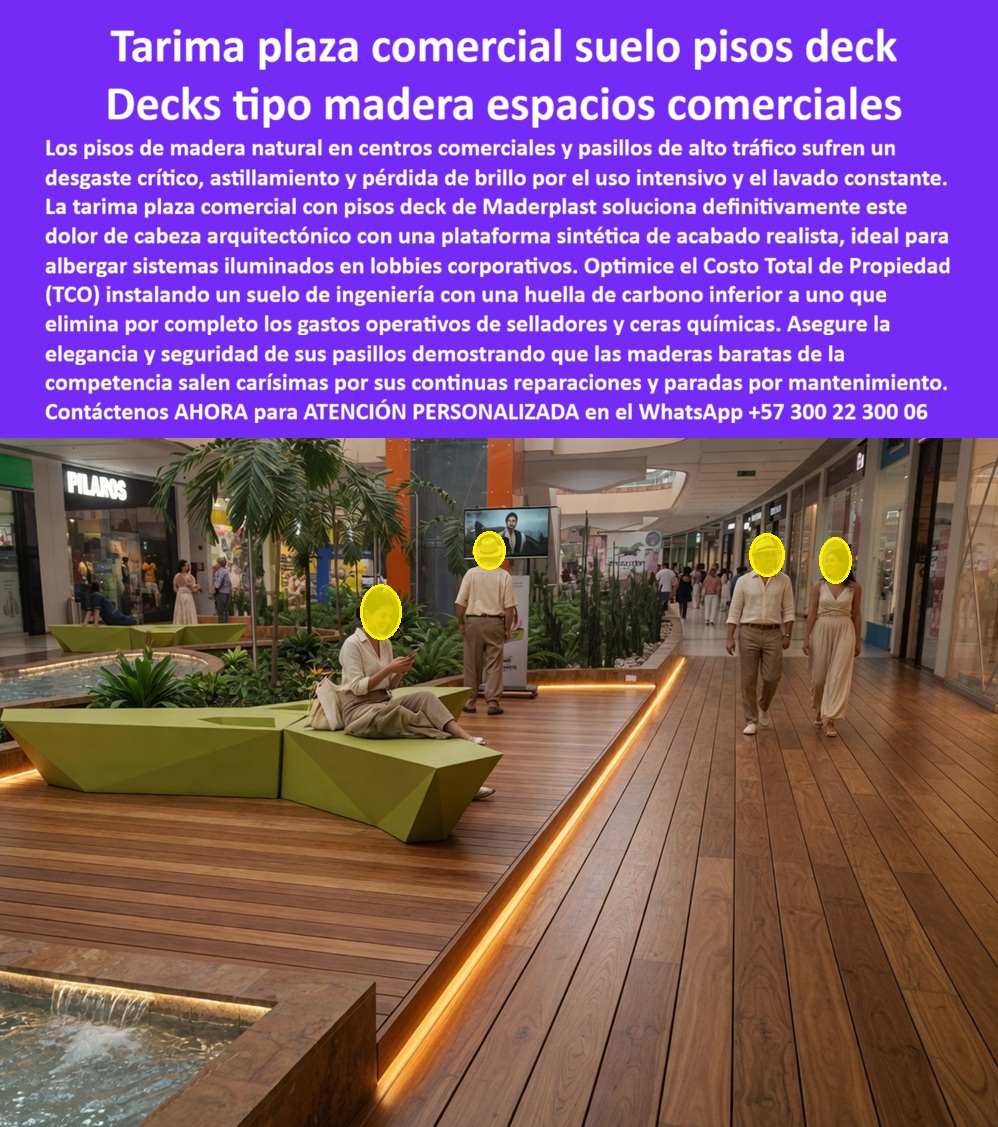 Tarima Plaza Comercial Pisos Deck Decorativos Modernos Maderplast - La imagen presenta y muestra Pisos Decks Senderos Corredores Tarimas Pasarelas Elevadas Maderplast — Deck Corredores Exteriores Resistente Humedad, Caminería WPC Elevada Parque Exterior Decorativa Fácil Instalación, Pasarelas Tipo Deck Caminos Turísticos Exclusivos Pasarela elevada deck WPC color madera natural extendiéndose sobre el mar caribe en un resort tropical de lujo con manglar y arrecife coralino visible bajo el agua cristalina, barandas de madera plástica a ambos lados, logo Maderplast grabado en bajo relieve sobre la tarima, una familia caminando hacia las cabañas del ecohotel y mobiliario de ratán en una zona de descanso integrada al corredor: esa infraestructura que parece sacada de un catálogo de viajes exclusivos es lo que Maderplast diseña, fabrica e instala con servicio llave en mano y garantía superior a veinte años sin mantenimiento en ambiente marino. La pasarela elevada WPC para resort costero sobre mar que muestra esta imagen resiste salinidad permanente, hongos, humedad marina continua y tránsito diario de huéspedes porque su estructura monolítica de madera plástica WPC de núcleo sólido impermeable no absorbe agua salada, no genera pudrición, no requiere barnices ni sellantes y conserva su acabado tipo madera natural con color integral resistente a radiación UV directa temporada tras temporada. El sendero deck ecológico para proyecto ecoturístico, el corredor exterior WPC resistente salinidad marina y el boardwalk madera plástica para malecón turístico eliminan de raíz el problema crónico que destruye la infraestructura de senderos costeros: la madera inmunizada dura apenas catorce meses antes de presentar hongos, tablones levantados por salinidad y tramos cerrados por seguridad que interrumpen la operación y destruyen la experiencia del huésped. Así lo certifica el Ing. Luis Hernández, Gerente de Obra de Eco Hotel Bahía Manglares, quien en septiembre de 2023 reemplazó trescientos veinte metros lineales de pasarela sobre manglar que conectaba cabañas con restaurante y muelle: la versión original en madera inmunizada duró catorce meses antes de colapsar por hongos y pudrición salina, mientras que el deck WPC Maderplast instalado sobre estructura metálica elevada acumula dieciocho meses con marea alta tocando los soportes, brisa salina permanente y tránsito diario registrando cero tablones reemplazados, cero hongos, cero barniz aplicado y un costo total de propiedad a cinco años inferior a la mitad de lo que gastan con madera inmunizada. La caminería elevada deck para hotel de playa, la pasarela WPC sobre manglar para parque natural, el deck sendero peatonal costero sin pudrición, el corredor elevado WPC para ecohotel resistente hongos, la pasarela deck para muelle peatonal turístico, el sendero WPC para zona costera clima tropical, la caminería exterior deck para proyecto turístico llave en mano, la pasarela madera plástica para reserva natural costera, el deck corredor para glamping y resort ecológico, el sendero elevado impermeable para parque temático costero y la pasarela WPC para malecón sin mantenimiento garantía veinte años son variantes del mismo sistema constructivo con huella de carbono certificada inferior a uno, procesos industriales controlados y experiencia comprobada en plásticos técnicos de alto rendimiento para fabricación a medida en Colombia. Los materiales sustitutos baratos resultan carísimos incluso regalados por sus constantes quejas, pudrición prematura, reparaciones de emergencia, cierres de tramos y pérdida de imagen turística que ningún ahorro inicial compensa. Las pruebas extremas de resistencia están documentadas en video en youtube.com/@maderplasSA con fichas técnicas descargables y certificados de laboratorio que respaldan cada especificación. Solicite cotización personalizada, planos, renders o producción en serie en el WhatsApp +57 300 22 300 06 o escriba a ingenieria@maderplast.co, porque cuando se trata de pasarelas tipo deck para caminos turísticos exclusivos, Maderplast es el fabricante que convierte el proyecto más ambicioso en una realidad que el ingeniero firma con total tranquilidad y el huésped recorre con asombro. Deck Tipo Madera Espacios Comerciales Alto Tráfico, Tarima Sintética Iluminadas Lobby Corporativo Edificio Textura Madera Fina, Plataformas Decorativas Iluminadas Pasillos Tarima Plaza Comercial Pisos Deck Decorativos Modernos Maderplast Deck Tipo Madera Espacios Comerciales Alto Tráfico Tarima Sintética Iluminadas Lobby Corporativo Edificio Textura Madera Fina Plataformas Decorativas Iluminadas Pasillos La imagen presenta y muestra Pisos Decks Senderos Corredores Tarimas Pasarelas Elevadas Maderplast — Deck Corredores Exteriores Resistente Humedad, Caminería WPC Elevada Parque Exterior Decorativa Fácil Instalación, Pasarelas Tipo Deck Caminos Turísticos Exclusivos Pasarela elevada deck WPC color madera natural extendiéndose sobre el mar caribe en un resort tropical de lujo con manglar y arrecife coralino visible bajo el agua cristalina, barandas de madera plástica a ambos lados, logo Maderplast grabado en bajo relieve sobre la tarima, una familia caminando hacia las cabañas del ecohotel y mobiliario de ratán en una zona de descanso integrada al corredor: esa infraestructura que parece sacada de un catálogo de viajes exclusivos es lo que Maderplast diseña, fabrica e instala con servicio llave en mano y garantía superior a veinte años sin mantenimiento en ambiente marino. La pasarela elevada WPC para resort costero sobre mar que muestra esta imagen resiste salinidad permanente, hongos, humedad marina continua y tránsito diario de huéspedes porque su estructura monolítica de madera plástica WPC de núcleo sólido impermeable no absorbe agua salada, no genera pudrición, no requiere barnices ni sellantes y conserva su acabado tipo madera natural con color integral resistente a radiación UV directa temporada tras temporada. El sendero deck ecológico para proyecto ecoturístico, el corredor exterior WPC resistente salinidad marina y el boardwalk madera plástica para malecón turístico eliminan de raíz el problema crónico que destruye la infraestructura de senderos costeros: la madera inmunizada dura apenas catorce meses antes de presentar hongos, tablones levantados por salinidad y tramos cerrados por seguridad que interrumpen la operación y destruyen la experiencia del huésped. Así lo certifica el Ing. Luis Hernández, Gerente de Obra de Eco Hotel Bahía Manglares, quien en septiembre de 2023 reemplazó trescientos veinte metros lineales de pasarela sobre manglar que conectaba cabañas con restaurante y muelle: la versión original en madera inmunizada duró catorce meses antes de colapsar por hongos y pudrición salina, mientras que el deck WPC Maderplast instalado sobre estructura metálica elevada acumula dieciocho meses con marea alta tocando los soportes, brisa salina permanente y tránsito diario registrando cero tablones reemplazados, cero hongos, cero barniz aplicado y un costo total de propiedad a cinco años inferior a la mitad de lo que gastan con madera inmunizada. La caminería elevada deck para hotel de playa, la pasarela WPC sobre manglar para parque natural, el deck sendero peatonal costero sin pudrición, el corredor elevado WPC para ecohotel resistente hongos, la pasarela deck para muelle peatonal turístico, el sendero WPC para zona costera clima tropical, la caminería exterior deck para proyecto turístico llave en mano, la pasarela madera plástica para reserva natural costera, el deck corredor para glamping y resort ecológico, el sendero elevado impermeable para parque temático costero y la pasarela WPC para malecón sin mantenimiento garantía veinte años son variantes del mismo sistema constructivo con huella de carbono certificada inferior a uno, procesos industriales controlados y experiencia comprobada en plásticos técnicos de alto rendimiento para fabricación a medida en Colombia. Los materiales sustitutos baratos resultan carísimos incluso regalados por sus constantes quejas, pudrición prematura, reparaciones de emergencia, cierres de tramos y pérdida de imagen turística que ningún ahorro inicial compensa. Las pruebas extremas de resistencia están documentadas en video en youtube.com/@maderplasSA con fichas técnicas descargables y certificados de laboratorio que respaldan cada especificación. Solicite cotización personalizada, planos, renders o producción en serie en el WhatsApp +57 300 22 300 06 o escriba a ingenieria@maderplast.co, porque cuando se trata de pasarelas tipo deck para caminos turísticos exclusivos, Maderplast es el fabricante que convierte el proyecto más ambicioso en una realidad que el ingeniero firma con total tranquilidad y el huésped recorre con asombro.