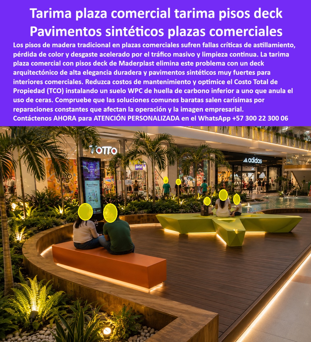 Tarima Plaza Comercial Pisos Deck Decorativos Modernos Maderplast - La imagen presenta una tarima plaza comercial con pisos deck decorativos modernos Maderplast, instalada como una zona premium de descanso, circulación y alto impacto visual dentro de un centro comercial. Este piso deck centro comercial combina apariencia arquitectónica elegante con resistencia operativa para tráfico masivo, limpieza continua, uso diario y exigencia estética permanente. A diferencia de la madera tradicional, que puede astillarse, perder color, deteriorarse por humedad de aseo o exigir mantenimientos repetitivos, el pavimento sintético interior comercial tipo WPC ofrece una solución más estable, durable y rentable para recepción, lobby, food court, retail, zonas comunes y espacios comerciales modernos. Cuando un arquitecto, administrador o comprador técnico busca un deck arquitectónico alto tráfico, realmente necesita un suelo que mantenga buena presentación sin convertirse en una carga de mantenimiento. Por eso Maderplast fabrica tarimas arquitectónicas para zonas comunes, suelo WPC centro comercial, deck interior recepción comercial y piso decorativo retail premium con enfoque de larga vida útil, diseño personalizado y menor costo operativo. La ventaja no está solo en verse bien el primer día; la verdadera diferencia está en conservar imagen, funcionalidad y seguridad durante años de operación comercial intensiva. Este suelo sintético lobby comercial y deck decorativo food court está pensado para proyectos donde la experiencia del visitante importa tanto como la durabilidad del material. En una plaza comercial, el piso no es un simple acabado: comunica orden, modernidad, limpieza, calidad del proyecto y cuidado por el usuario. Por eso un pavimento WPC interior moderno de Maderplast ayuda a evitar reparaciones frecuentes, cierres parciales, pérdida de imagen, quejas por deterioro visible y costos ocultos que normalmente aparecen después de instalar soluciones aparentemente baratas. La mejor alternativa moderna a los pisos de madera para retail premium es un piso comercial resistente, limpio, estable, elegante y fabricado con materiales técnicos que soportan operación constante. Maderplast convierte la idea arquitectónica en una solución real: cotización, personalización, planos, renders, prototipos y fabricación a medida para proyectos comerciales que exigen presentación superior y desempeño confiable. En términos de Costo Total de Propiedad, elegir un deck decorativo centro retail no debe evaluarse sólo por el valor inicial, sino por la reducción de mantenimiento, reposición, desgaste acelerado y pérdida estética. Así lo resume el caso de éxito de una plaza comercial que necesitaba un piso decorativo de alto tráfico con imagen premium y menor intervención operativa: la madera fallaba por desgaste, pérdida estética y mantenimiento; Maderplast entregó un suelo arquitectónico plaza comercial durable, elegante y resistente a limpieza intensiva, logrando mejor presentación, menos intervención y mayor estabilidad operativa. Cuando se trata de tarima plaza comercial moderna, piso elegante alto tráfico comercial y soluciones WPC para interiores comerciales exigentes, Maderplast es el fabricante que convierte espacios comunes en áreas atractivas, duraderas y comercialmente confiables. Atención personalizada WhatsApp +57 300 22 300 06. Pavimentos Sintéticos Para Interiores Comerciales Muy Fuertes, Deck Arquitectónico Centro Comercial Alta Elegancia Duradera, Suelo WPC Centro Comercial Recepción A Tarima Plaza Comercial Pisos Deck Decorativos Modernos Maderplast Pavimentos Sintéticos Para Interiores Comerciales Muy Fuertes Deck Arquitectónico Centro Comercial Alta Elegancia Duradera Suelo WPC Centro Comercial Recepción A La imagen presenta una tarima plaza comercial con pisos deck decorativos modernos Maderplast, instalada como una zona premium de descanso, circulación y alto impacto visual dentro de un centro comercial. Este piso deck centro comercial combina apariencia arquitectónica elegante con resistencia operativa para tráfico masivo, limpieza continua, uso diario y exigencia estética permanente. A diferencia de la madera tradicional, que puede astillarse, perder color, deteriorarse por humedad de aseo o exigir mantenimientos repetitivos, el pavimento sintético interior comercial tipo WPC ofrece una solución más estable, durable y rentable para recepción, lobby, food court, retail, zonas comunes y espacios comerciales modernos. Cuando un arquitecto, administrador o comprador técnico busca un deck arquitectónico alto tráfico, realmente necesita un suelo que mantenga buena presentación sin convertirse en una carga de mantenimiento. Por eso Maderplast fabrica tarimas arquitectónicas para zonas comunes, suelo WPC centro comercial, deck interior recepción comercial y piso decorativo retail premium con enfoque de larga vida útil, diseño personalizado y menor costo operativo. La ventaja no está solo en verse bien el primer día; la verdadera diferencia está en conservar imagen, funcionalidad y seguridad durante años de operación comercial intensiva. Este suelo sintético lobby comercial y deck decorativo food court está pensado para proyectos donde la experiencia del visitante importa tanto como la durabilidad del material. En una plaza comercial, el piso no es un simple acabado: comunica orden, modernidad, limpieza, calidad del proyecto y cuidado por el usuario. Por eso un pavimento WPC interior moderno de Maderplast ayuda a evitar reparaciones frecuentes, cierres parciales, pérdida de imagen, quejas por deterioro visible y costos ocultos que normalmente aparecen después de instalar soluciones aparentemente baratas. La mejor alternativa moderna a los pisos de madera para retail premium es un piso comercial resistente, limpio, estable, elegante y fabricado con materiales técnicos que soportan operación constante. Maderplast convierte la idea arquitectónica en una solución real: cotización, personalización, planos, renders, prototipos y fabricación a medida para proyectos comerciales que exigen presentación superior y desempeño confiable. En términos de Costo Total de Propiedad, elegir un deck decorativo centro retail no debe evaluarse sólo por el valor inicial, sino por la reducción de mantenimiento, reposición, desgaste acelerado y pérdida estética. Así lo resume el caso de éxito de una plaza comercial que necesitaba un piso decorativo de alto tráfico con imagen premium y menor intervención operativa: la madera fallaba por desgaste, pérdida estética y mantenimiento; Maderplast entregó un suelo arquitectónico plaza comercial durable, elegante y resistente a limpieza intensiva, logrando mejor presentación, menos intervención y mayor estabilidad operativa. Cuando se trata de tarima plaza comercial moderna, piso elegante alto tráfico comercial y soluciones WPC para interiores comerciales exigentes, Maderplast es el fabricante que convierte espacios comunes en áreas atractivas, duraderas y comercialmente confiables. Atención personalizada WhatsApp +57 300 22 300 06.