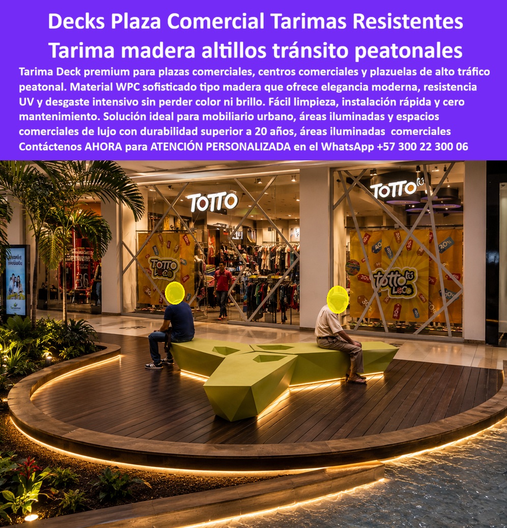 Tarima Plaza Comercial Pisos Deck Decorativos Modernos Maderplast - Esta imagen presenta Tarima Plaza Comercial Pisos Deck Decorativos Modernos Maderplast — Pisos Tipo Tarima Para Centros Comerciales Sofisticados, Deck Plaza Comercial Resistente Tránsito Peatonal Intensivo, Suelo WPC Plazoleta Mall Mobiliario Urbano Iluminado Deck WPC color madera oscura instalado en plazoleta circular elevada de centro comercial con iluminación LED perimetral inferior que dibuja un halo dorado alrededor de la plataforma, banca escultórica geométrica verde donde dos visitantes descansan entre compras, locales Totto iluminados al fondo y un flujo peatonal masivo que pisa diariamente esta superficie sin dejar una sola marca de rayado, desgaste ni decoloración: ese nivel de diseño arquitectónico interior que transforma una zona de paso en un punto focal del mall es exactamente lo que Maderplast fabrica con cortes curvos a medida, instala en horario nocturno sin afectar la operación comercial y garantiza por más de veinte años sin encerado, sin lijado y sin cierre de zona. El deck WPC plazoleta decorativa centro comercial que muestra esta imagen soporta cuarenta mil visitantes diarios, arrastre constante de bolsas de compras, limpieza industrial con máquina rotativa y eventos promocionales con tarimas adicionales montadas sobre el deck porque su formulación de madera plástica WPC de núcleo sólido con color integral permanente no se raya con abrasión mecánica, no pierde brillo bajo iluminación artificial y no requiere tratamientos superficiales de ningún tipo. La tarima para altillo de mall alto tráfico peatonal, el piso deck isla comercial con iluminación LED y el deck curvo para plataforma elevada de centro comercial eliminan la inviabilidad operativa que la madera natural representa en un mall abierto dieciocho horas diarias: encerado semanal imposible sin cerrar áreas, lijado que genera polvo incompatible con locales de ropa y alimentos, y deterioro acelerado que destruye la estética del espacio comercial más valioso del edificio. Así lo certifica el Arq. Miguel Ángel Torres, Director de Diseño Interior de Centro Comercial Plaza Mayor, quien en agosto de 2023 instaló trescientos veinte metros cuadrados de deck WPC Maderplast en la plazoleta circular con desniveles de quince y treinta centímetros: después de veinte meses con tráfico masivo, arrastre de bolsas, limpieza industrial con máquina rotativa y eventos promocionales con tarimas adicionales sobre el deck, el resultado es cero rayado visible, cero decoloración, cero encerado, mientras Maderplast cortó las piezas en curva para ajustar al diseño sin desperdicios, entregó muestras para aprobación de la junta de copropietarios del mall y completó la instalación nocturna en diez días sin afectar la operación comercial. El suelo WPC para zona de descanso de mall moderno, la tarima decorativa para mobiliario urbano centro comercial, el deck WPC resistente tráfico masivo plaza comercial, el piso tarima para plazoleta interior de mall de lujo, el deck para isla central de centro comercial sin encerado, la tarima WPC moldeable formas curvas centro comercial, el piso deck para remodelación de plazoleta comercial, el deck plataforma escalonada mall con retroiluminación, el suelo WPC para corredor y plazoleta de centro comercial, la tarima para espacio público interior de mall premium y el deck decorativo para proyecto comercial llave en mano son variantes del mismo sistema constructivo fabricado con procesos industriales controlados, experiencia comprobada en plásticos técnicos y capacidad de producción a medida en Colombia para centros comerciales, plazas de comidas, islas decorativas y mobiliario urbano iluminado de cualquier escala. Los materiales convencionales resultan carísimos incluso regalados por sus cierres recurrentes, cerrado imposible en horario comercial, deterioro visible que degrada la imagen del mall y pérdida de facturación de locatarios que ningún precio bajo compensa. Las pruebas extremas están documentadas en video en youtube.com/@maderplasSA con fichas técnicas descargables. Solicite cotización, renders o producción en serie en el WhatsApp +57 300 22 300 06 o escriba a ingenieria@maderplast.co, porque Maderplast es la decisión que firma el director de diseño con total tranquilidad sabiendo que la plazoleta que protagoniza el mall lucirá impecable la próxima década sin una sola noche de mantenimiento. Pisos Tipo Tarima Para Centros Comerciales Sofisticados, Deck Plaza Comercial Resistente Tránsito Peatonal Intensivo, Suelo WPC Plazoleta Mall Mobiliario Urbano Iluminado Tarima Plaza Comercial Pisos Deck Decorativos Modernos Maderplast Pisos Tipo Tarima Para Centros Comerciales Sofisticados Deck Plaza Comercial Resistente Tránsito Peatonal Intensivo Suelo WPC Plazoleta Mall Mobiliario Urbano Iluminado Esta imagen presenta Tarima Plaza Comercial Pisos Deck Decorativos Modernos Maderplast — Pisos Tipo Tarima Para Centros Comerciales Sofisticados, Deck Plaza Comercial Resistente Tránsito Peatonal Intensivo, Suelo WPC Plazoleta Mall Mobiliario Urbano Iluminado Deck WPC color madera oscura instalado en plazoleta circular elevada de centro comercial con iluminación LED perimetral inferior que dibuja un halo dorado alrededor de la plataforma, banca escultórica geométrica verde donde dos visitantes descansan entre compras, locales Totto iluminados al fondo y un flujo peatonal masivo que pisa diariamente esta superficie sin dejar una sola marca de rayado, desgaste ni decoloración: ese nivel de diseño arquitectónico interior que transforma una zona de paso en un punto focal del mall es exactamente lo que Maderplast fabrica con cortes curvos a medida, instala en horario nocturno sin afectar la operación comercial y garantiza por más de veinte años sin encerado, sin lijado y sin cierre de zona. El deck WPC plazoleta decorativa centro comercial que muestra esta imagen soporta cuarenta mil visitantes diarios, arrastre constante de bolsas de compras, limpieza industrial con máquina rotativa y eventos promocionales con tarimas adicionales montadas sobre el deck porque su formulación de madera plástica WPC de núcleo sólido con color integral permanente no se raya con abrasión mecánica, no pierde brillo bajo iluminación artificial y no requiere tratamientos superficiales de ningún tipo. La tarima para altillo de mall alto tráfico peatonal, el piso deck isla comercial con iluminación LED y el deck curvo para plataforma elevada de centro comercial eliminan la inviabilidad operativa que la madera natural representa en un mall abierto dieciocho horas diarias: encerado semanal imposible sin cerrar áreas, lijado que genera polvo incompatible con locales de ropa y alimentos, y deterioro acelerado que destruye la estética del espacio comercial más valioso del edificio. Así lo certifica el Arq. Miguel Ángel Torres, Director de Diseño Interior de Centro Comercial Plaza Mayor, quien en agosto de 2023 instaló trescientos veinte metros cuadrados de deck WPC Maderplast en la plazoleta circular con desniveles de quince y treinta centímetros: después de veinte meses con tráfico masivo, arrastre de bolsas, limpieza industrial con máquina rotativa y eventos promocionales con tarimas adicionales sobre el deck, el resultado es cero rayado visible, cero decoloración, cero encerado, mientras Maderplast cortó las piezas en curva para ajustar al diseño sin desperdicios, entregó muestras para aprobación de la junta de copropietarios del mall y completó la instalación nocturna en diez días sin afectar la operación comercial. El suelo WPC para zona de descanso de mall moderno, la tarima decorativa para mobiliario urbano centro comercial, el deck WPC resistente tráfico masivo plaza comercial, el piso tarima para plazoleta interior de mall de lujo, el deck para isla central de centro comercial sin encerado, la tarima WPC moldeable formas curvas centro comercial, el piso deck para remodelación de plazoleta comercial, el deck plataforma escalonada mall con retroiluminación, el suelo WPC para corredor y plazoleta de centro comercial, la tarima para espacio público interior de mall premium y el deck decorativo para proyecto comercial llave en mano son variantes del mismo sistema constructivo fabricado con procesos industriales controlados, experiencia comprobada en plásticos técnicos y capacidad de producción a medida en Colombia para centros comerciales, plazas de comidas, islas decorativas y mobiliario urbano iluminado de cualquier escala. Los materiales convencionales resultan carísimos incluso regalados por sus cierres recurrentes, cerrado imposible en horario comercial, deterioro visible que degrada la imagen del mall y pérdida de facturación de locatarios que ningún precio bajo compensa. Las pruebas extremas están documentadas en video en youtube.com/@maderplasSA con fichas técnicas descargables. Solicite cotización, renders o producción en serie en el WhatsApp +57 300 22 300 06 o escriba a ingenieria@maderplast.co, porque Maderplast es la decisión que firma el director de diseño con total tranquilidad sabiendo que la plazoleta que protagoniza el mall lucirá impecable la próxima década sin una sola noche de mantenimiento.