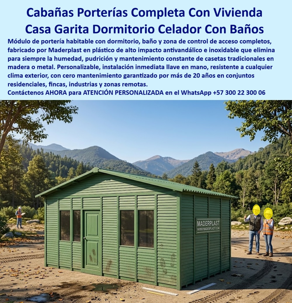 Cabaña De Portería Completa Con Vivienda Casa Celador Maderplast caseta de control con dormitorio Módulo Portería Celador Con Servicios Antivandálica Alta Resistencia Duradera Caseta Vigilancia Habitable Baño Dormitorio Modular Casa