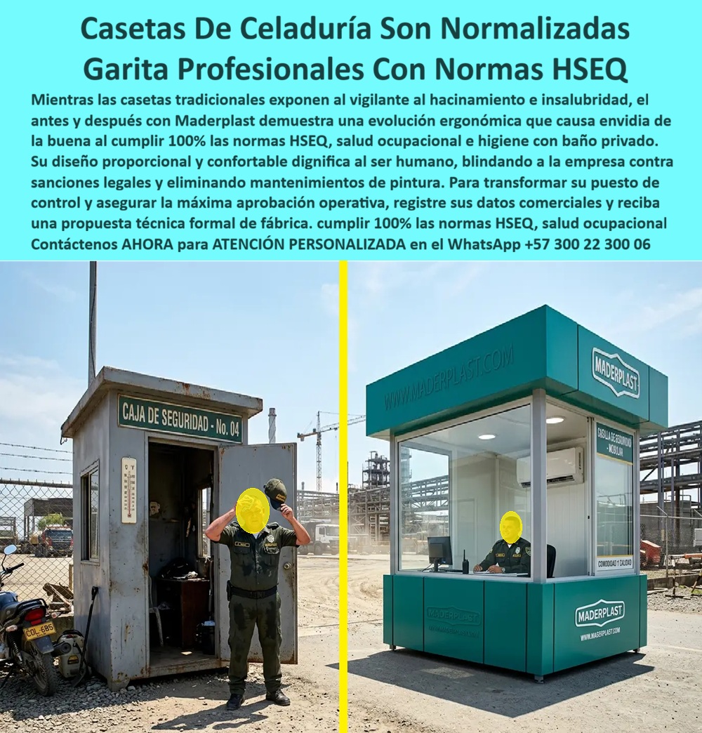 Caseta Celaduría Normalizada Garita Profesional HSEQ Maderplast Garita Celaduría Reglamentaria Amplia Cómoda Con Baño Normas caseta de vigilancia moderna caseta de celaduría ergonómica Garita Amplia Con Baño Locker Puesto Control uv
