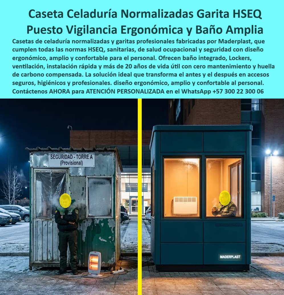 Caseta Celaduría Normalizada Garita Profesional HSEQ Maderplast puesto de vigilancia confortable caseta de vigilancia moderna caseta de celaduría ergonómica Garita Amplia Con Baño Locker Puesto Control Industrial Ergonómico HSEQ