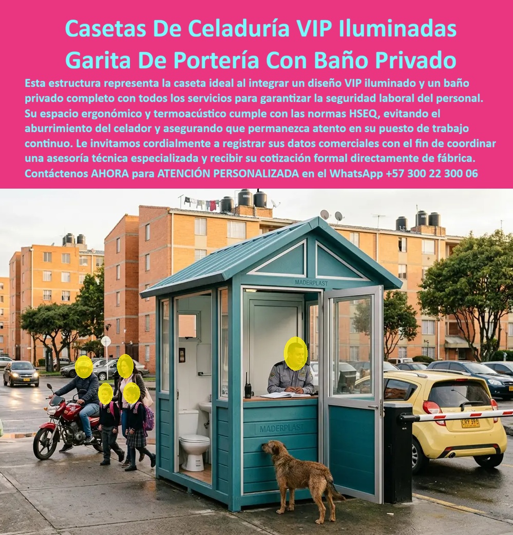 Caseta Celaduría VIP Iluminada Garita Portería Baño Privado Maderplast Puesto De Celaduría VIP Control Acceso Inteligente Caseta Control Acceso Conjunto Cerrado Resistente Impacto Puesto Control Residencial Completo Baño Modular AA