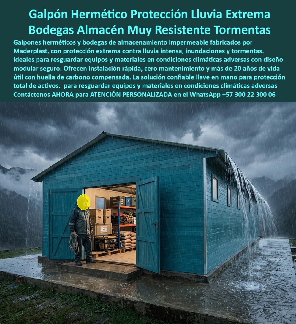 Galpón Hermético Protección Lluvia Extrema Bodega Impermeable Maderplast Box Almacén Impermeable Prefabricado Resistente Tormenta Shelter De Almacenamiento Seguro Resistente A Inundaciones Bodega Galpon Impermeable Agua Prefabricada