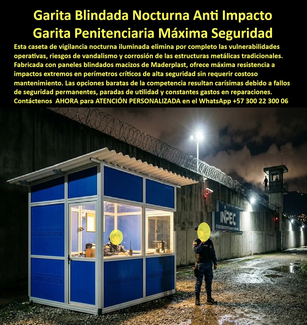 Garitas Blindadas De Seguridad Caseta Nocturna Con Luz Maderplast Caseta Vigilancia Nocturna Iluminada Prefabricada Módulo Vigilancia Carcelaria Resistente Clima Extremo Puesto Vigilancia Reclusorio Modular Personalizado Resistente Int